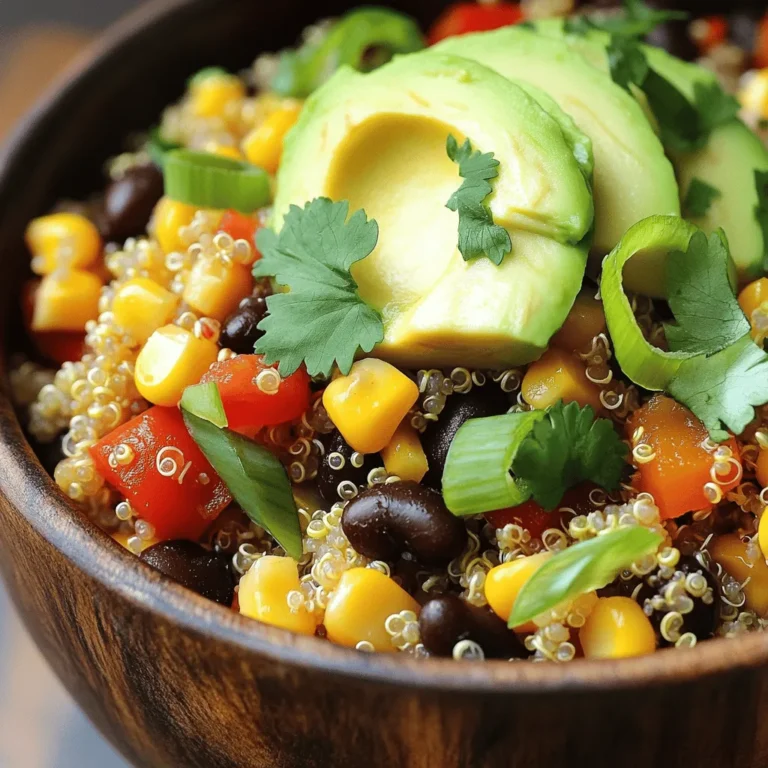 To make a savory quinoa and black bean bowl, gather these fresh ingredients: - 1 cup quinoa, rinsed - 2 cups vegetable broth - 1 can (15 oz) black beans, drained and rinsed - 1 medium red bell pepper, diced - 1 cup corn kernels (fresh or frozen) - 1 medium avocado, sliced - 1/4 cup green onions, chopped - 1 teaspoon cumin - 1 teaspoon smoked paprika - 1 lime, juiced - 2 tablespoons olive oil - Salt and pepper to taste - Fresh cilantro for garnish Each ingredient brings its own flavor. Quinoa provides a nutty base. Black beans add protein and creaminess. The red bell pepper gives sweetness and crunch. Corn adds a pop of color and texture. Avocado contributes richness. Green onions add freshness. The spices make everything taste amazing. You can find the full recipe in the recipe section above. Now, let’s get cooking! Start by rinsing your quinoa. This step removes any bitter taste. In a medium saucepan, combine the rinsed quinoa with vegetable broth. Bring it to a boil over high heat. Then, reduce the heat to low. Cover the pot and let it simmer for about 15 minutes. You know it’s done when the liquid is absorbed and the quinoa is fluffy. To make it even fluffier, let it sit for a few minutes after cooking. Fluff it gently with a fork before adding it to the bowl. While the quinoa cooks, heat olive oil in a large skillet over medium heat. Add diced red bell pepper and corn to the skillet. Cook them for about 5-7 minutes. You want them to soften but still have some crunch. Stir often to avoid burning. This timing will give you a nice texture in your dish. Once ready, it’s time for the next step. Now, stir in the black beans, cumin, and smoked paprika into the skillet. Add salt and pepper to taste. Cook this mixture for an additional 2-3 minutes until heated through. Once the quinoa is ready, fluff it with a fork. Add it to the skillet with the black bean mixture. Drizzle fresh lime juice over everything. Mix until all the ingredients are well combined. Your savory quinoa and black bean bowl is coming together beautifully now! You can follow the [Full Recipe] for more details. To make your Savory Quinoa and Black Bean Bowl shine, you can adjust spice levels. If you like heat, add more cumin or a pinch of chili powder. For a milder taste, use less spice. Taste as you cook. This makes it easy to find your favorite flavor. Best practices for seasoning include using fresh herbs. Fresh cilantro adds a nice touch. Always taste your dish before serving. This way, you can balance salt and pepper to your liking. Using lime juice brightens flavors, making each bite refreshing. Creative bowl assembly can make your dish look stunning. Start with a base of quinoa. Then, layer the black bean mixture on top. Arrange the avocado slices artfully. Add green onions and cilantro last for a fresh touch. Garnishing suggestions include adding a sprinkle of feta cheese. This adds creaminess and a bit of salt. You can also use radish slices or cherry tomatoes for color. Remember, we eat with our eyes first. A beautiful bowl makes a tasty meal even better. One common mistake is overcooking quinoa. When quinoa cooks too long, it becomes mushy. Keep an eye on it while it simmers. It should be fluffy and slightly chewy when done. Another mistake is skipping the rinsing of quinoa. Rinsing removes a bitter coating called saponin. Always rinse your quinoa before cooking to enhance its flavor. This small step makes a big difference in your dish. {{image_2}} You can easily boost the protein in your Savory Quinoa and Black Bean Bowl. Consider adding cooked chicken or crispy tofu for a delicious twist. Both options work well with the other flavors. If you want a cheesy touch, sprinkle feta or shredded cheese on top. This adds creaminess and depth to each bite. This bowl is great for all diets. For vegetarians, keep the cheese add-ins. For vegans, skip the cheese or use a plant-based version. You can also mix in other veggies if you want. Try diced zucchini, roasted sweet potatoes, or fresh spinach. These changes keep the meal colorful and fun. Elevate your bowl with interesting dressings or sauces. A drizzle of tahini or a simple vinaigrette can add zest. You can also experiment with spices. Try adding chili powder, garlic powder, or even a dash of hot sauce. These small changes can create new flavors you’ll love. For the full recipe, check the detailed instructions above. To keep your Savory Quinoa and Black Bean Bowl fresh, use airtight containers. Glass containers work well because they are safe for the fridge and microwave. You can also use BPA-free plastic containers. Store your leftovers in the fridge for up to four days. If you want to keep them longer, freeze the quinoa and black bean mix. It can last up to three months in the freezer. When you’re ready to eat, reheating your bowl is easy. The best method is to use the microwave. Place the bowl in a microwave-safe dish and add a splash of water. Cover it with a damp paper towel to keep it moist. Heat in short bursts, stirring in between to keep the texture just right. You can also reheat it on the stove. Add a little olive oil to a pan, then add your quinoa mix. Stir it over low heat until warm. This method helps maintain the flavor and texture of your dish. Enjoy your meal just as much the second time around! Yes, you can meal prep this dish. It stores well in the fridge. Divide it into individual portions. Use airtight containers to keep it fresh. This dish lasts about four days in the fridge. Just reheat before eating. If you want a substitute for quinoa, try brown rice or farro. Both have a nice texture. You can also use couscous or bulgur for a quick option. Each grain will change the flavor a bit, but they work well. Yes, this recipe is gluten-free. All the ingredients are safe for those with gluten allergies. Quinoa, black beans, and vegetables contain no gluten. You can enjoy this meal without worry. This bowl is packed with nutrients. Each serving has about 400 calories. It offers protein, fiber, and healthy fats. You get carbs from quinoa and beans. This makes it a balanced meal. To add spice, try adding chopped jalapeños. You can also use chili powder or hot sauce. If you like it really hot, add cayenne pepper to the mix. Adjust to your taste for the right kick. This bowl recipe combines healthy ingredients like quinoa, black beans, and veggies. You learned how to cook quinoa, sauté vegetables, and mix flavors with lime. I shared tips for a delicious finish and ways to change the dish to suit your taste. Remember, proper storage keeps it fresh for longer. Meal prepping makes it easy to enjoy anytime. With so many flavors and options, this bowl is a hit. Make it your own and enjoy every bite!