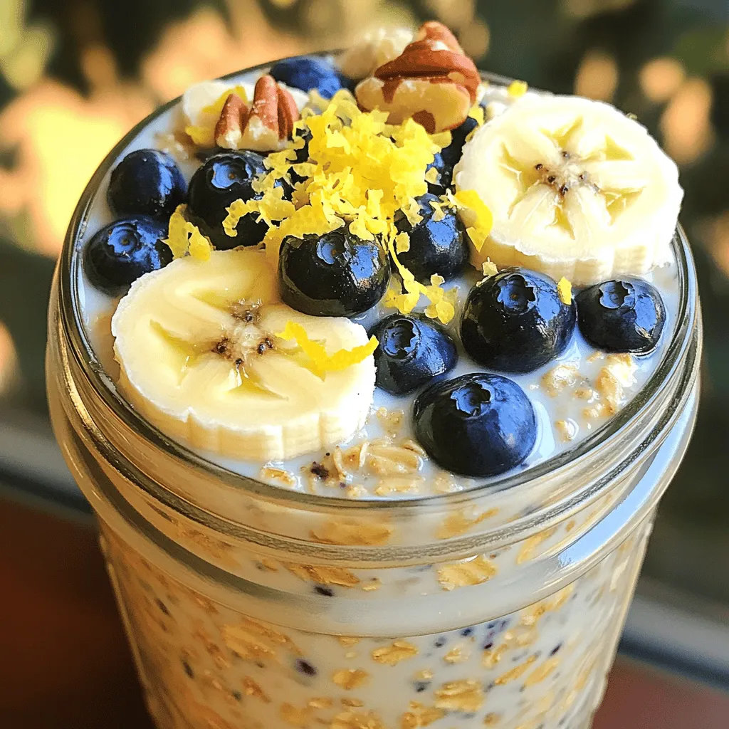 To make the best lemon blueberry overnight oats, you need a few key ingredients. These will give your oats a zesty kick and a burst of flavor. Here’s what you’ll need: - 1 cup rolled oats - 1 ½ cups almond milk (or any milk of choice) - 1 tablespoon chia seeds - 1 tablespoon maple syrup (or honey) - Zest of 1 lemon - ¼ teaspoon vanilla extract - 1 cup fresh blueberries - Pinch of salt These ingredients work together to create a creamy and tasty dish. The oats soak up the almond milk and flavors overnight. The chia seeds add a nice texture and help thicken the mixture. While the base recipe is great, you can make it even better with some toppings. Here are some tasty options: - Sliced bananas - Nuts, like almonds or walnuts - Seeds, such as pumpkin or sunflower - More fresh blueberries Feel free to mix and match to find your favorite combo. These toppings add crunch and extra nutrients. They also make your oats look beautiful and colorful. Now, let’s talk about why this dish is a smart choice. Each serving of these lemon blueberry overnight oats is packed with nutrients. Here’s a quick breakdown: - Calories: About 300-350 per serving - Protein: Around 10 grams - Fiber: Approximately 8 grams - Healthy fats: Provided by chia seeds and nuts This dish is great for breakfast or a snack. It keeps you full and gives you energy. Plus, it’s easy to prepare and can be stored in the fridge. For the full recipe, check out the details above! Start by gathering your ingredients. You will need rolled oats, chia seeds, and a pinch of salt. In a medium bowl, combine 1 cup of rolled oats, 1 tablespoon of chia seeds, and a pinch of salt. This mix forms the base of your overnight oats. In another bowl, whisk together your wet ingredients. You’ll need 1 ½ cups of almond milk, 1 tablespoon of maple syrup, the zest of 1 lemon, and ¼ teaspoon of vanilla extract. Blend these until they mix well. Pour this mixture over your dry ingredients. Stir until all the oats are coated and happy. Gently fold in 1 cup of fresh blueberries, saving a few for later. Now it’s time to store your oats. Divide the mixture into two or three mason jars or airtight containers. Seal them tight and place them in the fridge. Let them chill overnight, or for at least four hours. This soaking time helps the oats absorb the liquid. In the morning, give the oats a stir. Add a splash of almond milk if you want a creamier texture. Top with extra blueberries, sliced bananas, or nuts for some crunch. Enjoy the fresh flavors of your lemon blueberry overnight oats! You can find the full recipe above for more details. To get the best texture in your Lemon Blueberry Overnight Oats, focus on the oats. Use rolled oats, not quick oats. Rolled oats soak up the liquid well and stay chewy. The chia seeds help make the oats creamy. After mixing, let them sit in the fridge overnight. This allows the oats to absorb the milk fully. In the morning, stir the mixture well. If it’s too thick, add a little more milk to reach your desired creaminess. Sweetness is key to enjoying your oats. I recommend starting with one tablespoon of maple syrup. If you like it sweeter, add more syrup or honey. You can also try mashed banana for natural sweetness. Taste your mix before it chills. This way, you can adjust it to your liking. Remember, the blueberries add their own sweetness too, so keep that in mind. For best results, use mason jars or airtight containers. These keep your oats fresh and tasty. Glass jars work great for easy cleaning and reuse. If you’re on the go, choose containers with tight lids. This helps prevent spills in your bag. Store them in the fridge for up to three days. Just grab and go in the morning! For the full recipe, check out the details above. {{image_2}} You can easily change the fruit in your overnight oats. Swap blueberries for strawberries or raspberries. Peaches or mangoes add a sweet twist. Each fruit gives a new flavor and color. Try mixing fruits for a fruity surprise. For example, lemon and raspberry together are fantastic. If you want to avoid dairy, use plant milk. Almond milk works well, but you can try oat or coconut milk too. Each milk type adds a unique taste. If you want creaminess, go for oat milk. It makes your oats rich and smooth. You can add fun flavors beyond lemon and blueberry. Try adding a dash of cinnamon or nutmeg for warmth. A spoon of cocoa powder can turn them into a chocolate delight. If you want a tropical vibe, add coconut flakes. Mix and match flavors to find your favorite. For the complete recipe, check out the Full Recipe section. To keep your lemon blueberry overnight oats fresh, always store them in airtight containers. I prefer mason jars because they seal well and look nice. Make sure to chill them in the fridge right after prepping. This way, the oats soak up all the flavors. You can enjoy your overnight oats for up to five days in the fridge. I recommend eating them within three days for the best taste. If you notice any changes in smell or texture, it’s best to toss them out. Always trust your senses. Freezing overnight oats is a great idea for meal prep. You can freeze them for up to three months. Just make sure to leave some space in the container for expansion. When you're ready to eat, move them to the fridge the night before. They will thaw and be ready by morning. You can also warm them up in the microwave if you prefer them warm. For the full recipe, check out the details above! Serve these oats cold for a refreshing breakfast. You can eat them straight from the jar. Add fresh blueberries on top for color and taste. A sprinkle of nuts or seeds gives a nice crunch. You can also add sliced bananas for extra sweetness. Yes, you can easily make these oats vegan. Use almond milk or any plant-based milk. Replace honey with maple syrup to keep it vegan. All the other ingredients are already plant-based. This way, everyone can enjoy this tasty meal. To keep your oats from getting too soggy, use the right oats. Rolled oats absorb liquid slowly, so they work best. You can also adjust the milk amount. If you want thicker oats, use less milk. Make sure to seal your jars tightly, too. These oats last about three to five days in the fridge. Store them in airtight containers. This keeps them fresh and tasty. Just remember to check for any changes in smell or color before eating. Yes, you can eat the oats warm if you prefer. Just microwave them for 30 to 60 seconds. Stir well before eating to warm them evenly. You may want to add a splash of milk if they seem too thick. You can add many fruits, like strawberries, raspberries, or peaches. These fruits pair well with the lemon and blueberry flavors. Just chop them up and mix them in before refrigerating. Try different fruits to find your favorite combo. To make your oats more filling, add a tablespoon of nut butter. Almond or peanut butter adds protein and creaminess. You can also add more chia seeds for extra fiber. These additions help keep you full longer. Yes, frozen blueberries work well in this recipe. They are great when fresh berries are not in season. Just add them straight from the freezer. They will thaw overnight and still taste delicious. Lemon blueberry overnight oats are easy and fun to make. You learned about essential ingredients, prep steps, and ways to enhance flavors. Remember to experiment with toppings and storage tips for the best taste and texture. This dish is versatile, allowing for fruit swaps and different milks. Enjoy your tasty breakfast packed with nutrition. You can customize it to fit your needs, making mornings brighter and healthier!