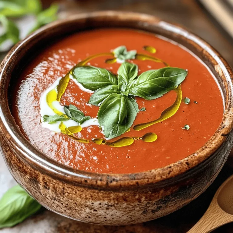 To make creamy tomato basil soup, you will need: - 2 tablespoons olive oil - 1 medium onion, chopped - 2 cloves garlic, minced - 1 can (28 ounces) crushed tomatoes - 2 cups vegetable broth - 1 teaspoon sugar - Salt and pepper to taste - 1 cup heavy cream - 1 cup fresh basil leaves, chopped - 1 teaspoon dried oregano - A pinch of red pepper flakes (optional) These ingredients work together to create a rich and flavorful base. The olive oil gives depth, while the onions and garlic add a sweet, savory note. Fresh basil is the star here. Its sweet and slightly peppery taste brightens the soup. When you add it at the end of cooking, it keeps its fresh flavor. You can also use parsley or thyme if you like. They add an earthy tone that blends well with tomatoes. For an extra creamy texture, you can add more heavy cream or even some cream cheese. If you want a bit of spice, toss in a pinch of red pepper flakes. You can also add cooked pasta or rice for a heartier meal. Each of these options enhances the soup's flavor and texture. For the Full Recipe, check below! First, gather all your ingredients. This makes cooking smooth and fun. You will need: - 2 tablespoons olive oil - 1 medium onion, chopped - 2 cloves garlic, minced - 1 can (28 ounces) crushed tomatoes - 2 cups vegetable broth - 1 teaspoon sugar - Salt and pepper to taste - 1 cup heavy cream - 1 cup fresh basil leaves, chopped - 1 teaspoon dried oregano - A pinch of red pepper flakes (optional) Chop the onion and mince the garlic. These steps help build flavor. Measure out the other ingredients to keep things neat. In a large pot, heat the olive oil over medium heat. Add the chopped onion. Sauté the onion until it turns soft and clear, about five minutes. Then, stir in the minced garlic. Cook for one more minute. This brings out the garlic's strong scent. Next, pour in the crushed tomatoes and vegetable broth. Add the sugar, salt, and pepper. These ingredients create a rich base. Stir to mix everything well. Now, bring the mixture to a simmer. Reduce the heat and let it cook for twenty minutes. This time allows all the flavors to blend together. After twenty minutes, take the pot off the heat. Carefully blend the soup with an immersion blender. If you don’t have one, you can use a stand blender in batches. Blend until the soup is smooth. This step makes the soup creamy. Return the smooth soup to the pot. Stir in the heavy cream, chopped basil, dried oregano, and red pepper flakes if you want some heat. Heat the soup gently over low heat. Stir from time to time until it is warm. Taste and adjust the seasoning with salt and pepper as needed. Serve the soup hot. You can garnish it with more basil leaves or a swirl of cream. For the full recipe, check the link! Choose the best ingredients for creamy tomato basil soup. Use ripe, high-quality tomatoes. Fresh tomatoes give a bright flavor, but canned crushed tomatoes work well too. Look for tomatoes packed in juice or puree. Fresh basil adds a lovely aroma and taste. Always pick vibrant green leaves. For creaminess, use heavy cream for the best texture. If you want a lighter option, consider half-and-half. For a smooth and creamy soup, blending is key. After cooking, use an immersion blender. This tool helps you blend right in the pot. If you don’t have one, use a regular blender in batches. Make sure to blend until completely smooth. If your soup is too thick, add more vegetable broth. If too thin, simmer it longer to reduce. Always stir while heating to avoid sticking. Serve creamy tomato basil soup hot for the best taste. A drizzle of olive oil adds richness. Garnish with fresh basil leaves for a pop of color. You can also add a swirl of cream for a fancy touch. Pair the soup with crusty bread or a grilled cheese sandwich. These sides make the meal even more satisfying. For a fun twist, top with croutons or a sprinkle of cheese. Enjoy your delicious creation! {{image_2}} If you want a dairy-free or vegan version, swap the heavy cream with coconut milk. This change keeps the soup rich and creamy without dairy. You can also use cashew cream for a nutty touch. Make sure to check the broth, too. Choose a vegetable broth that is free from animal products. Want to add some heat? Stir in a pinch of cayenne or more red pepper flakes. You can also toss in some chopped jalapeños for a fresh kick. If you prefer, add a splash of hot sauce just before serving. Each of these options gives the soup a unique kick, while still keeping its classic charm. Feel free to make this soup your own. Swap crushed tomatoes for diced tomatoes or even fresh tomatoes. You can also try adding a splash of balsamic vinegar for a sweet tang. If you like a smoother texture, blend in some cooked carrots or red bell peppers. Every change adds a new layer of flavor to your creamy tomato basil soup. For more ideas and details, check out the Full Recipe. After making creamy tomato basil soup, let it cool. Store the soup in an airtight container. Place it in the fridge within two hours of cooking. It will last for about three to four days. This keeps it fresh and tasty. If you want to keep the soup longer, consider freezing it. Pour the cooled soup into freezer-safe containers. Leave some space at the top for expansion. Label each container with the date. You can freeze it for three months without losing flavor. To reheat, take the soup out of the fridge or freezer. If frozen, thaw it overnight in the fridge. Heat it on the stove over low to medium heat. Stir it often for even heating. You can add a splash of cream to bring back its rich taste. Enjoy your soup warm! You can thicken creamy tomato basil soup in a few ways. First, use less broth. This will make the soup richer. Second, blend in more cream. Heavy cream adds both thickness and a nice taste. Lastly, you can add a starch. A spoonful of cornstarch mixed with water works well. Heat it in the soup until it thickens. Absolutely! Fresh tomatoes can make the soup taste amazing. Use ripe tomatoes for the best flavor. You will need about 2 pounds of fresh tomatoes. Blanch and peel them first. Then chop them before adding to the pot. They may take longer to cook down, but the taste will be worth it. Creamy tomato basil soup pairs well with many dishes. A classic grilled cheese sandwich is a great choice. The crunch of the bread complements the smooth soup. A fresh salad also works nicely. You can add a simple Caesar or mixed green salad for balance. For a heartier option, serve it with a warm baguette. This soup is rich and satisfying. Each serving has about 400 calories. It contains 30 grams of fat, mostly from cream. The soup also offers 10 grams of protein and 20 grams of carbs. It provides vitamins A and C from the tomatoes and basil. Use low-fat cream to reduce calories if needed. You can find the Full Recipe for creamy tomato basil soup in this article. It includes all the steps and tips you need to make this dish perfectly. This blog post covered how to make a delicious creamy tomato basil soup. We explored key ingredients, fresh herbs, and optional add-ins for richer flavor. I provided steps for prep, cooking, and finishing touches to create a perfect base. Tips on ingredient choice and consistency helped enhance your dish. You learned fun variations, storage tips, and answers to common questions. Enjoy experimenting with your soup and savor each bowl!
