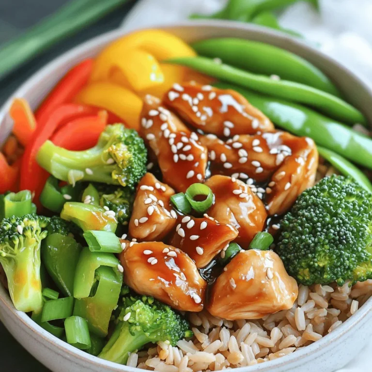 To make a tasty teriyaki chicken bowl, you need some basic ingredients. Here’s what you’ll need: - 2 large chicken breasts, sliced into bite-sized pieces - 1 cup broccoli florets - 1 cup bell peppers, sliced (red, yellow, or orange) - 1 cup snap peas - 2 cups cooked brown rice - ¼ cup soy sauce (low-sodium preferred) - 2 tablespoons honey - 1 tablespoon sesame oil - 1 tablespoon rice vinegar - 2 garlic cloves, minced - 1 teaspoon fresh ginger, minced - 1 tablespoon cornstarch mixed with 2 tablespoons water (for thickening the sauce) - Sesame seeds for garnish - Green onions, sliced for garnish These ingredients come together to create a delicious meal. The chicken gives protein, while the veggies add color and crunch. The sauce ties it all together with sweet and savory flavors. You can add more fun with extra ingredients and garnishes. Consider these options: - Carrots, shredded or sliced - Cabbage, thinly sliced - Edamame, shelled - Avocado, sliced - Nori sheets, cut into strips These extras bring new textures and flavors. You can mix and match to suit your taste. Feeling creative? You can customize your teriyaki bowls even more. Here are some ideas: - Use tofu instead of chicken for a vegetarian option. - Swap brown rice for quinoa or cauliflower rice. - Try different sauces, like sweet chili or hoisin sauce. - Add hot sauce if you like some heat. Customization makes your meal unique. Don’t hesitate to experiment with different ingredients. The possibilities are endless! If you want to see the full recipe, check the section above. First, gather your ingredients. You will need soy sauce, honey, sesame oil, rice vinegar, garlic, and ginger. In a medium bowl, whisk these together. This sauce gives your chicken a sweet, savory flavor. Set it aside for now. Next, heat a large skillet or wok over medium-high heat. Add a small amount of oil. Once hot, add the sliced chicken pieces. Cook them for about 5 to 7 minutes. You want them browned and fully cooked. Once done, remove the chicken from the skillet and set it aside. Now, in the same skillet, add your broccoli, bell peppers, and snap peas. Stir-fry these for about 3 to 4 minutes. You want them to be tender but still crunchy. This keeps the bright colors and fresh taste. Return the cooked chicken to the skillet. Pour the teriyaki sauce over the chicken and vegetables. Stir well to coat everything. Next, add the cornstarch mixture to thicken the sauce. Cook for another 2 to 3 minutes. This helps the sauce stick to the ingredients. To serve, put a scoop of cooked brown rice in each bowl. Top with the teriyaki chicken and veggies. Finally, garnish with sesame seeds and sliced green onions. Enjoy your tasty meal! For the complete details, check the Full Recipe. To make your teriyaki chicken bowls pop, focus on your sauce. Use fresh ingredients like garlic and ginger. They add a punch of flavor! Also, let your chicken marinate in the sauce for 30 minutes. This soak time lets the flavors seep in. If you can, use low-sodium soy sauce. It keeps the dish tasty without being too salty. Cooking chicken can be simple if you follow a few tips. First, cut your chicken into small pieces. This helps it cook evenly. Use a hot skillet or wok. This creates a nice sear on the chicken. Searing gives your meat a great flavor and texture. Cook until the chicken is golden brown and no longer pink inside. That should take about 5-7 minutes. Cooking brown rice can be tricky, but it's easy with the right steps. Start by rinsing the rice under cold water. This removes excess starch and helps it cook better. Then, use a ratio of 1 part rice to 2 parts water. Bring the water to a boil before adding the rice. Cover the pot and lower the heat. Let it simmer for about 45 minutes. Afterward, let it sit for 10 minutes before fluffing with a fork. Perfect brown rice makes your teriyaki chicken bowls complete! {{image_2}} You can easily make teriyaki bowls vegetarian or vegan. Swap chicken for tofu. Use firm tofu for the best texture. Press it to remove excess water, then cut it into cubes. Marinate it in the same teriyaki sauce. Cook it until golden and crispy. You can also use tempeh or seitan for added protein. For veggies, add mushrooms or eggplant. They soak up the sauce well. If you want different proteins, try shrimp or salmon. Shrimp cooks quickly and adds great flavor. Just toss it in the skillet after the veggies. Salmon gives a rich taste. Cook it skin-side down to keep it moist. You can even use grilled chicken thighs for a juicier option. Each protein brings its own twist to the teriyaki experience. You can switch up the flavor by using different sauces. Try hoisin sauce for sweetness and depth. Sriracha adds a spicy kick if you like heat. Add peanut sauce for a nutty twist. You can also mix in orange juice for a citrusy touch. Experiment with these sauces to find your favorite flavor. Each variation makes the bowl unique and fun. For more ideas, check out the Full Recipe. To keep your teriyaki chicken bowls fresh, let them cool first. Then, place them in a sealed container. Store the bowls in the fridge. They stay good for up to three days. Make sure to keep the chicken and rice separate if possible. This helps keep everything fresh and tasty. When you are ready to eat your leftovers, reheating is key. The best way is to use the microwave. Place the food in a microwave-safe bowl. Cover it with a damp paper towel. Heat on medium for about two minutes. Stir halfway through to ensure even heating. You can also reheat it on the stove. Add a splash of water to keep it moist. If you want to save some for later, freezing works great. Pack the teriyaki chicken and rice in separate containers. Use airtight bags or containers to prevent freezer burn. Label them with the date. They can last up to three months in the freezer. When you are ready to eat, thaw it overnight in the fridge before reheating. This method keeps the flavors intact. The best rice for teriyaki chicken bowls is brown rice. It has a nutty flavor and chewy texture. It also adds fiber, making your meal more filling. White rice works too, but brown rice is healthier. You can also try jasmine rice for a fragrant option. Yes, you can make teriyaki chicken in advance! Cook the chicken and veggies, then store them in the fridge. The flavors blend well if you let it sit overnight. Just reheat the dish when you are ready to eat. This saves time on busy days and is great for meal prep. To adjust the recipe for more servings, simply double or triple the ingredients. Make sure to keep the same ratios for the sauce. If you need to cook larger amounts, use a bigger pan. This way, everything cooks evenly. You can find the Full Recipe for Teriyaki Chicken Bowls in the earlier sections of this article. It contains all the details you need to make this dish. Enjoy cooking and make it your own! Teriyaki chicken bowls are easy to make and delicious. We covered the key ingredients, from the main chicken to tasty garnishes. You learned how to prepare the sauce and cook everything perfectly. We also explored tips for flavor and storage options for leftovers. Remember, you can customize these bowls easily with different proteins or sauces. Enjoy making your own teriyaki chicken bowl and have fun with it!
