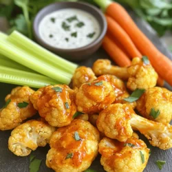 - Cauliflower: Choose one large head. Cut it into bite-sized florets for easy eating. - Flour options: Use one cup of all-purpose flour or chickpea flour for a gluten-free option. - Plant-based milk options: Almond or soy milk works best. You need one cup for the batter. - Garlic powder: One teaspoon adds a nice kick of flavor. - Onion powder: One teaspoon gives depth to the taste. - Smoked paprika: One teaspoon brings warmth and a hint of smokiness. - Buffalo sauce: You can use store-bought or make your own. One cup is perfect for coating. - Vegan butter: Two tablespoons, melted, makes the sauce rich and smooth. - Accompaniments: Serve with fresh celery and carrot sticks. Don’t forget vegan ranch dressing for dipping. These ingredients come together to create a delicious and simple dish. You’ll love how easy it is to make vegan cauliflower buffalo wings. For the full recipe, check out the details above. To start, take your large head of cauliflower. Cut it into bite-sized florets. Make sure the pieces are even. This helps them cook evenly. Rinse the florets under cold water. Pat them dry with a clean towel. Dry florets hold batter better. In a large mixing bowl, combine the dry and wet ingredients. Add 1 cup of flour to the bowl. You can use all-purpose flour or chickpea flour. Then, pour in 1 cup of plant-based milk. Add 1 teaspoon each of garlic powder, onion powder, and smoked paprika. Don’t forget 1 teaspoon of salt and 1/2 teaspoon of black pepper. Whisk the mixture until it is smooth and free of lumps. Now, preheat your oven to 450°F (232°C). Line a baking sheet with parchment paper. Dip each cauliflower floret into the batter. Make sure they are well-coated. Shake off the extra batter. Place them on the baking sheet in a single layer. Bake the cauliflower wings for 25-30 minutes. Turn them halfway through for even cooking. You want them golden and crispy. While the wings bake, mix 1 cup of buffalo sauce with 2 tablespoons of melted vegan butter. Stir until well blended. Once the wings are done baking, remove them from the oven. Toss the hot wings in the buffalo sauce mixture. Ensure they are evenly coated. Return them to the baking sheet for another 10-15 minutes. This will set the sauce. Enjoy your delicious wings! For the full recipe, check out the Spicy Vegan Cauliflower Buffalo Wings recipe. To get your cauliflower wings crispy, follow these steps: - Preheat your oven to 450°F (232°C). A hot oven helps to crisp the batter. - Use parchment paper on your baking sheet. It prevents sticking and aids in even cooking. - Spread the wings out in a single layer. Crowding them can lead to soggy wings. - Flip halfway through cooking. This ensures both sides get golden brown. - Bake longer if needed. If they are not crispy enough, add a few more minutes. If you need to tweak the recipe, here are some good swaps: - Flour: Use chickpea flour instead of all-purpose flour for gluten-free wings. - Milk: Almond or soy milk works well. Choose your favorite plant-based milk. - Buffalo sauce: Many brands offer vegan options, but you can also make your own. Adjust the spice in your wings to fit your taste: - Buffalo sauce: Start with a mild sauce if you prefer less heat. You can always add more later. - Extra spices: Consider adding cayenne pepper for more heat or smoked paprika for a smoky flavor. - Taste as you go: Mix the sauce and taste it before tossing the wings. This way, you can control the heat perfectly. For the complete recipe, check out the Full Recipe section. Enjoy your cooking adventure! {{image_2}} You can change up the flavor of your cauliflower wings easily. Instead of buffalo sauce, try teriyaki sauce for a sweet and savory twist. BBQ sauce also works well and gives a smoky flavor. These sauces add new tastes while keeping the dish fun and exciting. If you need a gluten-free version, use chickpea flour instead of all-purpose flour. Chickpea flour gives a nutty taste and crisp texture. Always check the labels on your sauces to ensure they are gluten-free, too. This way, you can enjoy the wings without worry. You can add other veggies to your wings for extra crunch. Try adding sliced bell peppers or broccoli florets. You can also mix in spices like cayenne pepper for heat or nutritional yeast for a cheesy flavor. These additions make your wings even more delicious and interesting. Explore the [Full Recipe] for more on how to make these tasty treats! To keep your cauliflower wings fresh, store them in an airtight container. Place parchment paper between layers to avoid sticking. They will stay good for about three days in the fridge. If you want to maintain their crispy texture, avoid covering them tightly. For the best reheating, use an oven. Preheat it to 350°F (175°C). Place the wings on a baking sheet. Heat them for about 10-15 minutes until they are crispy again. You can also use an air fryer for a quick crisp. Set it to 350°F (175°C) and heat for about 5-7 minutes. To freeze the wings, place them in a single layer on a baking sheet. Freeze until solid, then transfer them to a freezer bag. They can last up to three months. When ready to eat, thaw them overnight in the fridge. Bake or air fry until hot and crispy. Yes, you can prep these wings ahead of time. Cut the cauliflower and mix the batter. Store the cauliflower florets in the fridge. When you're ready, just dip in the batter and bake. You can also bake them ahead, let them cool, and store them in an airtight container. Reheat in the oven before serving for a crispy texture. These wings taste great with several sides. Here are some ideas: - Fresh celery sticks - Carrot sticks - Vegan ranch dressing - Hummus - Guacamole - A fresh salad These sides balance the spice and add refreshing flavors. The spice level can vary. The buffalo sauce you choose makes a big difference. If you want less heat, use a mild sauce or mix it with some vegan mayo. You can also adjust the amount of sauce you use. Start with a little and add more if you want extra heat. For the detailed Spicy Vegan Cauliflower Buffalo Wings recipe, check out the [Full Recipe]. In this article, we covered the key steps to making spicy vegan cauliflower buffalo wings. We discussed the main ingredients, flavor enhancers, and how to prepare and bake the cauliflower. You learned ways to customize the spice level and explore different sauces for unique flavors. Remember, tweaking these recipes to fit your taste makes them even better. Dive in and enjoy your creation!