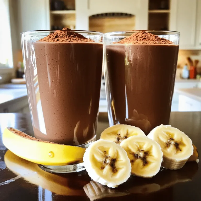 Let's dive into the tasty parts of this Chocolate Banana Smoothie. Here’s what you’ll need to whip up this rich and creamy treat: - 2 ripe bananas - 1 cup unsweetened almond milk - 2 tablespoons raw cocoa powder - 1 tablespoon honey or maple syrup - 1 tablespoon peanut butter - 1 teaspoon vanilla extract - A pinch of cinnamon - Ice cubes (optional) These ingredients come together to create a delicious and satisfying drink. Ripe bananas add natural sweetness and creaminess. Almond milk gives it a smooth texture. Raw cocoa powder provides that rich chocolate flavor we all love. Honey or maple syrup is there to sweeten it just right. Peanut butter adds depth and a nutty taste. Vanilla extract enhances the flavors, while cinnamon gives a warm touch. Lastly, ice cubes can make your smoothie thicker and cooler if you prefer. You can find the full recipe to guide you through the process of making this delightful smoothie. Each ingredient plays a key role, so make sure you have them all on hand! Enjoy the blend of flavors and textures that this smoothie offers. - Peel and break bananas. - Combine ingredients in a blender. - Adjust for thickness with ice cubes. - Blend until smooth. To start, peel the ripe bananas and break them into smaller pieces. This makes blending easier. Place the banana pieces in your blender. Next, add your other ingredients: almond milk, raw cocoa powder, honey, peanut butter, vanilla extract, and a pinch of cinnamon. If you like your smoothie thick and cold, toss in some ice cubes. This will give it a nice texture. Blend everything on high speed until smooth. You might need to stop once or twice to scrape down the sides. This ensures all the ingredients mix well. - Taste test for sweetness. - Serve immediately. Once blended, take a quick taste. If you want it sweeter, add more honey or maple syrup. Blend again for a few seconds if you add anything. When it tastes just right, pour the smoothie into glasses. Enjoy your chocolate banana treat right away for the best flavor! For the complete recipe, check out the Full Recipe. You can swap out some ingredients for a different taste. Try using alternative milks like soy or oat if you want. These options give a nice flavor while making the smoothie dairy-free. For sweeteners, consider agave or stevia. These can reduce sugar but still add sweetness. If you want to change nut butters, sunflower seed butter works well too. It gives a creamy texture without nuts for those with allergies. To get the right consistency, start with the liquids first. This helps the blender mix better. Add bananas and other ingredients next. Blend until it becomes smooth and creamy. If it’s too thick, add a splash of milk. Safety is key! Make sure the lid is on tight. When blending, do not put your hand near the blades. If you need to stop, turn off the blender first before touching it. This keeps you safe while you enjoy your chocolate banana smoothie. {{image_2}} You can make your chocolate banana smoothie even better. Here are some easy ways to boost its nutrition: - Adding protein powder: Mix in a scoop of protein powder. This will help you feel full longer. It also gives you extra energy for your day. - Including greens: Toss in a handful of spinach or kale. They add vitamins without changing the taste much. Your smoothie will still taste like a treat! - Using frozen fruits: Swap fresh bananas for frozen ones. This gives your smoothie a colder and thicker texture. Plus, it feels like a dessert. You can also play with flavors to make your smoothie special: - Extra spices: Try adding nutmeg or a pinch of cayenne. These spices bring warmth and depth to your drink. They can make your smoothie feel gourmet! - Flavoring options: Coconut or mint can add a fun twist. You could use coconut milk instead of almond milk. Or add a few mint leaves for a fresh taste. These variations help you enjoy different flavors and benefits each time you make a chocolate banana smoothie. Don't forget to check the Full Recipe for the basics! To keep your chocolate banana smoothie fresh, store it in the fridge. Use an airtight container. It will stay good for up to two days. If you want to keep it longer, freeze your leftover smoothie. Pour it into ice cube trays or freezer-safe bags. This way, you can enjoy it later. When you want to drink your frozen smoothie, thaw it in the fridge overnight. This slow thaw keeps the taste nice. You can also blend it again if you need to. Aim to drink your stored smoothies within a week for the best taste. Enjoy your rich and creamy treat any time! Can I make this smoothie ahead of time? Yes, you can make this smoothie ahead of time. Just store it in the fridge. It will stay fresh for about a day. When you are ready to drink it, give it a good shake or stir. This helps mix it well again. How can I make my smoothie thicker? To make your smoothie thicker, add ice cubes before blending. You can also use frozen bananas instead of fresh ones. Another tip is to add a bit more peanut butter. This will add creaminess and a rich taste. Is this smoothie suitable for meal replacement? Yes, this smoothie can work as a meal replacement. It has bananas for energy and peanut butter for protein. If you want it to be more filling, add protein powder or oats. This will help keep you full longer. Is it healthy? This smoothie is quite healthy! It has natural sugars from bananas. The cocoa powder provides antioxidants. Almond milk is low in calories and dairy-free. Together, these ingredients make a nutritious drink. How many calories are in a chocolate banana smoothie? A typical chocolate banana smoothie has about 300 calories. This can change based on your choices. If you use more honey or nut butter, it may have more calories. Always check your ingredients for the best idea. Can I add supplements without changing the flavor? Yes, you can add supplements without changing the flavor much. Protein powder blends well with the smoothie. Greens like spinach also work well and add nutrients without a strong taste. Just start with a small amount to see how it mixes. In this blog post, we explored how to make a delicious chocolate banana smoothie. You learned about the essential ingredients and step-by-step instructions for blending. I shared tips on substitutions and best practices to enhance your smoothie experience. Variations can add fun twists while storing and reusing smoothies keeps things easy. My final thought: enjoy experimenting with flavors and ingredients. Making this smoothie can be a simple joy in your day.