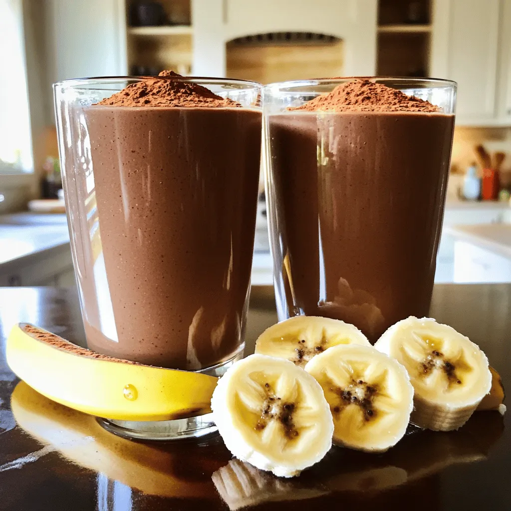 Let's dive into the tasty parts of this Chocolate Banana Smoothie. Here’s what you’ll need to whip up this rich and creamy treat: - 2 ripe bananas - 1 cup unsweetened almond milk - 2 tablespoons raw cocoa powder - 1 tablespoon honey or maple syrup - 1 tablespoon peanut butter - 1 teaspoon vanilla extract - A pinch of cinnamon - Ice cubes (optional) These ingredients come together to create a delicious and satisfying drink. Ripe bananas add natural sweetness and creaminess. Almond milk gives it a smooth texture. Raw cocoa powder provides that rich chocolate flavor we all love. Honey or maple syrup is there to sweeten it just right. Peanut butter adds depth and a nutty taste. Vanilla extract enhances the flavors, while cinnamon gives a warm touch. Lastly, ice cubes can make your smoothie thicker and cooler if you prefer. You can find the full recipe to guide you through the process of making this delightful smoothie. Each ingredient plays a key role, so make sure you have them all on hand! Enjoy the blend of flavors and textures that this smoothie offers. - Peel and break bananas. - Combine ingredients in a blender. - Adjust for thickness with ice cubes. - Blend until smooth. To start, peel the ripe bananas and break them into smaller pieces. This makes blending easier. Place the banana pieces in your blender. Next, add your other ingredients: almond milk, raw cocoa powder, honey, peanut butter, vanilla extract, and a pinch of cinnamon. If you like your smoothie thick and cold, toss in some ice cubes. This will give it a nice texture. Blend everything on high speed until smooth. You might need to stop once or twice to scrape down the sides. This ensures all the ingredients mix well. - Taste test for sweetness. - Serve immediately. Once blended, take a quick taste. If you want it sweeter, add more honey or maple syrup. Blend again for a few seconds if you add anything. When it tastes just right, pour the smoothie into glasses. Enjoy your chocolate banana treat right away for the best flavor! For the complete recipe, check out the Full Recipe. You can swap out some ingredients for a different taste. Try using alternative milks like soy or oat if you want. These options give a nice flavor while making the smoothie dairy-free. For sweeteners, consider agave or stevia. These can reduce sugar but still add sweetness. If you want to change nut butters, sunflower seed butter works well too. It gives a creamy texture without nuts for those with allergies. To get the right consistency, start with the liquids first. This helps the blender mix better. Add bananas and other ingredients next. Blend until it becomes smooth and creamy. If it’s too thick, add a splash of milk. Safety is key! Make sure the lid is on tight. When blending, do not put your hand near the blades. If you need to stop, turn off the blender first before touching it. This keeps you safe while you enjoy your chocolate banana smoothie. {{image_2}} You can make your chocolate banana smoothie even better. Here are some easy ways to boost its nutrition: - Adding protein powder: Mix in a scoop of protein powder. This will help you feel full longer. It also gives you extra energy for your day. - Including greens: Toss in a handful of spinach or kale. They add vitamins without changing the taste much. Your smoothie will still taste like a treat! - Using frozen fruits: Swap fresh bananas for frozen ones. This gives your smoothie a colder and thicker texture. Plus, it feels like a dessert. You can also play with flavors to make your smoothie special: - Extra spices: Try adding nutmeg or a pinch of cayenne. These spices bring warmth and depth to your drink. They can make your smoothie feel gourmet! - Flavoring options: Coconut or mint can add a fun twist. You could use coconut milk instead of almond milk. Or add a few mint leaves for a fresh taste. These variations help you enjoy different flavors and benefits each time you make a chocolate banana smoothie. Don't forget to check the Full Recipe for the basics! To keep your chocolate banana smoothie fresh, store it in the fridge. Use an airtight container. It will stay good for up to two days. If you want to keep it longer, freeze your leftover smoothie. Pour it into ice cube trays or freezer-safe bags. This way, you can enjoy it later. When you want to drink your frozen smoothie, thaw it in the fridge overnight. This slow thaw keeps the taste nice. You can also blend it again if you need to. Aim to drink your stored smoothies within a week for the best taste. Enjoy your rich and creamy treat any time! Can I make this smoothie ahead of time? Yes, you can make this smoothie ahead of time. Just store it in the fridge. It will stay fresh for about a day. When you are ready to drink it, give it a good shake or stir. This helps mix it well again. How can I make my smoothie thicker? To make your smoothie thicker, add ice cubes before blending. You can also use frozen bananas instead of fresh ones. Another tip is to add a bit more peanut butter. This will add creaminess and a rich taste. Is this smoothie suitable for meal replacement? Yes, this smoothie can work as a meal replacement. It has bananas for energy and peanut butter for protein. If you want it to be more filling, add protein powder or oats. This will help keep you full longer. Is it healthy? This smoothie is quite healthy! It has natural sugars from bananas. The cocoa powder provides antioxidants. Almond milk is low in calories and dairy-free. Together, these ingredients make a nutritious drink. How many calories are in a chocolate banana smoothie? A typical chocolate banana smoothie has about 300 calories. This can change based on your choices. If you use more honey or nut butter, it may have more calories. Always check your ingredients for the best idea. Can I add supplements without changing the flavor? Yes, you can add supplements without changing the flavor much. Protein powder blends well with the smoothie. Greens like spinach also work well and add nutrients without a strong taste. Just start with a small amount to see how it mixes. In this blog post, we explored how to make a delicious chocolate banana smoothie. You learned about the essential ingredients and step-by-step instructions for blending. I shared tips on substitutions and best practices to enhance your smoothie experience. Variations can add fun twists while storing and reusing smoothies keeps things easy. My final thought: enjoy experimenting with flavors and ingredients. Making this smoothie can be a simple joy in your day.