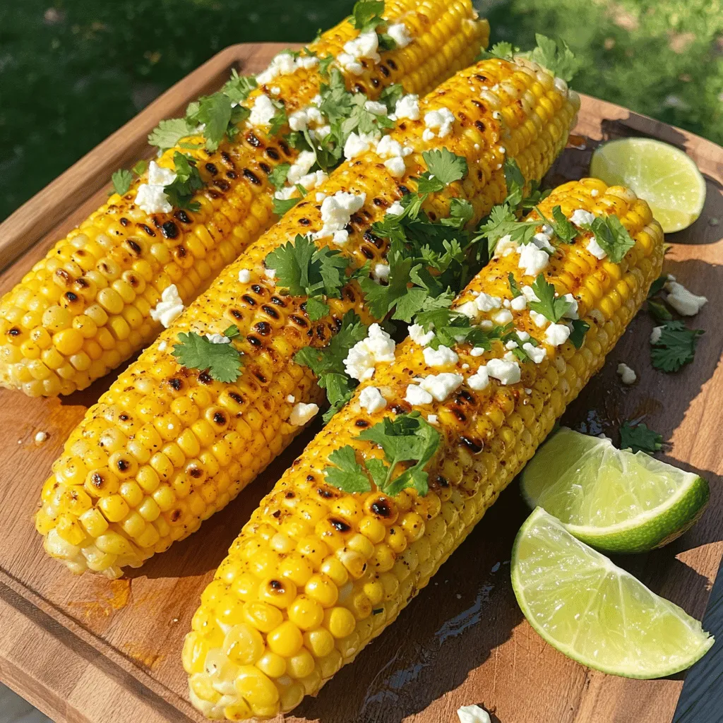 The key to making Chili Lime Grilled Corn is using fresh and vibrant ingredients. Here’s what you need: - Fresh corn (4 ears, husked) - Olive oil (2 tablespoons) - Spices and seasonings: - Chili powder (1 teaspoon) - Smoked paprika (1/2 teaspoon) - Salt and pepper to taste - Cheese options: - Crumbled feta cheese (1/4 cup) - Cotija cheese (for a different flavor) - Garnish ingredients: - Fresh cilantro (chopped) - Juice of 2 limes Using fresh corn makes a big difference. It adds sweetness and crunch. The olive oil helps the spices stick and adds richness. The chili powder and smoked paprika give it a nice kick and depth of flavor. You can choose between feta or cotija cheese for a creamy finish. I love the tang of feta, but cotija works great too. Finally, cilantro adds a fresh touch, and lime juice brightens everything up. For the full recipe, check out the complete instructions and get ready to enjoy this zesty summer side dish! Start by husking the corn. Pull down the green leaves and remove all the silk. Rinse the corn under cold water to ensure it is clean. This step is key for great flavor. Next, make the marinade. In a small bowl, mix the olive oil, chili powder, smoked paprika, lime juice, salt, and pepper. Stir well until it blends together. This marinade gives the corn its zesty kick. Now it’s time to grill. Preheat your grill to medium-high heat. This helps the corn cook evenly and get those nice grill marks. Once heated, brush the marinade onto each ear of corn. Make sure to coat all sides evenly. Place the corn directly on the grill. Cook it for about 10 to 12 minutes. Turn the corn every few minutes to avoid burning and to get that perfect char. To check if the corn is done, look for a tender texture and a nice golden-brown color. You want to see some charred spots but not too much blackening. After grilling, take the corn off the grill. Sprinkle crumbled feta cheese or cotija cheese on top. This adds a salty flavor that pairs well with the lime. For a final touch, drizzle any leftover marinade over the corn. Garnish with fresh cilantro for color and flavor. Serve the corn warm, with lime wedges on the side. This adds an extra zesty touch to each bite. You can serve this corn with other summer dishes like grilled chicken or a fresh salad. Its bright flavors make it a great side for any meal. For the full recipe, check out the details above. To make great chili lime grilled corn, managing your grill's heat is key. Preheat your grill to medium-high heat, around 400°F. This ensures even cooking. If your grill is too hot, you risk burning the corn. Keep an eye on it. Turn the corn every few minutes. You want a nice char but not blackened kernels. Adjusting spice levels can make your corn just right for you. If you like more heat, add extra chili powder. For a milder taste, use less. Fresh herbs can boost flavor too. Chopped cilantro adds a fresh touch. You can also try using fresh parsley or basil for a unique twist. One common mistake is underseasoning the corn. The marinade should have enough salt and lime juice for flavor. Don't skimp on these! Another pitfall is overcooking. Corn should grill for about 10-12 minutes. If you cook it too long, it can become tough. Follow the timing closely for the best results. For the full recipe, check the details above. {{image_2}} You can switch up the cheese for more flavor. Feta cheese works well, but cotija cheese is a great choice too. Cotija adds a salty bite that pairs nicely with lime. For a vegan option, skip the cheese or use a plant-based version. Nutritional yeast can add a cheesy taste without dairy. Herbs can change the taste of your corn. Fresh cilantro is a classic choice, but try adding basil or parsley for a twist. You can also boost the heat. Add more chili powder or toss in some cayenne pepper. If you like it spicy, jalapeños can bring the heat. Just chop them finely and mix them into the marinade. Grilling is the best way to cook corn, but you can bake it too. For oven-baked corn, wrap the ears in foil with the marinade. Bake at 400°F for about 20 minutes. You can also cook corn on the stovetop. Use a grill pan on medium-high heat. This method gives you those nice grill marks without a grill. Explore these variations to make your chili lime grilled corn uniquely yours. For the full recipe, check out the [Full Recipe] section above. To keep chili lime grilled corn fresh, store it in an airtight container. Place it in the fridge right after it cools down. Use it within three days for the best taste. If you have more corn than you can eat, freezing is a great option. Wrap each ear tightly in plastic wrap. Then, place them in a freezer bag. Make sure to remove as much air as possible before sealing. This way, your corn will stay tasty for up to three months. For reheating, the best method is to use the grill or oven. Preheat your grill or oven to 350°F (175°C). Place the corn on the grill or a baking sheet. Heat for about 5-10 minutes, turning occasionally until warm. You can also use the microwave if you’re in a hurry. Just wrap the corn in a damp paper towel and heat for 1-2 minutes. To boost the flavors after storage, squeeze fresh lime juice or add a pinch of salt before serving. Chili lime grilled corn lasts about three days in the fridge. After that, it may lose its taste and texture. Look for signs of spoilage: a sour smell, slimy texture, or discoloration. If you see any of these signs, it's best to throw it away. Fresh corn has a sweet smell and bright color, so trust your senses! To add heat to your grilled corn, you have a few options. You can mix in cayenne pepper or crushed red pepper flakes into the marinade. Another method is to brush the corn with a spicy hot sauce before grilling. I love using sriracha or a smoky chipotle sauce for extra flavor. These sauces not only add heat but also enhance the corn’s taste. Yes, you can use frozen corn, but there are a few steps. First, thaw the corn completely before using it. You can do this by leaving it in the fridge overnight or placing it in warm water for about 10 minutes. Frozen corn may not have the same crunch as fresh corn, but it still tastes good. Fresh corn has a sweeter flavor, while frozen corn is quick and easy. If you need a substitute for feta cheese, try crumbled goat cheese. It has a similar tangy taste and creamy texture. Another great option is cotija cheese, which is often used in Mexican dishes. For a dairy-free choice, use a vegan feta or nutritional yeast. Both options give a nice flavor without dairy. Grilling corn can be simple and fun. We covered key ingredients, from spices to cheeses. You learned to prepare, grill, and present your corn for the best taste. I shared tips to avoid mistakes and variations to keep things fresh. Now, you can store leftovers and reheat them easily. Enjoy these techniques to impress your family. Grilling corn becomes a tasty experience that you can make your own. With practice, you will master the art of grilling corn!