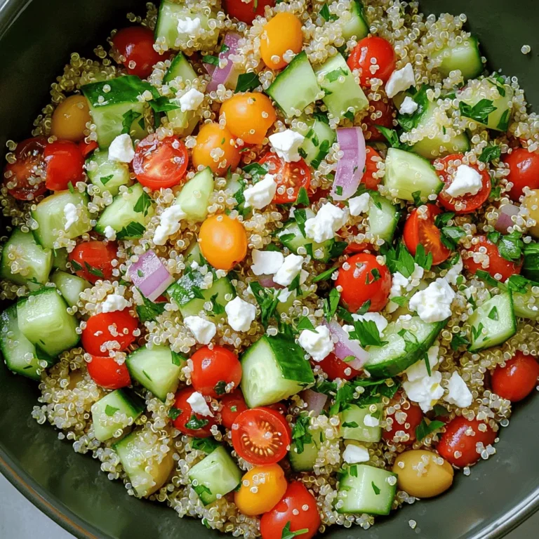 - 1 cup quinoa, rinsed - 2 cups vegetable broth (or water) - 1 cucumber, diced - 1 cup cherry tomatoes, halved - 1/2 red onion, finely chopped - 1 red bell pepper, diced - 1/4 cup Kalamata olives, sliced - 1/2 cup feta cheese, crumbled - 1/4 cup fresh parsley, chopped - 3 tablespoons olive oil - 2 tablespoons lemon juice - 1 teaspoon dried oregano - Salt and pepper to taste In this recipe, you will find fresh, vibrant flavors. Quinoa is a great base. It is full of protein and fiber. The broth gives it a rich taste. Fresh veggies add crunch and color. Feta cheese brings a creamy, salty kick. Kalamata olives add a briny touch. You can adjust the dressing to your liking. Olive oil and lemon juice make it zesty. Dried oregano adds depth. Salt and pepper enhance all the flavors. This salad is simple to prepare. You can make it ahead of time. Feel free to mix and match vegetables. Use your favorites to make it your own. For the full recipe, check the detailed instructions. Bringing to Boil and Simmering Start by rinsing one cup of quinoa under cold water. This helps remove any bitter taste. In a medium saucepan, combine the rinsed quinoa with two cups of vegetable broth or water. Place the saucepan on the stove over medium-high heat. Bring the mixture to a boil. Once it starts to boil, reduce the heat to low. Cover the saucepan and let it simmer for about 15 minutes. The quinoa should absorb all the liquid and become fluffy. Fluffing and Cooling the Quinoa After cooking, remove the saucepan from heat. Let it sit for a few minutes, covered. Then, use a fork to fluff the quinoa gently. This will help separate the grains. Spread it out on a plate to cool down while you prepare the vegetables. Mixing the Fresh Ingredients In a large mixing bowl, combine the diced cucumber, halved cherry tomatoes, finely chopped red onion, diced red bell pepper, and sliced Kalamata olives. These fresh ingredients add great flavor and color to the salad. Stir them gently to mix. Incorporating the Quinoa Once the quinoa cools, add it to the bowl with the vegetables. Gently fold the quinoa into the mixture. This helps combine all the flavors without breaking the quinoa grains. Whisking the Ingredients Together In a small bowl, mix three tablespoons of olive oil, two tablespoons of lemon juice, one teaspoon of dried oregano, and salt and pepper to taste. Use a whisk to blend these ingredients well. This dressing will give your salad a fresh taste. Adding to the Salad Pour the dressing over the quinoa and vegetable mix. Toss everything together gently. Make sure the dressing coats all the ingredients. Finally, add the crumbled feta cheese and chopped parsley. Toss lightly to keep the feta intact. You now have a tasty and vibrant salad. For the full recipe, check the recipe section above. Adjusting Seasoning To make your savory quinoa salad shine, taste as you go. Start with salt and pepper. Add these slowly. You can always add more, but you can't take it away. You want a balance that brightens the fresh veggies. Fresh vs. Dried Herbs Using fresh herbs can bring a lively note. If you don’t have fresh herbs, dried ones work well too. Use about one-third the amount when using dried herbs. This keeps the flavor strong without overpowering the dish. Serving Suggestions When serving, use a large bowl. This lets the colors show. The red of the bell pepper and the green of the cucumber pop against the creamy feta. It makes your dish look fresh and inviting. Garnishing with Extra Ingredients Top your salad with extra feta and parsley. This adds flair and makes the dish look gourmet. A drizzle of olive oil and lemon juice before serving adds shine and flavor. Use Pre-Chopped Vegetables For faster prep, look for pre-chopped veggies. Many stores offer these, saving you time. You can spend more time enjoying your meal and less time in the kitchen. Meal Prep for Efficiency Make your salad ahead of time. It stores well in the fridge for a few days. Just keep the dressing separate until you're ready to eat. This keeps everything fresh and crunchy. For the full recipe, check out the [Full Recipe]. {{image_2}} For those with dietary needs, this salad can adapt easily. - Gluten-Free Alternatives: Quinoa is naturally gluten-free, so you're set! If you want a different base, try brown rice or millet. Both are gluten-free options that add a nice texture. - Vegan Modifications: To make this salad vegan, simply skip the feta cheese or use a plant-based feta. You can also add avocado for creaminess and healthy fats. Boost your salad with more flavors and nutrients. - Protein Boosters: Add chickpeas for a plant-based protein punch. If you prefer meat, grilled chicken or shrimp works well, too. These additions make the salad heartier and more filling. - Flavor Enhancements: Try adding fruits like diced mango or berries for a sweet touch. Nuts, such as almonds or walnuts, add crunch and healthy fats. These ingredients make your salad more exciting! The right dressing can take your salad to the next level. - Alternative Vinaigrettes: Experiment with balsamic or apple cider vinaigrettes for a tangy twist. You can mix oil, vinegar, and mustard for a simple yet tasty dressing. - Creamy Dressing Options: For a creamier touch, use yogurt or tahini. Both options add richness while keeping the dish fresh. To keep your Savory Quinoa Salad fresh, place leftovers in an airtight container. Store it in the fridge for up to four days. If you want to freeze it, put the salad in a freezer-safe bag. Remove as much air as possible and seal tightly. It can last up to three months in the freezer. For the best taste, enjoy your salad within the first couple of days. After four days, the vegetables may lose their crunch. Look for signs of spoilage like a sour smell or slimy texture. If you see these signs, it’s best to toss the salad. You can serve this salad cold or warm. If you prefer it warm, gently heat the quinoa in a pan with a splash of water or broth. If it seems dry, rehydrate the quinoa by adding a bit of liquid. Keep the feta cheese and fresh veggies out until just before serving for the best flavor. For more detailed cooking steps, refer to the Full Recipe. Quinoa usually cooks in about 15 minutes. Start by bringing it to a boil with vegetable broth or water. Once it boils, lower the heat, cover, and let it simmer. After 15 minutes, check if the liquid is absorbed. The quinoa should be fluffy and ready to cool. Yes, you can make this salad ahead of time. Prepare the quinoa and chop the vegetables. Mix everything, but add the feta cheese just before serving. This keeps the salad fresh. It tastes even better after the flavors meld together in the fridge for a few hours. If you don’t have feta cheese, you can use goat cheese or a vegan cheese option. Both will give a nice creamy texture. You could also try ricotta or even a sprinkle of nutritional yeast for a cheesy flavor without dairy. Yes, this salad is gluten-free. Quinoa is a gluten-free grain. Just make sure your vegetable broth is also gluten-free. This makes the salad a great choice for those with gluten sensitivities. Absolutely! You can add chickpeas, grilled chicken, or shrimp for extra protein. Tofu or tempeh works well too. This will make the salad more filling and turn it into a complete meal. This blog post covered a tasty quinoa salad. We discussed key ingredients, cooking steps, and dressing tips. You learned how to combine fresh vegetables and quinoa for a flavorful meal. Plus, we explored variations and storage tips to keep your dish fresh. Remember, you can customize this salad to fit your diet. Try adding proteins or using different dressings. Enjoy experimenting with flavors and ingredients. You now have all the tools to create this healthy salad!