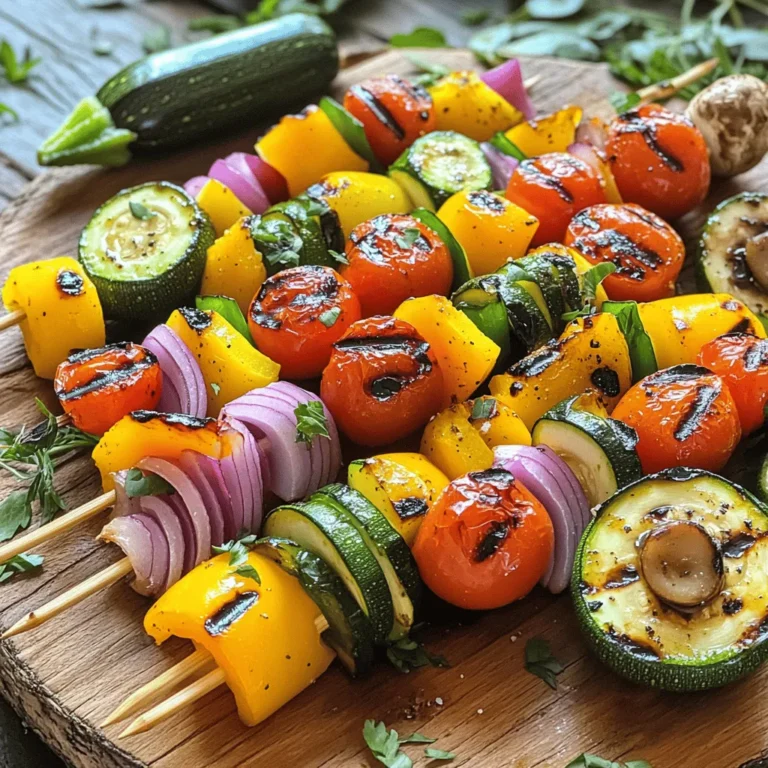 - Zucchini, sliced into rounds - Bell pepper (red or yellow), cut into chunks - Red onion, cut into wedges - Cherry tomatoes, whole - Mushrooms, whole or halved - Olive oil - Balsamic vinegar - Dried oregano - Garlic powder - Salt and pepper to taste - You can choose between wooden or metal skewers. - If you use wooden skewers, soak them in water for 30 minutes. This prevents burning on the grill. Metal skewers are great because they are reusable and heat up quickly. When you gather these ingredients, you unlock many flavors. The fresh veggies provide vibrant colors and textures. The marinade adds depth and deliciousness. Feel free to mix and match veggies based on what you love. This recipe makes it easy to enjoy grilled vegetables. For the full recipe, check out the details above. To make our grilled vegetable skewers, start by marinating the vegetables. First, gather a large bowl. In that bowl, mix together: - 2 tablespoons olive oil - 2 tablespoons balsamic vinegar - 1 teaspoon dried oregano - 1 teaspoon garlic powder - Salt and pepper to taste Whisk these ingredients well to make a tasty marinade. Now, add the vegetables: - 1 zucchini, sliced into rounds - 1 bell pepper (red or yellow), cut into chunks - 1 red onion, cut into wedges - 1 cup cherry tomatoes - 1 cup mushrooms, whole or halved Gently toss them all in the marinade. Make sure every piece is coated. Let the veggies sit for about 15-20 minutes. This helps the flavors blend and the vegetables soak up the marinade. Next, it’s time to grill! Preheat your grill to medium-high heat. While it heats, prepare your skewers. If you're using wooden skewers, make sure to soak them in water for about 30 minutes. This helps prevent burning. Now, thread the marinated vegetables onto the skewers. Alternate the veggies for a colorful look. This also helps with even cooking. Place the skewers on the hot grill. Cook them for about 10-12 minutes. Remember to turn them occasionally. This ensures the vegetables are tender and have nice grill marks. They should be soft but not mushy. Once done, remove them from the grill and serve warm. These skewers look great on a platter, and you can even add fresh herbs for garnish. For the full recipe, check the details provided earlier. To get those perfect grill marks, heat your grill to medium-high. Place the skewers on the grill and avoid moving them too much. Let them sit for a few minutes. This helps form those nice lines. You should check for doneness after about 10 minutes. The vegetables should be tender but not mushy. For extra flavor, consider adding fresh herbs like thyme or rosemary to your marinade. You can also sprinkle some chili flakes for a little heat. Marinades with citrus juice, like lemon or lime, can brighten the taste. Don't forget to try different sauces like teriyaki or a simple garlic butter for variety. When serving, arrange the skewers on a large platter. You can alternate colors for a vibrant look. Garnish with fresh herbs like parsley or basil. Adding a small bowl of tzatziki or hummus next to the skewers makes for a fun dip. This not only looks nice but also gives your guests a tasty option. {{image_2}} You can change the veggies for your skewers. Try these options: - Eggplant, cut into cubes - Asparagus, trimmed - Pineapple, cut into chunks - Bell peppers in different colors - Carrots, sliced into thick rounds - Cauliflower florets Mixing these vegetables adds more color and flavor. Each vegetable gives a unique taste. You can even use seasonal veggies for freshness. This can make your skewers exciting and fun. The marinade can change the taste of your skewers. Here are some tasty ideas: - Lemon juice and zest with herbs - Soy sauce for an Asian twist - Honey and mustard for sweetness - Chili powder for a kick - Yogurt with garlic for creaminess Mix these ingredients well. Let your veggies soak up the flavors for at least 20 minutes. This makes each bite delicious. Experiment with flavors you love. Serve your skewers with fun dips or sides. Here are some great ideas: - Tzatziki sauce for a cool touch - Hummus for a creamy dip - A fresh salad with lemon dressing - Grilled bread or pita on the side - Rice or quinoa for a filling meal You can even make a festival vibe! Set up a grill station for friends. Let everyone choose their veggies and marinades. This adds fun and makes great memories. Check out the Full Recipe for more details on making your skewers shine! After enjoying your grilled vegetable skewers, it's key to store any leftovers well. Place them in an airtight container. This keeps them fresh for longer. Make sure to refrigerate them within two hours of cooking. They will last in the fridge for about three to four days. If you have extra skewers, take the veggies off the sticks. It saves space and keeps them from getting soggy. When you're ready to eat your leftovers, reheating is simple. The best way is to use a grill or oven. This brings back the nice grilled flavor. Preheat your grill or oven to medium heat. Place the vegetables on the grill or a baking sheet in the oven. Heat for about five to seven minutes. Check that they are warm all the way through. You can also use a microwave, but it might make them soft. Can you freeze skewers? Yes, you can! Freezing is a great option if you want to save them longer. First, let the skewers cool completely. Then, remove the veggies from the skewers. Place them in a freezer-safe bag or container. Make sure to squeeze out as much air as possible. They can last in the freezer for up to three months. When you're ready to eat, thaw them in the fridge overnight. Reheat as mentioned above for the best taste. The best vegetables for grilling are those that hold up well to heat. Good choices include: - Zucchini - Bell peppers - Red onions - Cherry tomatoes - Mushrooms These veggies become soft and sweet when grilled. They also absorb flavors from marinades very well. To add more flavor, try these tips: - Use a tasty marinade. - Add fresh herbs like basil or parsley. - Sprinkle some cheese before serving. - Mix in spices like cumin or paprika. Marinating your veggies for at least 20 minutes makes a big difference. It allows the flavors to soak in deeply. Yes, you can prepare skewers ahead of time! Just follow these steps: 1. Marinate your veggies. 2. Assemble the skewers. 3. Store them in the fridge. You can keep them for up to a day. Just grill them when you're ready to eat. Absolutely! Grilled vegetable skewers are perfect for vegan diets. They contain no animal products and are packed with nutrients. You can also pair them with vegan dips like hummus or guacamole. Dipping sauces can take your skewers to the next level. Here are some great options: - Tzatziki sauce - Hummus - Chimichurri - Balsamic glaze These sauces add flavor and keep things exciting. Enjoy experimenting with different pairings! Grilling vegetable skewers is fun and easy. You learned about choosing fresh veggies, making a tasty marinade, and grilling tips. Remember to experiment with flavors and serving ideas. Use alternative veggies and marinades to keep things exciting. Store leftovers safely and enjoy them later. Grilled vegetable skewers are perfect for any meal and fit any diet. Get started today and savor your delicious creations!