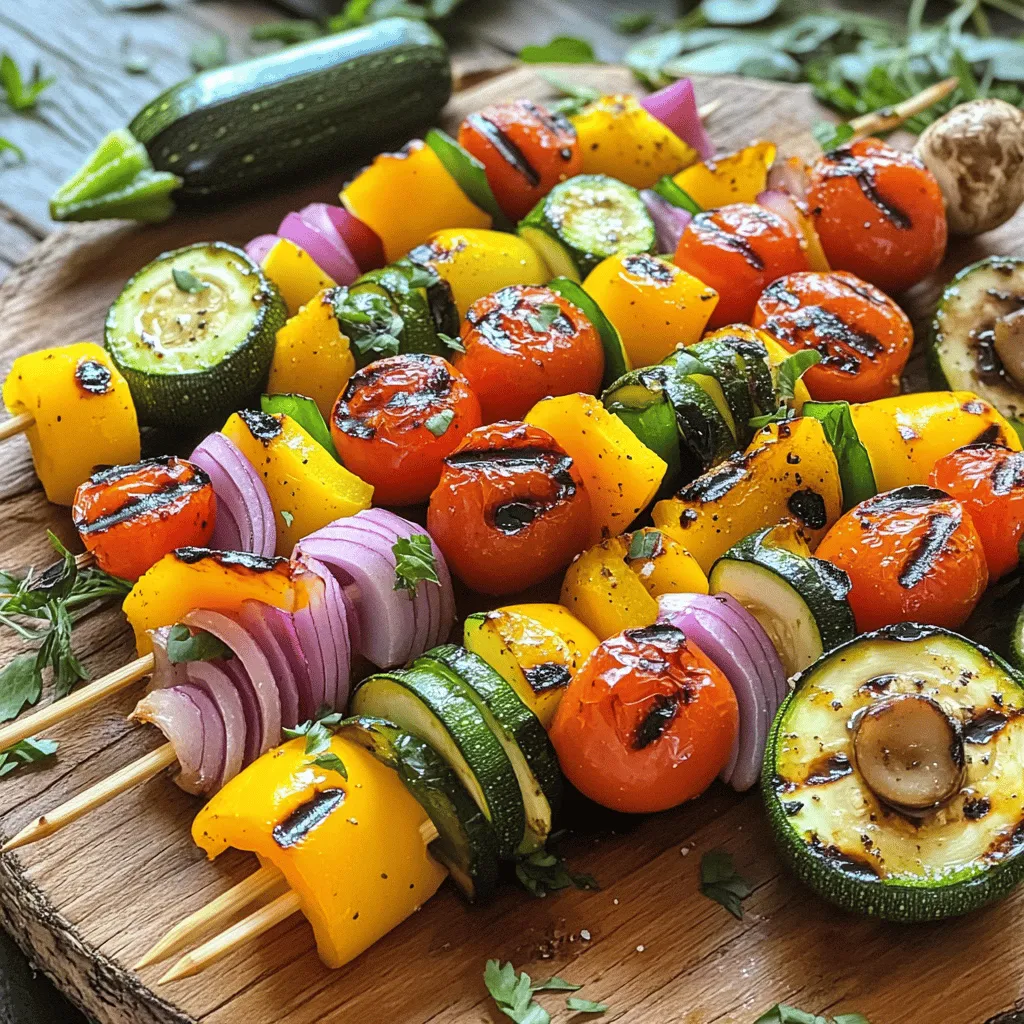 - Zucchini, sliced into rounds - Bell pepper (red or yellow), cut into chunks - Red onion, cut into wedges - Cherry tomatoes, whole - Mushrooms, whole or halved - Olive oil - Balsamic vinegar - Dried oregano - Garlic powder - Salt and pepper to taste - You can choose between wooden or metal skewers. - If you use wooden skewers, soak them in water for 30 minutes. This prevents burning on the grill. Metal skewers are great because they are reusable and heat up quickly. When you gather these ingredients, you unlock many flavors. The fresh veggies provide vibrant colors and textures. The marinade adds depth and deliciousness. Feel free to mix and match veggies based on what you love. This recipe makes it easy to enjoy grilled vegetables. For the full recipe, check out the details above. To make our grilled vegetable skewers, start by marinating the vegetables. First, gather a large bowl. In that bowl, mix together: - 2 tablespoons olive oil - 2 tablespoons balsamic vinegar - 1 teaspoon dried oregano - 1 teaspoon garlic powder - Salt and pepper to taste Whisk these ingredients well to make a tasty marinade. Now, add the vegetables: - 1 zucchini, sliced into rounds - 1 bell pepper (red or yellow), cut into chunks - 1 red onion, cut into wedges - 1 cup cherry tomatoes - 1 cup mushrooms, whole or halved Gently toss them all in the marinade. Make sure every piece is coated. Let the veggies sit for about 15-20 minutes. This helps the flavors blend and the vegetables soak up the marinade. Next, it’s time to grill! Preheat your grill to medium-high heat. While it heats, prepare your skewers. If you're using wooden skewers, make sure to soak them in water for about 30 minutes. This helps prevent burning. Now, thread the marinated vegetables onto the skewers. Alternate the veggies for a colorful look. This also helps with even cooking. Place the skewers on the hot grill. Cook them for about 10-12 minutes. Remember to turn them occasionally. This ensures the vegetables are tender and have nice grill marks. They should be soft but not mushy. Once done, remove them from the grill and serve warm. These skewers look great on a platter, and you can even add fresh herbs for garnish. For the full recipe, check the details provided earlier. To get those perfect grill marks, heat your grill to medium-high. Place the skewers on the grill and avoid moving them too much. Let them sit for a few minutes. This helps form those nice lines. You should check for doneness after about 10 minutes. The vegetables should be tender but not mushy. For extra flavor, consider adding fresh herbs like thyme or rosemary to your marinade. You can also sprinkle some chili flakes for a little heat. Marinades with citrus juice, like lemon or lime, can brighten the taste. Don't forget to try different sauces like teriyaki or a simple garlic butter for variety. When serving, arrange the skewers on a large platter. You can alternate colors for a vibrant look. Garnish with fresh herbs like parsley or basil. Adding a small bowl of tzatziki or hummus next to the skewers makes for a fun dip. This not only looks nice but also gives your guests a tasty option. {{image_2}} You can change the veggies for your skewers. Try these options: - Eggplant, cut into cubes - Asparagus, trimmed - Pineapple, cut into chunks - Bell peppers in different colors - Carrots, sliced into thick rounds - Cauliflower florets Mixing these vegetables adds more color and flavor. Each vegetable gives a unique taste. You can even use seasonal veggies for freshness. This can make your skewers exciting and fun. The marinade can change the taste of your skewers. Here are some tasty ideas: - Lemon juice and zest with herbs - Soy sauce for an Asian twist - Honey and mustard for sweetness - Chili powder for a kick - Yogurt with garlic for creaminess Mix these ingredients well. Let your veggies soak up the flavors for at least 20 minutes. This makes each bite delicious. Experiment with flavors you love. Serve your skewers with fun dips or sides. Here are some great ideas: - Tzatziki sauce for a cool touch - Hummus for a creamy dip - A fresh salad with lemon dressing - Grilled bread or pita on the side - Rice or quinoa for a filling meal You can even make a festival vibe! Set up a grill station for friends. Let everyone choose their veggies and marinades. This adds fun and makes great memories. Check out the Full Recipe for more details on making your skewers shine! After enjoying your grilled vegetable skewers, it's key to store any leftovers well. Place them in an airtight container. This keeps them fresh for longer. Make sure to refrigerate them within two hours of cooking. They will last in the fridge for about three to four days. If you have extra skewers, take the veggies off the sticks. It saves space and keeps them from getting soggy. When you're ready to eat your leftovers, reheating is simple. The best way is to use a grill or oven. This brings back the nice grilled flavor. Preheat your grill or oven to medium heat. Place the vegetables on the grill or a baking sheet in the oven. Heat for about five to seven minutes. Check that they are warm all the way through. You can also use a microwave, but it might make them soft. Can you freeze skewers? Yes, you can! Freezing is a great option if you want to save them longer. First, let the skewers cool completely. Then, remove the veggies from the skewers. Place them in a freezer-safe bag or container. Make sure to squeeze out as much air as possible. They can last in the freezer for up to three months. When you're ready to eat, thaw them in the fridge overnight. Reheat as mentioned above for the best taste. The best vegetables for grilling are those that hold up well to heat. Good choices include: - Zucchini - Bell peppers - Red onions - Cherry tomatoes - Mushrooms These veggies become soft and sweet when grilled. They also absorb flavors from marinades very well. To add more flavor, try these tips: - Use a tasty marinade. - Add fresh herbs like basil or parsley. - Sprinkle some cheese before serving. - Mix in spices like cumin or paprika. Marinating your veggies for at least 20 minutes makes a big difference. It allows the flavors to soak in deeply. Yes, you can prepare skewers ahead of time! Just follow these steps: 1. Marinate your veggies. 2. Assemble the skewers. 3. Store them in the fridge. You can keep them for up to a day. Just grill them when you're ready to eat. Absolutely! Grilled vegetable skewers are perfect for vegan diets. They contain no animal products and are packed with nutrients. You can also pair them with vegan dips like hummus or guacamole. Dipping sauces can take your skewers to the next level. Here are some great options: - Tzatziki sauce - Hummus - Chimichurri - Balsamic glaze These sauces add flavor and keep things exciting. Enjoy experimenting with different pairings! Grilling vegetable skewers is fun and easy. You learned about choosing fresh veggies, making a tasty marinade, and grilling tips. Remember to experiment with flavors and serving ideas. Use alternative veggies and marinades to keep things exciting. Store leftovers safely and enjoy them later. Grilled vegetable skewers are perfect for any meal and fit any diet. Get started today and savor your delicious creations!