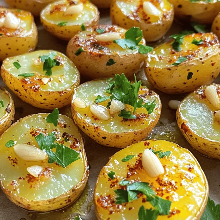 - 2 pounds baby potatoes, halved - 4 tablespoons olive oil - 6 cloves garlic, minced - 1 teaspoon dried rosemary - 1 teaspoon paprika - Salt and pepper to taste - Fresh parsley, chopped The heart of crispy garlic roasted potatoes lies in simple yet flavorful ingredients. First, you need baby potatoes. They stay firm and cook evenly. Next, olive oil adds richness and helps achieve that crispy texture. Garlic brings a punch of flavor, making every bite delightful. For seasoning, dried rosemary adds an earthy touch. Paprika gives a hint of smoke and color. Salt and pepper enhance all the flavors, so don’t skip them! Lastly, fresh parsley makes a bright garnish. It adds color and a fresh taste. When you combine these ingredients, magic happens. You create a dish that is both simple and truly tasty. Check out the Full Recipe for more details on how to make this delicious dish! First, preheat your oven to 425°F (220°C). This step is key for getting that perfect crisp. While the oven warms up, take your two pounds of baby potatoes and halve them. This size helps them cook evenly and get crispy. Now, grab a large mixing bowl. Toss the halved potatoes with four tablespoons of olive oil. Next, add six cloves of minced garlic. This will give the potatoes a rich flavor. Then, sprinkle in one teaspoon of dried rosemary and one teaspoon of paprika. Don’t forget salt and pepper to taste. Mix everything well until the potatoes are coated nicely. Spread the seasoned potatoes in a single layer on a baking sheet lined with parchment paper. This helps with cleanup and prevents sticking. Roast the potatoes in your preheated oven for 25-30 minutes. Make sure to turn them halfway through so they brown evenly. You want them golden brown and crispy. Once they are done, let them cool for a few minutes. For a nice touch, garnish with chopped fresh parsley before serving. For the full recipe, check out the details provided above. For crispy garlic roasted potatoes, choose the right type of potato. Baby potatoes work best because they have a waxy texture. This helps them stay moist inside while getting crispy on the outside. You can also use Yukon Gold or red potatoes. They give a nice flavor and texture. Spacing is key on your baking sheet. If the potatoes are too close, they will steam instead of roast. Leave enough room between them so hot air can flow. This will help them crisp up evenly. To boost the flavor, try adding herbs or spices. Rosemary pairs well with garlic, but you can use thyme or oregano too. Just sprinkle a bit more on before roasting. Parmesan cheese is another great addition. Grate it and sprinkle it on the potatoes halfway through cooking. This adds a delicious, cheesy crust. If you want to try different methods, the air fryer works wonders. It cooks the potatoes faster and keeps them crispy. Just set it to 400°F and check them after 15-20 minutes. For larger potatoes, cut them into smaller pieces. Aim for uniform sizes to ensure even cooking. You can also adjust the cooking time; larger pieces may need a bit longer. For the full recipe, check the section above. Happy cooking! {{image_2}} You can easily change the herbs in this dish. I love to use thyme or oregano. Both herbs add a nice touch. Thyme gives a warm flavor, while oregano adds a bit of zest. You can mix these herbs into your olive oil and garlic before tossing them with the potatoes. Try different amounts to find what you like best. Spices can bring a new twist to your crispy garlic roasted potatoes. Consider adding chili flakes for some heat. They can make the dish exciting and bold. If you prefer a fresh taste, lemon zest works well too. It brightens the flavor and makes the potatoes pop. Just sprinkle some in when mixing the other ingredients. If you want to make this dish vegan, it’s very simple. Just use the ingredients listed in the Full Recipe. All the ingredients are plant-based. For those needing gluten-free options, you are in luck. This recipe is already gluten-free. No changes are needed. Enjoy these potatoes without worry about your diet! To keep your crispy garlic roasted potatoes fresh, store them in an airtight container. Let them cool first, then seal them up. This way, they stay tasty for up to three days. If you want to keep them longer, try freezing. Just remember, the texture may change a bit after freezing. When it's time to enjoy leftovers, you have two good options: the oven or microwave. For the oven, preheat it to 400°F (200°C). Spread the potatoes on a baking sheet and heat for about 10-15 minutes. This helps them stay crispy. If you use the microwave, place them on a plate and cover with a damp paper towel. Heat for 1-2 minutes. They won’t be as crispy, but they will still taste great. Freezing roasted potatoes is easy. First, let them cool completely. Then, spread them on a baking sheet in a single layer. Freeze for about an hour until solid. Once frozen, transfer them to a freezer bag or container. They can last up to three months in the freezer. When you’re ready to eat, cook them directly from frozen in the oven for best results. For the full recipe, check the earlier section. To make crispy garlic roasted potatoes, first gather your ingredients. You will need baby potatoes, olive oil, garlic, dried rosemary, paprika, salt, and pepper. 1. Preheat your oven to 425°F (220°C). 2. Halve the baby potatoes and place them in a bowl. 3. Toss the potatoes with olive oil, minced garlic, rosemary, paprika, salt, and pepper. Make sure they are evenly coated. 4. Spread the potatoes on a baking sheet lined with parchment paper. This helps with easy cleanup. 5. Roast them for 25-30 minutes. Turn them halfway through for even cooking. They should turn golden brown and crispy. 6. Garnish with parsley before serving. Enjoy! Yes, you can use regular potatoes. Just make sure to cut them into smaller pieces. Baby potatoes are great for their small size and thin skin. They cook faster and crisp up nicely. Regular potatoes can also be delicious, but they may take longer to cook. To reheat roasted potatoes, the oven works best. Preheat your oven to 400°F (200°C). Spread the potatoes on a baking sheet. Heat them for about 10-15 minutes. This method keeps them crispy. You can also use a skillet on the stove. Heat the skillet over medium heat and add potatoes. Cook until warmed through, stirring often. Avoid the microwave, as it can make them soggy. This post covered how to make crispy garlic roasted potatoes. We discussed essential ingredients like baby potatoes and garlic, then moved into mixing and roasting them. I shared tips for extra crispiness and flavor. You can also try different herbs, spices, and dietary options. Proper storage and reheating methods ensure your leftovers taste great. Experiment with this simple recipe to make it your own. Enjoy your delicious, crispy side dish!