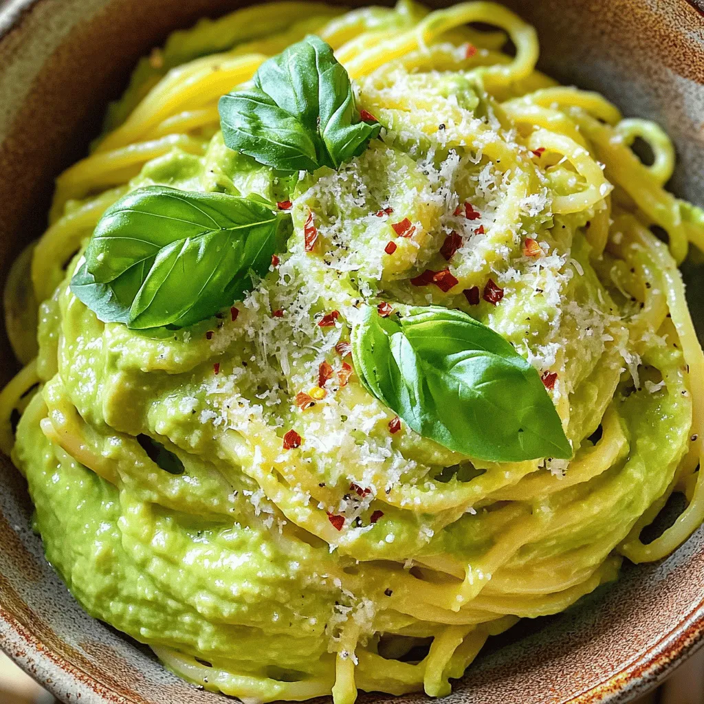 To make creamy avocado pasta, you need a few key ingredients. Here’s what you’ll need: - 2 ripe avocados, peeled and pitted - 2 cloves garlic, minced - 2 tablespoons fresh lemon juice - 1/4 cup extra virgin olive oil - 1/4 teaspoon red pepper flakes (adjust to taste) - Salt and pepper to taste - 12 ounces spaghetti (or pasta of choice) - 1/4 cup fresh basil leaves, chopped (plus extra for garnish) - 1/4 cup grated Parmesan cheese (optional) These ingredients work together to create a rich and creamy sauce. The avocados add a smooth texture, while the garlic and lemon juice give it a bright flavor. You can customize this dish to suit your taste. Here are some optional ingredients you might like: - Cherry tomatoes, halved - Spinach or arugula - Nuts, like pine nuts or walnuts - Cooked chicken or shrimp for protein - Different herbs like parsley or cilantro Feel free to mix and match these options. They can add extra color, texture, and flavor to your pasta. Garnishes can elevate your creamy avocado pasta. Here are some ideas to make your dish pop: - Extra chopped basil leaves - A sprinkle of grated Parmesan cheese - A drizzle of olive oil - Freshly cracked black pepper - Lemon zest for a citrus kick These garnishes add a nice touch. They not only make the dish look beautiful but also enhance the taste. For the full recipe, check out the instructions above! Start by boiling a large pot of salted water. Once the water is boiling, add 12 ounces of spaghetti or your favorite pasta. Cook it according to the package instructions until it is al dente. This usually takes about 8 to 10 minutes. Be sure to taste a piece to check if it’s done. When it is ready, scoop out 1 cup of the pasta water. This water is starchy and helps the sauce stick. Drain the pasta and set it aside in a large bowl. While the pasta cooks, you can make the delicious avocado sauce. Take 2 ripe avocados and peel them. Remove the pit and place the flesh into a blender or food processor. Add 2 cloves of minced garlic, 2 tablespoons of fresh lemon juice, and 1/4 cup of extra virgin olive oil. For a kick, throw in 1/4 teaspoon of red pepper flakes, plus salt and pepper to taste. Blend all the ingredients until they turn smooth and creamy. If the sauce is too thick, add a bit of the reserved pasta water until you reach the right consistency. Now comes the fun part! Pour the creamy avocado sauce over your drained pasta. Use a large spoon to toss everything together. Make sure every piece of pasta is coated with that rich sauce. If it seems too thick, add more of the reserved pasta water. For big flavor, gently mix in 1/4 cup of chopped fresh basil and, if you like, some grated Parmesan cheese. Serve this dish hot in bowls and enjoy the vibrant flavors. For the full recipe, check out the complete instructions. To get smooth avocado sauce, start with ripe avocados. Press gently; they should feel soft. If they are hard, let them ripen at room temperature. Once ripe, peel and pit them before blending. Blend until the mix is creamy and smooth. If it’s too thick, add a little pasta water. This helps achieve that perfect creamy texture. I love a little kick in my creamy avocado pasta. Start with 1/4 teaspoon of red pepper flakes. Taste after blending the sauce. If you want more heat, add more flakes. You can also use fresh chili or hot sauce. Just remember, it's easy to add but hard to take away! You can make this dish your own with a few simple add-ins. Try adding sun-dried tomatoes for a tangy touch. Fresh spinach adds color and nutrition. You can also mix in cooked chicken or shrimp for extra protein. For a nutty flavor, sprinkle in some toasted pine nuts. Each add-in brings its own twist to this creamy avocado pasta. For the full recipe, check out the details above! {{image_2}} You can switch up the pasta in this dish. Try whole wheat pasta for more fiber. Gluten-free pasta works well, too. You might use zoodles for a low-carb option. Even chickpea pasta adds protein and flavor. Each type brings its own taste. Experiment to find what you love best. To make this dish vegan, skip the Parmesan cheese. The creamy avocado sauce is rich enough without it. You can add nutritional yeast for a cheesy flavor. This keeps the dish plant-based and tasty. It’s a great way to enjoy the same flavors without dairy. Want to boost your meal? Add grilled chicken or shrimp for protein. Tofu or chickpeas also work well for a plant-based option. You can mix in cooked lentils for a hearty touch. These additions make your creamy avocado pasta even more filling and balanced. To keep leftover creamy avocado pasta fresh, place it in an airtight container. Make sure to seal it well. Store it in the fridge for up to two days. The sauce may thicken over time, but it will still taste great. If you have extra sauce, store it separately. This helps keep the pasta from getting mushy. When you're ready to eat the pasta again, reheat it gently. You can use a pan over low heat. Add a splash of water or olive oil to help loosen the sauce. Stir often to avoid burning. If you prefer, you can microwave it. Place the pasta in a microwave-safe dish, cover it, and heat in short bursts. Stir in between to ensure even heating. If you want to save your creamy avocado pasta for later, freezing is an option. However, the texture might change once it thaws. To freeze, place the pasta in a freezer-safe container. Make sure to keep it airtight. It can last up to three months in the freezer. When you're ready to eat, thaw it in the fridge overnight. Reheat as mentioned earlier. Enjoy the creamy goodness even after some time! For the full recipe, check out Creamy Avocado Pasta. Yes, you can use overripe avocados. They are very soft and creamy. This works well for creamy avocado pasta. Just check for any dark spots or bad smells. If they seem fine, go ahead and use them. They will still taste great! To stop the avocado from browning, use lemon juice. The acid in lemon juice slows down the browning process. You can add a bit more lemon juice to the sauce. Store any leftovers in an airtight container too. Cover the surface of the sauce with plastic wrap. This helps keep it fresh. You can serve creamy avocado pasta with several side dishes. A simple green salad pairs well. Roasted vegetables add a nice touch too. You can also try garlic bread for a crunchy side. If you want protein, grilled chicken or shrimp work great. Check out the Full Recipe for more ideas! You now know how to make creamy avocado pasta from start to finish. We explored key ingredients, cooking steps, and tips for perfecting texture. You learned how to customize the dish and even store leftovers. This recipe is simple yet offers many ways to make it your own. Embrace your creativity in the kitchen. Enjoy your tasty pasta and share it with others!