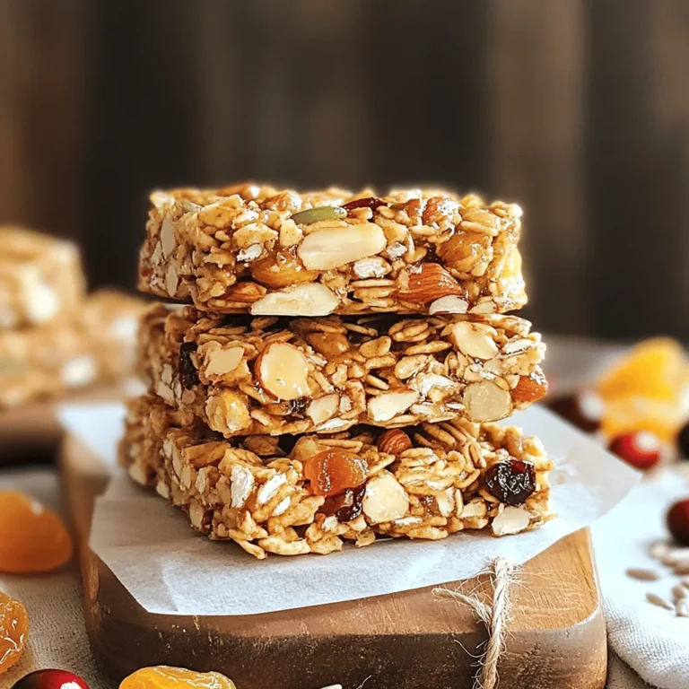 - 2 cups rolled oats - 1 cup mixed nuts (almonds, pecans, walnuts), chopped - 1/2 cup sunflower seeds - 1/2 cup honey or maple syrup - 1/4 cup almond butter or peanut butter - 1/2 teaspoon vanilla extract - 1/2 teaspoon cinnamon - 1/4 teaspoon sea salt - 1/2 cup dried fruits (cranberries, apricots, or raisins), chopped if large I love making homemade granola bars because they are tasty and easy. You start with rolled oats, which give them a nice chewy texture. I usually mix in nuts like almonds, pecans, and walnuts for a crunch. Sunflower seeds add a delightful pop, too. For sweetness, I choose either honey or maple syrup. Both work great. Almond butter or peanut butter helps bind everything together. It also gives a rich flavor. Now, let’s talk about flavor. Adding vanilla extract brings warmth, while cinnamon gives a cozy touch. A little sea salt helps balance the sweetness perfectly. Dried fruits add a fruity burst and chewiness. My favorites are cranberries, apricots, or raisins. You can chop them if they are too big. For the full recipe, check out the [Full Recipe]. You can mix and match these ingredients based on what you like. That’s the fun part! - Preheat the oven to 350°F (175°C). - Line an 8x8 inch baking dish with parchment paper. Leave some overhang for easy removal. - In a large bowl, combine 2 cups of rolled oats, 1 cup of chopped mixed nuts, and 1/2 cup of sunflower seeds. Mix well. - In a small saucepan over low heat, melt 1/2 cup of honey or maple syrup with 1/4 cup of almond butter. Stir continuously. - Once melted, remove from heat and mix in 1/2 teaspoon of vanilla extract, 1/2 teaspoon of cinnamon, and 1/4 teaspoon of sea salt. - Pour the warm mixture over the dry ingredients. Stir until all the oats and nuts are coated. - Fold in 1/2 cup of chopped dried fruits, mixing until well distributed. - Transfer the mixture to the prepared baking dish. Press down firmly with a spatula or your hands. - Bake in the preheated oven for 20-25 minutes or until golden brown. - Remove from the oven and let it cool completely in the pan on a wire rack. - Once cool, use the parchment paper to lift the granola out and cut into bars or squares. This simple method makes delicious granola bars that are easy to customize. You can find the full recipe earlier in this article. Enjoy your tasty and nutritious homemade snack! To get that perfect crunch, I suggest using a mix of nuts. Almonds, pecans, and walnuts all add great flavor and texture. You can also play with the baking time. Bake for 20 minutes for softer bars or 25 minutes for a crunchier finish. You can make your granola bars special by adding spices. Try nutmeg or ginger for a warm taste. If you want a sweet touch, mix in some chocolate chips. They melt slightly and add a nice richness. For a beautiful look, stack your bars neatly on a wooden board. You can also wrap them in parchment paper. This makes them easy to grab on the go. If you want to impress, store them in a mason jar. It looks nice and keeps them fresh. If you want the full recipe, check out the Crunchy Nutty Granola Bars section. {{image_2}} If you want a nut-free granola bar, it's easy to make. You can swap out the nuts for seeds. Try using extra sunflower seeds or pumpkin seeds. Puffed rice also works well. This keeps the crunch while making it safe for those with nut allergies. To make your bars vegan, use maple syrup instead of honey. This adds a nice sweetness. You can also change almond butter for another plant-based spread, like sunflower seed butter or tahini. These swaps keep your bars creamy and delicious without animal products. Want to boost the protein? You can add protein powder right into the mix. This works great if you are active or need extra energy. Another option is to use cooked quinoa instead of some oats. Quinoa adds protein and a nice texture to your bars. You can find the full recipe and start making your own tasty granola bars today! To keep your homemade granola bars fresh, store them in an airtight container. This keeps moisture away and helps maintain their crunchy texture. You can keep them at room temperature for easy access. If you want them to last longer, refrigerate them. This also adds a nice chill to the bars. If you want to save some for later, wrap each bar individually. Use plastic wrap or foil to keep them fresh. You can freeze them for up to three months. When you're ready to eat, just thaw them at room temperature or in the fridge. This way, you’ll always have a tasty snack handy. Homemade granola bars are best enjoyed fresh. They can last 1-2 weeks at room temperature. After that, they may lose their crunchiness and flavor. If you notice any changes in smell or texture, it’s best to toss them out. Enjoy them while they are fresh and tasty! Yes, but the texture will be softer. Maple syrup or agave nectar work well. Use certified gluten-free oats and ensure other ingredients are gluten-free. Make sure to press the mixture firmly into the baking dish before baking. Absolutely! You can mix and match nuts, seeds, and dried fruits to your liking. These homemade granola bars are simple and fun to make. You learned about the key ingredients, mixing steps, and baking process. I shared tips to enhance flavor and texture. You can adapt the recipe to fit your needs, whether nut-free or vegan. Remember to store them well for freshness. Enjoy your delicious, customized snacks!