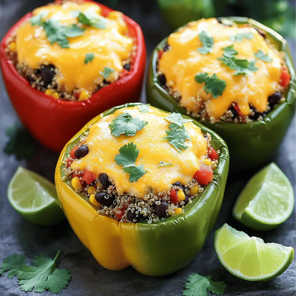 - 4 large bell peppers (any color) - 1 cup quinoa, rinsed - 2 cups vegetable broth - 1 can (15 oz) black beans, drained and rinsed - 1 cup corn kernels (fresh or frozen) - Diced tomatoes (canned or fresh) - 1 teaspoon cumin - 1 teaspoon smoked paprika - 1 cup shredded cheddar cheese (or dairy-free alternative) Stuffed bell peppers are a joy to make. The colors of the peppers pop, and they look great on the plate. Each bite is a mix of flavors and textures. You get the crunch from the peppers, the softness of the quinoa, and the hearty beans. Using quinoa as a base is smart. It’s not just tasty; it’s packed with nutrients. This meal is filling and good for you. The black beans add protein. They also bring a nice earthiness to the dish. Corn adds a sweet note that brightens every bite. The spices are simple but powerful. Cumin gives a warm, nutty flavor. Smoked paprika adds a bit of depth. Together, they make the stuffing sing. Finally, the cheese brings everything together. It melts beautifully and adds creaminess to the dish. You can find the full recipe for these stuffed bell peppers in our guide. Enjoy crafting a meal that is both colorful and nutritious! First, you need to preheat your oven to 375°F (190°C). This step warms the oven so your peppers bake evenly. While the oven heats, trim the tops off the bell peppers. Remove the seeds and membranes inside. This way, the peppers are ready to hold your tasty filling. I like to brush the outside with a little olive oil. This gives them a nice color and flavor when baking. In a saucepan, combine 1 cup of rinsed quinoa with 2 cups of vegetable broth. Bring this mixture to a boil. Once it boils, lower the heat to a simmer. Cover the pan and cook for about 15 minutes. This helps the quinoa become fluffy and absorb all the liquid. After cooking, take it off the heat and let it cool for a few minutes. In a large mixing bowl, combine your cooked quinoa with the other ingredients. Add the black beans, corn, diced tomatoes, and spices like cumin and paprika. It's important to season this mixture to taste with salt and pepper. Mixing well ensures every bite is full of flavor. Now, it’s time to fill the peppers. Spoon the quinoa mixture into each bell pepper. Press down gently to pack the filling well. Once filled, sprinkle the remaining cheddar cheese on top. Cover the baking dish with foil and place it in the oven. Bake for 25 minutes. After that, take off the foil and bake for another 10-15 minutes. You want the cheese to be bubbly and golden. Once done, let them cool for a few minutes before serving. Enjoy your delicious stuffed bell peppers! For the complete recipe, check out the Full Recipe. To ensure even filling distribution, fill each pepper with care. Start by spooning in the mixture and press down lightly. This helps pack the filling inside. When you fill the peppers evenly, every bite is full of flavor. To prevent peppers from getting soggy, avoid overcooking. Bake them just until the cheese is bubbly and golden. If you want extra crispiness, bake them uncovered for the last few minutes. You can also lightly brush the insides with olive oil before filling. Consider adding more spices for a kick. A pinch of cayenne or chili powder can add heat. You can also mix in herbs like oregano or basil for fresh flavors. If you like a tangy taste, add a splash of lime juice to the filling. Pair your stuffed peppers with fresh salad or a side of rice. A light, zesty dressing goes well with the dish. For drinks, serve a crisp white wine or sparkling water with lime. Modify cook times based on pepper size. Smaller peppers cook faster than larger ones. Start checking for doneness after 20 minutes if you use small peppers. You want them tender but not mushy. If you swap cheeses, adjust the cooking time. Soft cheeses melt fast, while hard cheeses take longer. Keep an eye on your peppers to avoid burning the cheese. For the full recipe, check the instructions above. {{image_2}} For a tasty vegetarian meal, you can swap meat with hearty beans or lentils. Black beans are a great choice, as they add fiber and protein. You can also use lentils for a slightly different texture. To boost flavor and crunch, add extra veggies, like zucchini or mushrooms. Chop them small so they mix well and keep the peppers light. If you want a lower-carb meal, try using cauliflower rice instead of quinoa. This swap cuts carbs and adds a nice crunch. You can simply pulse cauliflower florets in a food processor until they look like rice. For protein, use shredded chicken or turkey. These options keep the dish filling without the carbs from grains. Changing spices can take your stuffed peppers to new levels. For a Mexican twist, add taco seasoning and top with avocado. If you prefer Italian, use oregano and basil, then finish with mozzarella cheese. You can also switch up the cheese. Try feta for a tangy flavor or a dairy-free cheese for a vegan option. Get creative and find what flavors you love! For the full recipe, check out my cheesy quinoa and black bean stuffed bell peppers. After you enjoy your stuffed bell peppers, store any leftovers in the fridge. Keep them in an airtight container. This keeps the peppers fresh and tasty. If you have a lot, you can divide them into smaller portions. This way, it's easier to reheat later. If you want to save some for later, freezing is a great option. First, let the stuffed peppers cool completely. Then, wrap each pepper in plastic wrap. Place them in a freezer-safe bag or container. This method helps keep out air and prevents freezer burn. When you’re ready to eat, thaw them in the fridge overnight. For reheating, pop them in the oven at 350°F (175°C) until heated through. Stuffed bell peppers stay fresh in the fridge for about 3-4 days. If you freeze them, they can last for up to 3 months. Always check for signs of spoilage. If the peppers smell off or look slimy, it’s best to toss them. Keeping track of how long they’ve been stored helps you enjoy them at their best! To cook stuffed bell peppers, you need about 50 minutes. This includes 15 minutes for prep and 35 minutes for baking. You can make the filling while the oven heats up. Once the peppers bake, they become soft and tasty. Yes, you can make stuffed bell peppers ahead. Prepare the filling and stuff the peppers. Cover them and store them in the fridge for up to two days. Just bake them when ready to serve. This saves time on busy days. Stuffed bell peppers pair well with many sides. Try a fresh salad or garlic bread. Rice or quinoa works too. For drinks, serve iced tea or a light white wine. These choices balance the flavors and create a complete meal. You can easily customize the fillings. For a meat option, use ground turkey or beef. For a vegetarian dish, add more beans or any veggies you like. You can also use rice, farro, or even lentils. This makes the dish fit any diet. Stuffed bell peppers offer a fun and healthy meal. We explored main and additional ingredients, spices, and toppings. I provided clear step-by-step instructions for easy prep. You learned tips for perfecting texture and flavor. There are endless variations to suit your taste. Plus, I shared useful storage info for leftovers. Now you can create your own delicious stuffed peppers. Enjoy experimenting with flavors and ingredients. Your tasty dish awaits!
