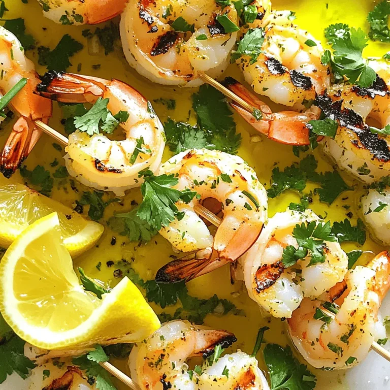 To create the perfect Lemon Garlic Herb Grilled Shrimp, gather the following ingredients: - 1 pound large shrimp, peeled and deveined - 4 cloves garlic, minced - Zest and juice of 1 large lemon - 1/4 cup olive oil - 1 tablespoon fresh parsley, chopped - 1 tablespoon fresh cilantro, chopped - 1 teaspoon dried oregano - 1/2 teaspoon red pepper flakes (optional) - Salt and pepper to taste - Lemon wedges for serving Each ingredient plays a key role in building flavor. The shrimp brings a sweet and juicy base. Garlic adds a rich, savory punch. Lemon zest and juice give brightness and balance. Olive oil adds smoothness and helps the shrimp cook evenly. The herbs, like parsley and cilantro, offer freshness. Dried oregano rounds out the flavor with a hint of earthiness. If you want a kick, add red pepper flakes. Finally, seasoning with salt and pepper enhances all the flavors. Using fresh ingredients makes a big difference. Fresh shrimp has better texture and taste. Fresh herbs provide vibrant notes that dried herbs can’t match. When you combine these ingredients, you create a marinade that turns ordinary shrimp into a flavorful delight. For the full recipe, check the details above. First, gather your ingredients. In a medium bowl, combine the minced garlic, lemon zest, lemon juice, and olive oil. Add chopped parsley and cilantro, followed by the dried oregano. If you like some heat, toss in red pepper flakes. Season with salt and pepper to taste. Mix everything well until combined. This mixture will be your flavorful marinade. Next, add the peeled and deveined shrimp to the marinade. Ensure each shrimp is well coated in the mixture. Once coated, cover the bowl with plastic wrap. Place it in the fridge for at least 30 minutes. For a deeper flavor, marinate for up to 2 hours. The shrimp will soak up all that lemony goodness. Now, it’s time to grill! Preheat your grill to medium-high heat. While the grill heats, remove the shrimp from the marinade. Let any excess marinade drip off. Discard the leftover marinade. If you’re using skewers, thread the shrimp onto them. If your skewers are wooden, soak them in water for 30 minutes first. This helps prevent burning. Place the shrimp skewers on the grill. Cook each side for about 2-3 minutes. The shrimp will turn opaque and develop nice grill marks. Once done, remove them from the grill. Serve immediately with fresh lemon wedges on the side. Enjoy this tasty dish with your loved ones. For a detailed recipe, check the Full Recipe. To get the best flavor, marinate your shrimp for at least 30 minutes. This gives the garlic, lemon, and herbs time to soak in. If you have time, let them marinate for up to 2 hours. This deeper flavor makes your shrimp shine! For perfect grill marks, make sure your grill is hot. Preheat it to medium-high heat, about 375°F (190°C). Place the shrimp on the grill and cook for 2-3 minutes per side. Look for that nice opaque color and grill marks. Don’t overcrowd the grill. Give each shrimp space to cook evenly. Pair your shrimp with fresh sides. A light salad or grilled veggies work great. You can also serve them with rice or quinoa for a hearty meal. Add lemon wedges on the plate for a fresh touch. This makes for a beautiful and tasty presentation. Check out the Full Recipe for more tips! {{image_2}} You can add different herbs or spices to change the taste. Try fresh basil or dill for a twist. You can also use smoked paprika for a deeper flavor. If you want some heat, add more red pepper flakes. This can give the dish a nice kick. Not everyone has a grill, and that is okay! You can broil the shrimp in your oven. Just place them on a baking sheet and set your oven to broil. Cook for about 2-3 minutes per side. Alternatively, you can sauté the shrimp in a pan on the stove. Use olive oil and cook on medium heat until they are opaque. Both methods work great for this recipe. You can easily make this dish gluten-free. Just check your olive oil and seasonings to ensure they are safe. To make it low-carb, skip the bread or pasta sides. Instead, serve with a fresh salad or grilled veggies. These options keep the meal light and healthy. For the full recipe, refer to the main article. To keep your Lemon Garlic Herb Grilled Shrimp fresh, store it in the fridge. Place the shrimp in an airtight container. This helps prevent any smells from other foods. It’s best to eat the leftovers within 2 days. If you follow this, your shrimp will stay tasty and safe. To reheat, avoid using the microwave if you can. Instead, warm the shrimp in a skillet. Heat it on low and stir gently. This method helps keep the shrimp juicy and avoids rubbery texture. You can add a splash of lemon juice to boost flavor as you warm it up. If you want to freeze grilled shrimp, first let it cool completely. Wrap the shrimp tightly in plastic wrap and then in foil. This keeps out air and prevents freezer burn. Label the package with the date. You can freeze it for up to 3 months. When you’re ready to eat, thaw it in the fridge overnight before reheating. This way, the shrimp stays delicious! To make this dish, start by mixing the marinade. In a medium bowl, add minced garlic, lemon zest, lemon juice, olive oil, chopped parsley, chopped cilantro, oregano, and red pepper flakes. Stir it well to combine. Then, add the shrimp. Coat them well in the marinade. Cover the bowl with plastic wrap and put it in the fridge for at least 30 minutes. For deeper flavor, you can marinate for up to 2 hours. Next, preheat your grill to medium-high heat, around 375°F. Take the shrimp out and let the excess marinade drip off. Discard the remaining marinade. If you have wooden skewers, soak them in water for 30 minutes to prevent burning. Thread the shrimp onto the skewers and grill them for about 2-3 minutes on each side. The shrimp are done when they turn opaque and have nice grill marks. Serve them hot with lemon wedges on the side. You can use frozen shrimp for this recipe. Just ensure they are fully thawed before marinating. To thaw shrimp, place them in a bowl of cold water for about 20-30 minutes. Avoid using hot water as it can cook the shrimp. Fresh shrimp do taste better, but frozen shrimp works well too. Just remember to pat them dry before adding to the marinade for the best results. Grilled shrimp pairs nicely with many side dishes. Here are some great options: - Rice: A light lemon or herb rice complements the shrimp well. - Salad: A fresh garden salad or a simple mixed greens salad adds crunch. - Grilled Veggies: Try zucchini, bell peppers, or asparagus for a colorful side. - Pasta: A light lemon garlic pasta is a perfect match. - Bread: Serve with crusty bread to soak up the shrimp’s flavors. Feel free to mix and match these sides to create a delightful meal. For the full recipe, check out the Lemon Garlic Herb Grilled Shrimp recipe. This blog post covered how to make Lemon Garlic Herb Grilled Shrimp. We listed key ingredients and provided easy steps to prepare and grill shrimp. You learned tips for perfecting flavor and variations for different diets. Remember to store or reheat leftovers to keep them fresh. Grilled shrimp is versatile and pairs well with many sides. Enjoy your cooking journey and try out new flavors! Your taste buds will thank you.