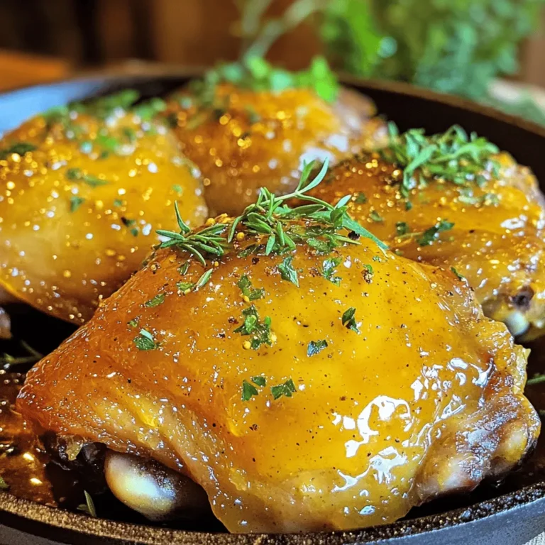 - 4 chicken thighs, skin-on and bone-in - 1/4 cup honey - 1/4 cup Dijon mustard - 2 tablespoons olive oil - 2 cloves garlic, minced - 1 teaspoon rosemary, finely chopped - 1 teaspoon thyme, finely chopped - Salt and pepper to taste - Fresh parsley, chopped (for garnish) The main ingredients create that sweet and tangy flavor. The honey adds a rich sweetness, while the Dijon mustard provides a nice bite. Together, they make the chicken juicy and full of taste. The olive oil helps the chicken brown nicely. Garlic brings depth, while rosemary and thyme add herb notes. Don’t forget salt and pepper; they enhance all the flavors. I love garnishing with fresh parsley. It adds color and freshness to the dish. You can find all these ingredients in most grocery stores. For a detailed guide, check the Full Recipe. - Preheat oven to 400°F (200°C). - In a mixing bowl, add honey, Dijon mustard, olive oil, minced garlic, rosemary, thyme, salt, and pepper. Whisk until smooth. - Place chicken thighs in a large resealable bag. - Pour the marinade over the chicken. Make sure it coats all sides. - Seal the bag and let it marinate in the fridge for at least 30 minutes. This helps the flavors soak in. - Heat a large, oven-safe skillet over medium-high heat. - Add a splash of olive oil to the hot skillet. - Place the chicken thighs skin-side down in the skillet. Sear for about 5 minutes. The skin should be crispy and golden brown. - Carefully flip the chicken thighs. Pour the leftover marinade over them. - Transfer the skillet to the preheated oven. Bake for 25-30 minutes. The chicken should reach an internal temperature of 165°F (74°C). - After cooking, remove from the oven. Let the chicken rest for about 5 minutes before serving. - Garnish with fresh parsley for a nice touch. For the full recipe, refer to the earlier sections. To make a great honey mustard marinade, you can add extra flavors. Consider using lemon juice for brightness or soy sauce for saltiness. A dash of hot sauce can add a nice kick. The best time to marinate chicken is at least 30 minutes. For deeper flavor, marinate for up to 2 hours in the fridge. For crispy skin, start by searing the chicken thighs skin-side down. Heat your skillet on medium-high until it's hot. This helps brown the skin and adds flavor. To check for doneness, use a meat thermometer. The chicken should reach 165°F (74°C). The juices should run clear when you cut into it. Honey mustard chicken pairs well with many sides. Try serving it with roasted veggies or mashed potatoes. A fresh green salad adds a nice crunch. For a pretty plate, arrange the chicken on a bed of greens. Sprinkle chopped parsley on top for a pop of color. For the full recipe, check out the detailed steps provided above. {{image_2}} You can change the chicken thighs to other cuts. Try chicken breasts or drumsticks instead. Each cut brings its own flavor and texture. If you want a lighter dish, use turkey thighs. For sweetness, swap honey for maple syrup or agave nectar. You can also use whole grain mustard instead of Dijon. This gives a different taste but still works well. Want to spice things up? Add cayenne pepper or red pepper flakes for heat. You can also mix in smoked paprika for a deeper flavor. For a one-pan meal, toss in chopped veggies. Carrots, potatoes, and bell peppers roast well with the chicken. They soak up the tasty juices. If you need gluten-free options, check your mustard label. Some brands add gluten. You can use rice or quinoa as a side. For low-carb meals, serve the chicken with a fresh salad. If you prefer a vegan dish, try using tofu or tempeh. Marinade these in the same honey mustard mix for a delicious plant-based meal. For the full recipe, don’t forget to check the main section! To store leftover honey mustard chicken thighs, place them in an airtight container. This helps keep the chicken fresh. You can also wrap them tightly in foil or plastic wrap. In the fridge, the chicken stays good for about 3 to 4 days. If you want to save the chicken longer, freezing is a great option. Wrap each thigh in plastic wrap. Then place them in a freezer-safe bag. This way, they won’t get freezer burn. The chicken can last in the freezer for about 3 months. When you’re ready to eat, take the chicken out and thaw it in the fridge overnight. To reheat, place it in the oven at 350°F (175°C) until warmed through. This keeps the chicken juicy and tasty. Enjoy this simple and tasty delight anytime! For more details on how to prepare this dish, check the Full Recipe. You can serve honey mustard chicken thighs with several tasty sides. Here are some great options: - Roasted vegetables like carrots and broccoli - Creamy mashed potatoes or sweet potatoes - Steamed rice or quinoa - A fresh garden salad with light dressing - Crusty bread to soak up the juices These sides balance the sweet and tangy flavors of the chicken. Yes, you can use boneless chicken thighs. They will cook faster than bone-in thighs. Make sure to adjust the cooking time to about 20-25 minutes. Check for an internal temperature of 165°F (74°C) to ensure they're done. For the best flavor, marinate the chicken for at least 30 minutes. If you have time, letting it sit for up to 2 hours works even better. The longer the chicken marinates, the more it absorbs those yummy flavors. Absolutely! To grill honey mustard chicken thighs, follow these steps: 1. Marinate the chicken as usual. 2. Preheat your grill to medium-high heat. 3. Grill the chicken for about 6-7 minutes per side. 4. Use a meat thermometer to check for doneness. Aim for 165°F (74°C). Grilling adds a nice char and smoky flavor. Enjoy your meal! For the full recipe, check out the complete instructions. This recipe for honey mustard chicken thighs offers a tasty way to enjoy a classic dish. You learned about the key ingredients and easy preparation steps. I shared tips to enhance flavors and ensure perfect cooking. Don't forget the variations that can fit different diets or preferences. Whether you stick to the basics or mix it up, you’ll make a delicious meal. Enjoy experimenting, and remember, cooking is all about fun and flavor!