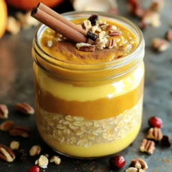 - 1 cup rolled oats - 1 cup almond milk (or any milk of your choice) - 1/2 cup canned pumpkin puree - 1 tablespoon maple syrup - 1 teaspoon pumpkin pie spice - 1/2 teaspoon vanilla extract - Pinch of salt - Optional toppings: chopped nuts, dried cranberries, coconut flakes, or yogurt To make pumpkin spice overnight oats, you need a few simple ingredients. Rolled oats form the base. They soak up the milk and flavor well. I love using almond milk, but feel free to choose your favorite. Canned pumpkin puree adds creaminess and a rich taste. The maple syrup gives it a sweet touch. Pumpkin pie spice adds that warm, cozy flavor we all love. A dash of vanilla makes everything better. Lastly, a pinch of salt balances the sweetness. You can also add toppings for extra crunch and flavor. Chopped nuts give a nice texture. Dried cranberries offer a sweet and tangy bite. Coconut flakes add a tropical twist, while yogurt can make it creamy. Check the [Full Recipe] for more details on preparation and serving ideas. - Combine ingredients in a mixing bowl or mason jar. - Stir well until fully incorporated. - Cover and refrigerate overnight. Making pumpkin spice overnight oats is easy and fun. First, gather all your ingredients. You will need rolled oats, almond milk, pumpkin puree, maple syrup, pumpkin pie spice, vanilla extract, and a pinch of salt. This mix creates a creamy and flavorful base. Next, place your rolled oats in a bowl or a mason jar. Add the almond milk and pumpkin puree. Then, pour in the maple syrup and sprinkle the pumpkin pie spice. Don’t forget the vanilla extract and salt! Now, stir everything together until it’s well mixed. You want all the oats to soak in the liquid. This step is key for flavor. Once it looks good, cover your bowl or seal the jar. Finally, pop it in the fridge. Let it chill overnight. This soaking time is where the magic happens! - Give the oats a good stir before serving. - Add desired toppings for flavor and texture. In the morning, your oats will be ready. Take them out of the fridge and give the mixture a good stir. If it looks too thick, don’t worry. Just add a splash of almond milk to get your preferred texture. Now it’s time to serve! You can enjoy your oats in a bowl or right from the jar. For extra fun, add toppings. Some great choices are chopped nuts, dried cranberries, coconut flakes, or a dollop of yogurt. These toppings add crunch and sweetness. - Reference for detailed ingredient quantities and preparation methods. If you want the exact amounts and all the steps, check out the Full Recipe. It provides all the details to make this delightful dish perfectly! You can make this recipe your own. Try different milk options, like oat or soy milk. This can change the flavor and texture. Adjust the sweetness by using more or less maple syrup. Taste as you go to get it just right. To change the thickness, add more milk if you want it thinner. If you like a richer flavor, let it soak longer. The oats will absorb more pumpkin and spice, making each bite tasty. Serving your oats in clear jars makes them look great. You can see the layers, which is fun! Add extra spices on top for a nice touch. A sprinkle of cinnamon can bring out the fall vibe, making your breakfast even more inviting. {{image_2}} You can change the flavor of your oats easily. Try using apple puree instead of pumpkin. This adds a sweet and fruity taste that feels like fall. Another idea is to swap pumpkin spice for chai spice. This gives your oats a warm, spicy kick that's perfect for cozy mornings. Get creative with your ingredients! You can blend in chia seeds or flaxseeds for a nutrient boost. These seeds add fiber and healthy fats to your oats. If you prefer a different sweetener, use honey instead of maple syrup. Honey gives a nice floral note that pairs well with pumpkin. If you're vegan, simply use a plant-based yogurt. This keeps your oats creamy without dairy. For those who need gluten-free options, use certified gluten-free oats. This ensures you can enjoy this tasty dish without worry. To keep your pumpkin spice overnight oats fresh, store them in airtight containers in the refrigerator. This method prevents the oats from drying out or absorbing unwanted odors. You should enjoy them within 3-5 days for the best taste and texture. If you made a big batch, you can freeze the oats. Portion them into freezer-safe containers or bags. When you’re ready to eat, thaw them overnight in the fridge. This way, you can have a quick breakfast ready to go. You can enjoy your oats cold straight from the fridge. If you prefer warm oats, reheat them gently in the microwave. Just heat in short bursts, stirring in between to ensure even warmth. To make great overnight oats, start with a bowl or jar. Mix your rolled oats, almond milk, pumpkin puree, maple syrup, pumpkin pie spice, vanilla, and a pinch of salt. Stir well to combine everything. Make sure the oats are fully covered in the liquid. Cover the jar or bowl tightly. Then, place it in the fridge overnight. This soaking time helps the oats absorb the flavors. Yes, you can use instant oats, but the texture will be different. Instant oats cook faster and will be softer. You need less soaking time, around 30 minutes to 1 hour. Rolled oats keep a nice chewiness that many enjoy. If you like creamy oats, instant oats work well. But for a heartier bite, stick with rolled oats. Pumpkin spice overnight oats stay fresh for 3 to 5 days in the fridge. Proper storage is key. Use an airtight container to keep them safe. After a few days, the flavor may fade, but they stay safe to eat. If you want the best taste, enjoy them within the first couple of days. This keeps the oats fresh and flavorful. In this blog post, we explored making delicious pumpkin spice overnight oats. You learned about the key ingredients, preparation steps, and how to customize your oats. We also shared storage tips to keep them fresh and tasty. These oats are flexible and fun to make. They fit different tastes and diets. Feel free to switch ingredients and enjoy a tasty meal. Now, get creative in your kitchen and enjoy your oats!