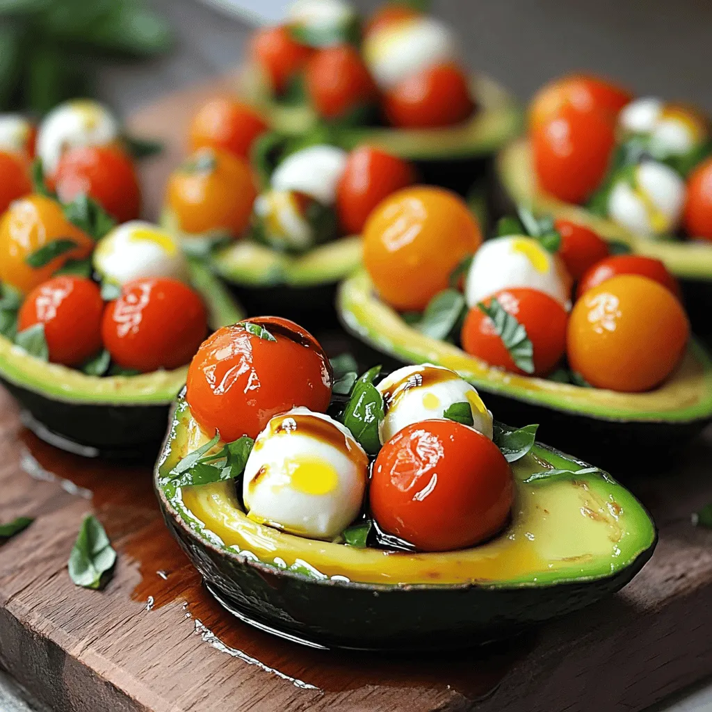 - 2 ripe avocados - 1 cup cherry tomatoes, halved - 1 cup fresh mozzarella balls (bocconcini), drained - 1/4 cup fresh basil leaves, chopped - 2 tablespoons balsamic glaze - 1 tablespoon olive oil - Salt and pepper to taste Each ingredient in Caprese stuffed avocados brings unique benefits. Avocados are rich in healthy fats and fiber. They help keep your heart healthy and your tummy full. Cherry tomatoes add a burst of flavor and are low in calories. They are also packed with vitamins C and K. Fresh mozzarella brings creaminess and calcium, a key nutrient for strong bones. Basil not only adds flavor but also has antioxidant properties. Balsamic glaze gives a sweet and tangy touch, enhancing the dish's taste. Olive oil is a heart-healthy fat that adds richness to the recipe. If you’re missing an ingredient, don’t fret! You can swap cherry tomatoes for diced regular tomatoes. If you can’t find fresh mozzarella, use shredded mozzarella instead. For a dairy-free option, try vegan cheese. If basil isn’t available, parsley can add a fresh touch. Balsamic glaze can be replaced with lemon juice for a zesty kick. Olive oil can be swapped out for avocado oil, which has a similar flavor. These options keep the dish delicious while offering variety. For the complete guide, check the Full Recipe. First, gather your ingredients. You will need ripe avocados, cherry tomatoes, mozzarella balls, basil, balsamic glaze, and olive oil. Start by cutting each avocado in half. Remove the pit with care. Use a spoon to scoop out some flesh. This gives you more room for your tasty filling. Set the scooped avocado aside in a bowl. In the bowl with the scooped avocado, mix in the halved cherry tomatoes and mozzarella balls. Add the chopped basil, olive oil, salt, and pepper. Stir gently until all the ingredients blend well but stay chunky. Now, take this delightful mixture and fill each avocado half. Press it down slightly so it stays put. Once filled, drizzle balsamic glaze over the top for extra flavor. This adds a nice sweet touch to your dish. If you like, add a few extra basil leaves on top for a pop of color. A light sprinkle of salt enhances the taste as well. Now, your Caprese stuffed avocados are ready to impress! For more details, check the Full Recipe. When you pick an avocado, you want it to feel just right. Gently press the skin. If it gives a little, it’s ripe. If it feels hard, it needs more time. Avoid avocados with dark spots or dents. These signs mean the fruit may be overripe or spoiled. Caprese stuffed avocados shine as a light lunch or snack. Pair them with crusty bread for a tasty bite. You can also serve them on a bed of mixed greens. The fresh flavors mix well with a crisp salad. For a fun twist, add grilled chicken or shrimp for protein. Make your dish pop with color. Place the stuffed avocados on a bright plate. Drizzle extra balsamic glaze artfully around the avocado. Add a few whole basil leaves on top for a splash of green. You can also sprinkle some cracked pepper for a touch of elegance. This makes the dish more inviting and fun to eat. For the complete recipe, check out the Full Recipe. {{image_2}} You can switch up the Caprese stuffed avocados. Try adding cooked shrimp or diced chicken for protein. You can also mix in some red onion or bell peppers for crunch. If you love spice, add jalapeños or red pepper flakes. Fresh corn brings sweetness and texture, too! To boost flavor, consider using pesto instead of olive oil. It adds a rich taste that pairs well with the other ingredients. A squeeze of lemon juice brightens the dish and adds zest. For a smoky twist, try smoked mozzarella or add grilled vegetables. These small changes can turn this dish into a new favorite. If you follow a vegan diet, use vegan mozzarella or skip the cheese entirely. You can replace the balsamic glaze with a homemade vinaigrette. For gluten-free needs, this recipe is already safe, as all ingredients are gluten-free. Adjust the ingredients to fit your dietary needs while keeping the dish tasty. For the full recipe, check out the Caprese Stuffed Avocados! To store leftover Caprese stuffed avocados, place them in an airtight container. Make sure to cover them tightly to keep the air out. This helps slow down browning. If you have extra filling, store it in a separate container. This keeps the avocados fresh longer. Caprese stuffed avocados are best enjoyed fresh. However, if you want to reheat them, do it gently. Place them in the microwave for about 10-15 seconds. This warms them without cooking the avocado. Check the temperature before eating. You want them warm, not hot. Leftover stuffed avocados last about a day in the fridge. After that, the avocado may turn brown and mushy. If stored properly, the filling can last up to three days. If you notice any off smells or colors, it's best to toss them. Always trust your senses! Yes, you can prepare the stuffing ahead. Mix the cherry tomatoes, mozzarella, and basil. Keep this in the fridge for up to a day. Cut the avocados just before serving. This keeps them fresh and green. These stuffed avocados pair well with many dishes. Serve them with crispy bread or a light salad. You can also add grilled chicken for protein. A glass of white wine can make the meal special. To stop avocados from browning, use lemon or lime juice. Squeeze some juice on the cut sides. This slows down the browning process. You can also cover the avocados tightly with plastic wrap. Store them in the fridge for best results. In this article, we explored making Caprese Stuffed Avocados. We covered the best ingredients and their benefits. You learned how to prepare, stuff, and serve them. I shared tips on choosing ripe avocados and creative presentation ideas. Variations let you customize the dish to your taste. Lastly, we discussed storage and answered common questions. Caprese Stuffed Avocados are fun to make and taste great. Enjoy experimenting with your own ideas!