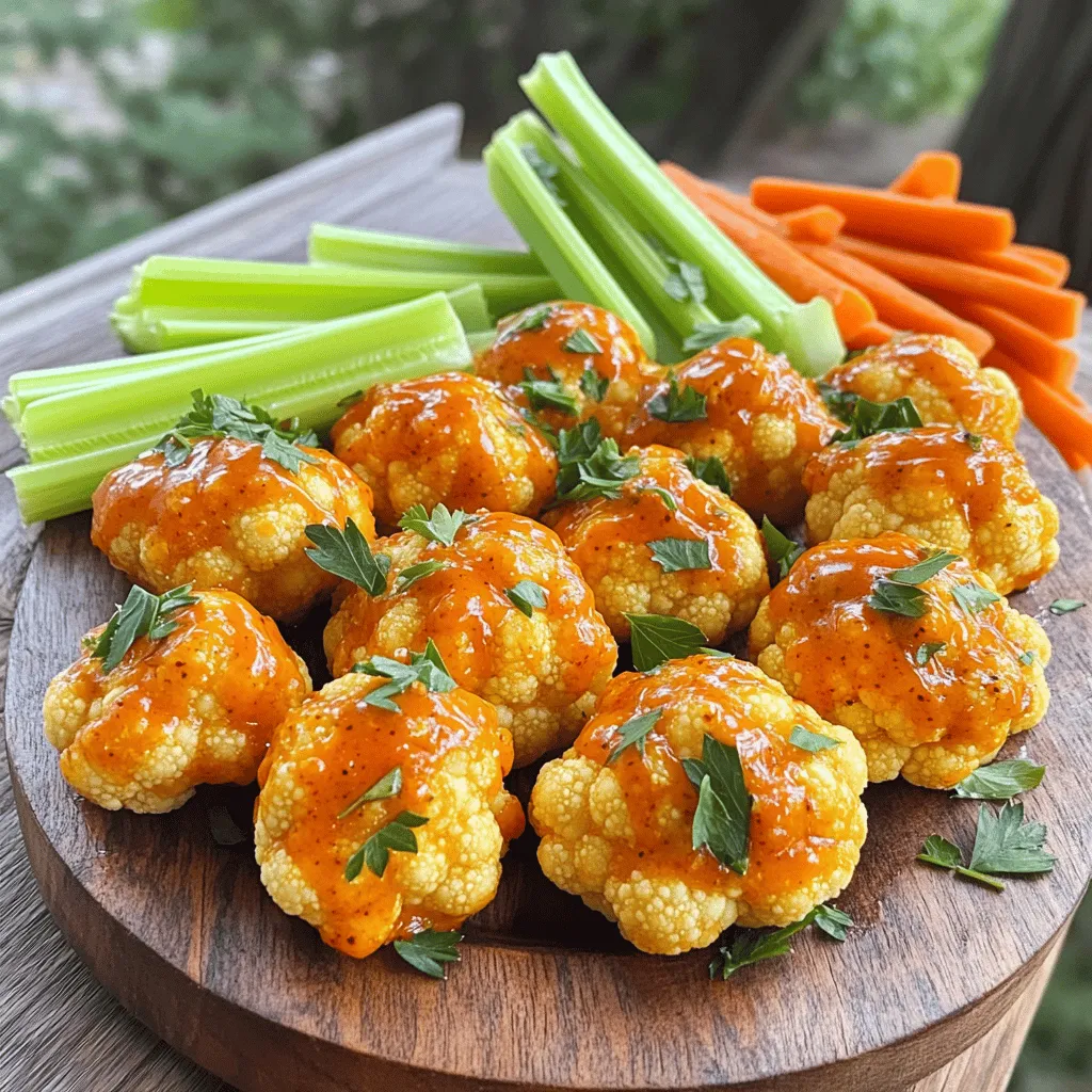 To make your buffalo cauliflower bites, gather these key ingredients: - 1 medium head cauliflower, cut into bite-sized florets - 1 cup all-purpose flour - 1 cup almond milk (or any non-dairy milk) The right seasonings make these bites pop. You will need: - 1 teaspoon garlic powder - 1 teaspoon onion powder - 1 teaspoon smoked paprika - ½ teaspoon salt - ½ teaspoon black pepper These spices add depth and flavor to your dish. The flour and almond milk create a tasty batter that coats the cauliflower. When it's time to serve, I recommend garnishing with fresh parsley. Place the bites on a platter alongside celery sticks and carrot sticks. This adds a fresh crunch. You can also serve them with ranch or blue cheese dressing for dipping. These bites are great for parties or a fun snack at home. Check out the Full Recipe for more details! Start by preheating your oven to 450°F (230°C). While the oven heats, line a baking sheet with parchment paper. This helps keep the bites from sticking. Next, cut one medium head of cauliflower into bite-sized florets. Make sure they are all about the same size for even cooking. In a mixing bowl, whisk together one cup of all-purpose flour, one teaspoon of garlic powder, one teaspoon of onion powder, one teaspoon of smoked paprika, half a teaspoon of salt, and half a teaspoon of black pepper. This blend adds great flavor to your bites. Gradually add one cup of almond milk, or any non-dairy milk, to the dry mix. Whisk until you have a smooth batter. Dip each cauliflower floret into the batter. Make sure each piece is fully coated. Place them on the lined baking sheet in a single layer. This helps them bake evenly. Drizzle two tablespoons of olive oil on top. Toss the florets gently to coat them well with the oil. Spread them out evenly on the sheet. Bake the cauliflower in the preheated oven for 20-25 minutes. Look for a golden and crispy texture. This step is key to getting that perfect bite. While the cauliflower bakes, prepare the buffalo sauce. In a large bowl, combine one cup of your favorite buffalo sauce with any leftover batter. This adds thickness and flavor. Once the cauliflower bites are crispy, take them out of the oven. Toss them in the buffalo sauce mixture until they are fully coated. Return the coated bites to the baking sheet. Bake for an additional 10 minutes. This deepens the flavor and adds an extra crunch. Before serving, garnish with chopped fresh parsley. Serve the buffalo cauliflower bites with celery and carrot sticks for a fresh touch. Enjoy your savory snack! For the full recipe, check out the recipe section. To make your Buffalo Cauliflower Bites extra crispy, use a high oven temperature. I recommend setting your oven to 450°F (230°C). This heat helps the cauliflower roast well. Make sure to space the florets apart on the baking sheet. If they touch, they will steam, not crisp. Drizzle olive oil over them for added crunch. Toss them gently so the oil coats each piece. For a flavor boost, try adding different spices. Consider cayenne pepper for heat or smoked paprika for a rich taste. You can mix in some nutritional yeast for a cheesy flavor too. Marinating the cauliflower in buffalo sauce before baking can deepen the taste. You can also switch up the batter. Use oat flour or chickpea flour for a different texture and taste. Pair your Buffalo Cauliflower Bites with tasty dipping sauces. Ranch dressing is a classic choice, but blue cheese adds a nice zing. For a healthier option, serve with a yogurt-based dip. You can even make a spicy avocado sauce by blending ripe avocado, lime juice, and a pinch of salt. These dips enhance the overall eating experience and balance the bold flavors of the bites. For the full recipe, check out the detailed steps above. {{image_2}} If you need a gluten-free option, switch the all-purpose flour for a gluten-free flour blend. This change keeps the batter light and crisp. You can use almond flour or chickpea flour as tasty alternatives. Both options work well with the spices in the recipe. Buffalo sauce can be spicy or mild based on your taste. For a spicy kick, use a traditional hot sauce like Frank’s RedHot. If you prefer mild flavors, choose a sauce that has a lower heat level. You can also mix hot sauce with butter or a little honey to balance the heat. Cauliflower is great, but you can experiment with other veggies too! Try using broccoli florets or even sliced bell peppers. These veggies hold up well in the oven and soak up the buffalo sauce nicely. For a fun twist, use zucchini or mushrooms for a different texture and taste. For the complete recipe, check the Full Recipe section. To store your buffalo cauliflower bites, let them cool first. Place them in an airtight container. Keep them in the fridge for up to three days. Make sure they are in a single layer if possible. This helps keep them crispier. When you're ready to eat the leftovers, preheat your oven to 350°F (175°C). Spread the cauliflower bites on a baking sheet. Heat them for about 10-15 minutes or until hot. You can also use an air fryer for quick reheating. Just cook them at 350°F (175°C) for about five minutes. You can freeze buffalo cauliflower bites for longer storage. Place them in a freezer-safe bag or container. Try to remove as much air as possible. They will stay fresh for about two months. To cook from frozen, bake them straight from the freezer. Just add a few extra minutes to the cooking time. Enjoy these tasty bites later with the Full Recipe! Yes, you can make Buffalo Cauliflower Bites in an air fryer. Air fryers cook food quickly and give it a nice crisp. To do this, set your air fryer to 400°F (200°C). Place the batter-coated cauliflower in a single layer. Cook for about 12-15 minutes. Shake the basket halfway through for even cooking. This method saves time and oil, making it a great option. If you want to skip the flour, try using chickpea flour or almond flour. Both options work well and add unique flavors. You can also use cornstarch for a gluten-free batter. Mix the alternative flour with the same seasonings, and add your non-dairy milk. This keeps the texture and taste similar to the original recipe. Making homemade buffalo sauce is easy and fun! Start with these simple steps: - Melt ½ cup of butter in a saucepan. - Stir in 1 cup of hot sauce (like Frank's RedHot). - Add 1 tablespoon of vinegar for tang. - Mix in 1 teaspoon of garlic powder for flavor. - Whisk everything together until smooth. You can adjust the heat by adding more hot sauce or a pinch of sugar for sweetness. This sauce is perfect for dipping or tossing your cauliflower bites. For the full recipe, check the earlier section. Buffalo cauliflower bites are fun and tasty. We covered key ingredients, from primary components to seasonings. I shared step-by-step instructions for baking and coating. With tips for crispiness and flavor, you can make them great every time. Variations let you customize for dietary needs. Don’t forget how to store leftovers, too. Now, you can enjoy this dish freshly made or reheated later. Try different sauces and veggies to find your favorite mix. Enjoy your cooking adventure with buffalo cauliflower!