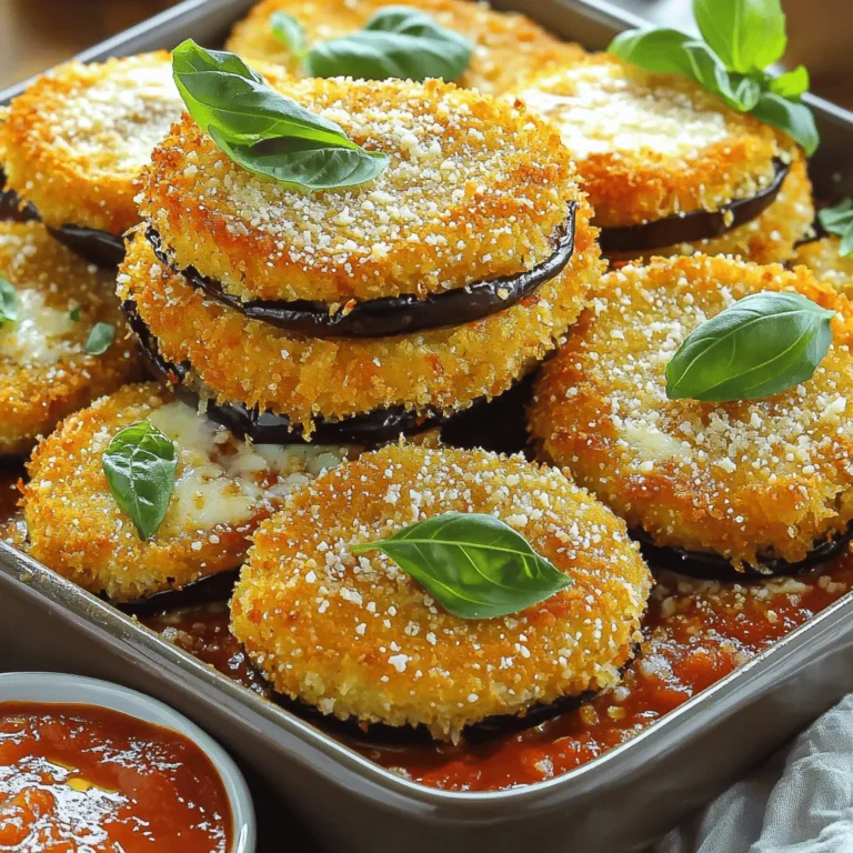 - 1 medium eggplant, sliced into 1/2-inch rounds - 1 cup all-purpose flour - 2 large eggs, beaten - 1 cup breadcrumbs (preferably Italian-style) - 1 cup marinara sauce, plus extra for dipping - 1 1/2 cups shredded mozzarella cheese - 1/2 cup grated Parmesan cheese - 1 teaspoon dried oregano - 1 teaspoon garlic powder - Salt and pepper to taste - Fresh basil leaves for garnish - Olive oil for frying When picking your eggplant, look for firm ones with shiny skin. They should feel heavy for their size. This means they are fresh and full of flavor. Before slicing, wash the eggplant well to remove any dirt. Sprinkle salt on the slices to draw out excess moisture. Let them sit for about 30 minutes. This step helps reduce bitterness and makes your bites crispier. Rinse and pat them dry after salting. If you want a lighter option, you can use whole wheat flour instead of all-purpose flour. You can also swap the breadcrumbs with crushed cornflakes for a gluten-free choice. For a creamier texture, try using provolone cheese with the mozzarella. If you prefer a different flavor, you can use fresh herbs like thyme or rosemary instead of dried oregano. Start by preheating your oven to 375°F (190°C). Line a baking sheet with parchment paper. Slice the eggplant into 1/2-inch rounds. Sprinkle them lightly with salt. This helps draw out moisture. Let them sit for about 30 minutes. Rinse the slices under cold water, then pat them dry with paper towels. This step helps avoid sogginess. Set up a breading station. Place flour in one bowl, beaten eggs in another, and breadcrumbs mixed with oregano, garlic powder, salt, and pepper in a third bowl. Dip each eggplant slice into the flour first. Make sure it is well-coated. Next, dip it into the egg, then coat it with the breadcrumb mixture. Press the breadcrumbs onto the slice to make sure they stick well. In a large skillet, heat olive oil over medium heat. Once it’s hot, fry the breaded eggplant slices. Cook them in batches, about 2-3 minutes on each side. They should turn golden brown. Transfer the fried slices to a paper towel-lined plate to drain excess oil. In a greased baking dish, start layering. Spread a thin layer of marinara sauce on the bottom. Add half of the fried eggplant. Then, add half of the marinara sauce, half of the mozzarella, and half of the Parmesan cheese. Repeat this for the second layer. Top the final layer with any remaining mozzarella and Parmesan cheese. Bake in the oven for 20-25 minutes. When the cheese is bubbly and golden brown, they are ready. Let the Eggplant Parmesan Bites cool slightly. Serve them hot with extra marinara sauce for dipping. Garnish with fresh basil leaves before serving. For the full recipe, check out the detailed instructions above! To keep your eggplant bites crispy, salt the slices first. Salt draws out moisture and helps reduce sogginess. After 30 minutes, rinse the slices and pat them dry. This step is key for crunch. Use fresh breadcrumbs for better texture. They stick well and give a nice crunch. Fry the eggplant slices in olive oil over medium heat. This prevents burning and ensures even cooking. Fry in small batches to keep the oil temperature steady. If the oil cools too much, the eggplant can absorb oil and become greasy. For a crispy finish, bake the bites after frying. This will also melt the cheese nicely. Serve your eggplant bites hot with extra marinara sauce for dipping. Fresh basil leaves add a nice touch. You can also pair them with a simple salad. A light green salad balances the richness of the bites. For a fun twist, try adding crushed red pepper flakes for some heat! {{image_2}} Eggplant Parmesan Bites are already vegetarian. You can add more veggies. Try layering in spinach or bell peppers. These will give extra flavor and nutrients. You can also switch to a different sauce, like pesto. It’s a fun twist! To make these bites gluten-free, switch the flour and breadcrumbs. Use almond flour or a gluten-free blend. For the breadcrumbs, try crushed gluten-free crackers. This keeps the crunch and taste while making it friendly for those with gluten issues. Cheese is key in this dish. You can mix it up. Use provolone for a sharper taste. Or try goat cheese for a creamy texture. Mixing mozzarella with cheddar or gouda can add a unique twist. Just remember, keep some Parmesan for that salty kick. To store your Eggplant Parmesan Bites, first let them cool. Place them in an airtight container. You can keep them in the fridge for up to three days. Make sure they are not stacked too high. This keeps them from getting soggy. When you want to enjoy your Eggplant Parmesan Bites again, preheat your oven to 350°F (175°C). Place the bites on a baking sheet. Heat them for about 10-15 minutes. This way, they will get warm and crispy again. You can also use a microwave, but the oven makes them taste better. If you want to freeze the bites, it’s best to freeze them before baking. After breading the eggplant, arrange them in a single layer on a baking sheet. Freeze them for an hour, then transfer them to a freezer bag. They can stay in the freezer for up to two months. When ready to cook, bake them straight from the freezer. Just add a few extra minutes to the cooking time. For the full recipe, check the link provided. Yes, you can make Eggplant Parmesan Bites ahead of time. Prepare them fully and store them in the fridge. You can bake them later. Just reheat in the oven. This helps keep them crispy. The best dipping sauces include marinara sauce, garlic aioli, or spicy ranch. Marinara pairs great with the cheesy bites. You can also try a basil pesto for a fresh twist. Each sauce enhances flavor. To make Eggplant Parmesan Bites spicier, add red pepper flakes to the breadcrumb mix. You can also use spicy marinara sauce. Another option is to add hot sauce to the egg mixture. Adjust according to your taste. For the full recipe, check the earlier section that lists all the ingredients and steps clearly. Enjoy making these tasty bites! Eggplant Parmesan bites are tasty and easy to make. We covered the key ingredients and preparation tips, so you'll be ready to cook. I shared steps for prepping, breading, and frying the eggplant. Don't forget the tips for making them crispy and the fun serving ideas. You can even try different variations or store leftovers for later. Enjoy making this dish and impressing everyone with your skills! Cooking can be fun and rewarding, especially with these simple bites.