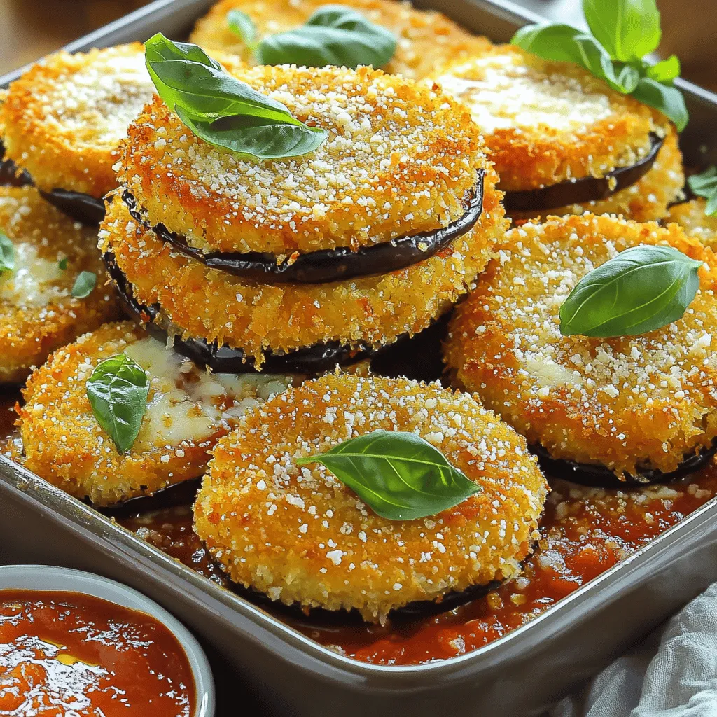 - 1 medium eggplant, sliced into 1/2-inch rounds - 1 cup all-purpose flour - 2 large eggs, beaten - 1 cup breadcrumbs (preferably Italian-style) - 1 cup marinara sauce, plus extra for dipping - 1 1/2 cups shredded mozzarella cheese - 1/2 cup grated Parmesan cheese - 1 teaspoon dried oregano - 1 teaspoon garlic powder - Salt and pepper to taste - Fresh basil leaves for garnish - Olive oil for frying When picking your eggplant, look for firm ones with shiny skin. They should feel heavy for their size. This means they are fresh and full of flavor. Before slicing, wash the eggplant well to remove any dirt. Sprinkle salt on the slices to draw out excess moisture. Let them sit for about 30 minutes. This step helps reduce bitterness and makes your bites crispier. Rinse and pat them dry after salting. If you want a lighter option, you can use whole wheat flour instead of all-purpose flour. You can also swap the breadcrumbs with crushed cornflakes for a gluten-free choice. For a creamier texture, try using provolone cheese with the mozzarella. If you prefer a different flavor, you can use fresh herbs like thyme or rosemary instead of dried oregano. Start by preheating your oven to 375°F (190°C). Line a baking sheet with parchment paper. Slice the eggplant into 1/2-inch rounds. Sprinkle them lightly with salt. This helps draw out moisture. Let them sit for about 30 minutes. Rinse the slices under cold water, then pat them dry with paper towels. This step helps avoid sogginess. Set up a breading station. Place flour in one bowl, beaten eggs in another, and breadcrumbs mixed with oregano, garlic powder, salt, and pepper in a third bowl. Dip each eggplant slice into the flour first. Make sure it is well-coated. Next, dip it into the egg, then coat it with the breadcrumb mixture. Press the breadcrumbs onto the slice to make sure they stick well. In a large skillet, heat olive oil over medium heat. Once it’s hot, fry the breaded eggplant slices. Cook them in batches, about 2-3 minutes on each side. They should turn golden brown. Transfer the fried slices to a paper towel-lined plate to drain excess oil. In a greased baking dish, start layering. Spread a thin layer of marinara sauce on the bottom. Add half of the fried eggplant. Then, add half of the marinara sauce, half of the mozzarella, and half of the Parmesan cheese. Repeat this for the second layer. Top the final layer with any remaining mozzarella and Parmesan cheese. Bake in the oven for 20-25 minutes. When the cheese is bubbly and golden brown, they are ready. Let the Eggplant Parmesan Bites cool slightly. Serve them hot with extra marinara sauce for dipping. Garnish with fresh basil leaves before serving. For the full recipe, check out the detailed instructions above! To keep your eggplant bites crispy, salt the slices first. Salt draws out moisture and helps reduce sogginess. After 30 minutes, rinse the slices and pat them dry. This step is key for crunch. Use fresh breadcrumbs for better texture. They stick well and give a nice crunch. Fry the eggplant slices in olive oil over medium heat. This prevents burning and ensures even cooking. Fry in small batches to keep the oil temperature steady. If the oil cools too much, the eggplant can absorb oil and become greasy. For a crispy finish, bake the bites after frying. This will also melt the cheese nicely. Serve your eggplant bites hot with extra marinara sauce for dipping. Fresh basil leaves add a nice touch. You can also pair them with a simple salad. A light green salad balances the richness of the bites. For a fun twist, try adding crushed red pepper flakes for some heat! {{image_2}} Eggplant Parmesan Bites are already vegetarian. You can add more veggies. Try layering in spinach or bell peppers. These will give extra flavor and nutrients. You can also switch to a different sauce, like pesto. It’s a fun twist! To make these bites gluten-free, switch the flour and breadcrumbs. Use almond flour or a gluten-free blend. For the breadcrumbs, try crushed gluten-free crackers. This keeps the crunch and taste while making it friendly for those with gluten issues. Cheese is key in this dish. You can mix it up. Use provolone for a sharper taste. Or try goat cheese for a creamy texture. Mixing mozzarella with cheddar or gouda can add a unique twist. Just remember, keep some Parmesan for that salty kick. To store your Eggplant Parmesan Bites, first let them cool. Place them in an airtight container. You can keep them in the fridge for up to three days. Make sure they are not stacked too high. This keeps them from getting soggy. When you want to enjoy your Eggplant Parmesan Bites again, preheat your oven to 350°F (175°C). Place the bites on a baking sheet. Heat them for about 10-15 minutes. This way, they will get warm and crispy again. You can also use a microwave, but the oven makes them taste better. If you want to freeze the bites, it’s best to freeze them before baking. After breading the eggplant, arrange them in a single layer on a baking sheet. Freeze them for an hour, then transfer them to a freezer bag. They can stay in the freezer for up to two months. When ready to cook, bake them straight from the freezer. Just add a few extra minutes to the cooking time. For the full recipe, check the link provided. Yes, you can make Eggplant Parmesan Bites ahead of time. Prepare them fully and store them in the fridge. You can bake them later. Just reheat in the oven. This helps keep them crispy. The best dipping sauces include marinara sauce, garlic aioli, or spicy ranch. Marinara pairs great with the cheesy bites. You can also try a basil pesto for a fresh twist. Each sauce enhances flavor. To make Eggplant Parmesan Bites spicier, add red pepper flakes to the breadcrumb mix. You can also use spicy marinara sauce. Another option is to add hot sauce to the egg mixture. Adjust according to your taste. For the full recipe, check the earlier section that lists all the ingredients and steps clearly. Enjoy making these tasty bites! Eggplant Parmesan bites are tasty and easy to make. We covered the key ingredients and preparation tips, so you'll be ready to cook. I shared steps for prepping, breading, and frying the eggplant. Don't forget the tips for making them crispy and the fun serving ideas. You can even try different variations or store leftovers for later. Enjoy making this dish and impressing everyone with your skills! Cooking can be fun and rewarding, especially with these simple bites.