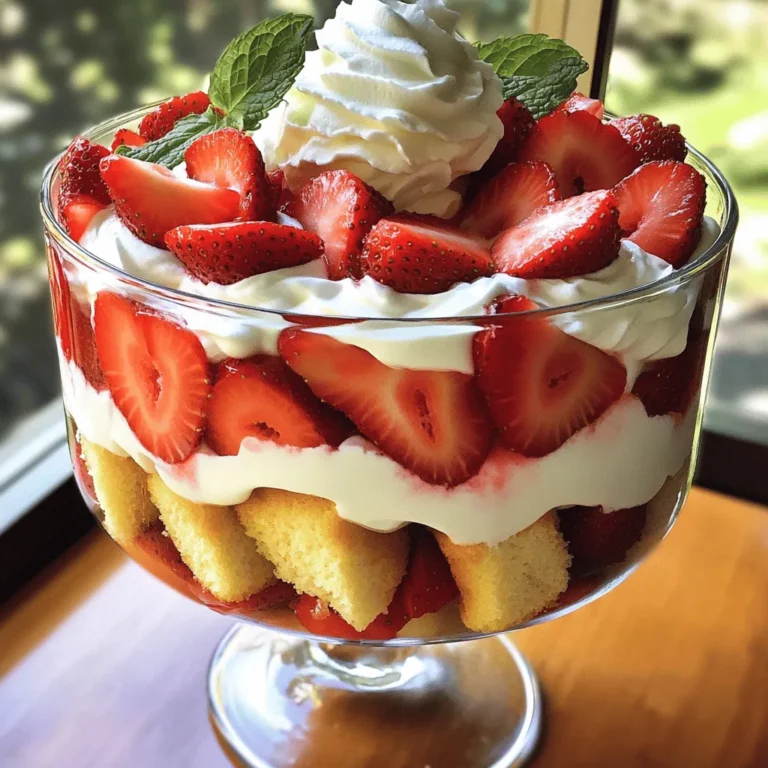 - 2 cups fresh strawberries, hulled and sliced - Fresh mint leaves (for garnish) - 1 tablespoon sugar (for strawberries) - 1 pound pound cake, cut into cubes - 1 cup heavy whipping cream - 1/2 cup powdered sugar - 1 teaspoon vanilla extract - 1 cup vanilla yogurt - A medium bowl for mixing - A mixing bowl for whipping cream - A hand mixer for easy whipping - A trifle dish or individual glasses for layering - A spatula for folding ingredients - A knife and cutting board for slicing strawberries Gather all these items before you start. Having everything ready makes cooking fun and smooth! For the full recipe, check the notes above. First, grab 2 cups of fresh strawberries. Start by hulling and slicing them. Put the sliced strawberries in a medium bowl. Add 1 tablespoon of sugar to the bowl. This helps the strawberries taste sweet. Toss the strawberries gently to mix in the sugar. Let them sit for about 15 minutes. This step helps the strawberries release their juicy goodness. Next, take 1 cup of heavy whipping cream. Pour it into a mixing bowl. Add 1/2 cup of powdered sugar and 1 teaspoon of vanilla extract. Use a hand mixer to whip the cream. Aim for soft peaks, but don’t overwhip. You want it to be light and fluffy. In a separate bowl, mix 1 cup of vanilla yogurt with a spoonful of whipped cream. This lightens the yogurt. Then, gently fold in the rest of the whipped cream until it's all combined. Now, it’s time to layer the trifle. Start with a layer of pound cake cubes in your trifle dish. Use about half of your 1 pound of pound cake. Next, add a layer of the whipped cream and yogurt mixture. After that, layer the macerated strawberries on top. Repeat these layers until the dish is full. Finish with a layer of whipped cream on top. For a nice touch, garnish with fresh strawberry slices and mint leaves. Chill your trifle in the fridge for at least 1 hour before serving. This lets the flavors blend together nicely. Enjoy your delicious creation! For the complete recipe, check the Full Recipe link. To make light, fluffy whipped cream, start with cold heavy cream. Chill your mixing bowl and beaters too. This keeps the cream from warming up. Whip the cream on medium speed until you see soft peaks. Soft peaks mean the cream holds its shape but is still soft. If you whip too long, it can turn grainy. Add powdered sugar and vanilla for sweetness. Mix just until combined. Layering is key for a great trifle. Start with cake cubes at the bottom. This lets the cake soak up the strawberry juices. Next, add a layer of the whipped cream mix. Then, add a layer of macerated strawberries. Repeat these layers until you reach the top. Finish with whipped cream to get a smooth surface. You can use a spatula to spread it evenly. For a beautiful presentation, use clear trifle dishes or glass cups. This lets everyone see the lovely layers. Garnish with fresh strawberry slices and mint leaves on top. You can also drizzle extra strawberry juice over the top for color. Serve chilled for the best taste. This makes each bite a treat! Check the Full Recipe for more tips. {{image_2}} You can change the fruit in your trifle. Instead of strawberries, use mixed berries like blueberries and raspberries. Peaches also work well. They add a sweet and juicy touch. You can even use bananas for a fun twist. Just slice them thinly and layer them in. Each fruit brings its own taste, so feel free to get creative. If you want a dairy-free option, try coconut cream. Chill a can of coconut milk overnight. Then scoop out the solid part and whip it. It adds a rich, tropical flavor to your trifle. You can also use whipped cream cheese for a thicker texture. Just mix it with a bit of yogurt for a tasty blend. For a gluten-free trifle, you can find gluten-free pound cake at many stores. You can also make your own using almond flour or gluten-free flour blends. These options keep the trifle light and delicious. Just ensure you check the labels to avoid any gluten. This way, everyone can enjoy your tasty creation! For the full recipe, just refer to the earlier section. To store leftovers, place the trifle in an airtight container. Cover it well to keep it fresh. If you used individual glasses, cover each glass with plastic wrap. This keeps the layers intact and moist. Refrigerate the trifle and enjoy within two days for the best taste. When prepping, make sure to layer the trifle just before serving. This keeps the cake from getting soggy. You can prepare the strawberries and whipped cream ahead of time. Store them separately in the fridge. This way, you can assemble your trifle quickly when guests arrive. You can freeze the trifle, but it’s best to freeze the layers separately. Wrap the pound cake in plastic wrap and place it in a freezer bag. Store the whipped cream and strawberries in airtight containers. When you’re ready to serve, thaw everything in the fridge overnight. Assemble the trifle fresh for the best taste. Yes, you can prepare this trifle ahead of time. Make it up to a day in advance. This helps the flavors mix well. Just store it in the fridge until you're ready to serve. I recommend using a classic pound cake. It has a dense texture that holds up well. You can also use flavored pound cakes like lemon or vanilla for a twist. The trifle can last about 2 to 3 days in the fridge. After that, the layers may start to lose their texture. For the best taste, enjoy it fresh! You can find the Full Recipe for detailed steps. This blog post walked you through making a yummy strawberry shortcake trifle. You learned about fresh ingredients, pantry items, and tools needed. We covered step-by-step instructions, from prepping strawberries to layering the trifle. Tips helped you whip cream perfectly and serve it well. You can even explore fun variations and storage tips! Try this trifle to impress friends and family. With simple steps and ideas, you’ll make a treat they’ll love. Enjoy the process and the sweet rewards!