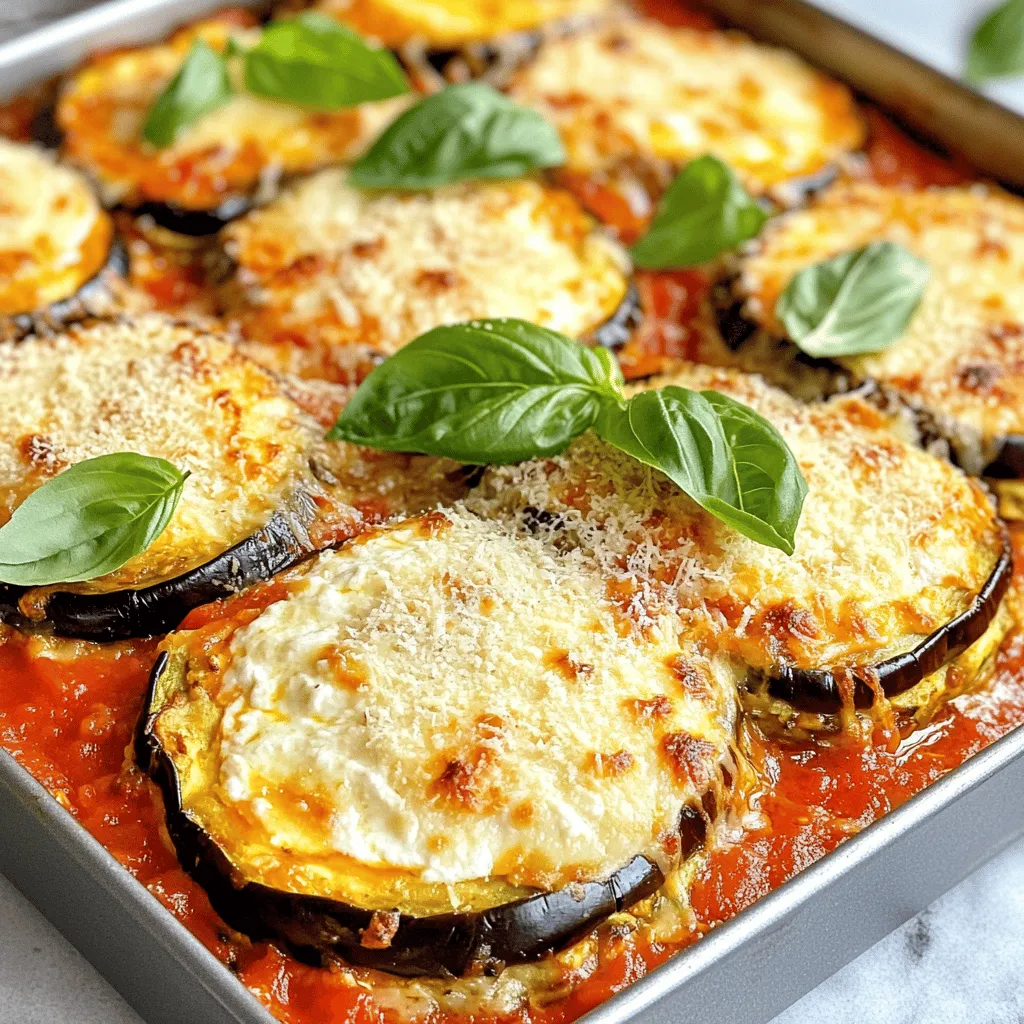 - 2 medium eggplants, sliced into ½-inch rounds - 1 teaspoon salt - 2 cups marinara sauce (homemade or store-bought) - 2 cups ricotta cheese - 1 cup grated Parmesan cheese - 3 cups shredded mozzarella cheese - 1 teaspoon dried basil - 1 teaspoon dried oregano - Fresh basil leaves for garnish (optional) - Olive oil for drizzling Eggplant Parmesan Bake is a great dish that brings comfort and flavor. Each ingredient plays a key role in making this dish stand out. Eggplants are the star here. They soak up flavors and add a rich texture. Salting the eggplants helps remove bitterness. It also gets rid of excess moisture, which is important to avoid a soggy dish. Marinara sauce adds a nice tang. You can use store-bought or make your own. Homemade sauce is fresh and full of flavor, but store-bought saves time. Ricotta cheese is creamy and rich. It adds a soft layer that balances the eggplant. Parmesan cheese brings a nutty, salty kick. It melts well and complements the other cheeses. Mozzarella is the cheese for gooeyness. It stretches and creates that delightful pull when served. Dried basil and oregano add warmth and depth to the dish. Fresh basil on top adds a pop of color and a fresh taste. Drizzling olive oil gives a nice finish and helps everything brown nicely. This dish is not just tasty; it’s also packed with nutrients. The eggplants provide fiber, vitamins, and minerals. The cheeses offer protein and calcium. You can enjoy a hearty meal that nourishes both body and soul. Eggplant Parmesan Bake can be a balanced meal. Each serving has a good mix of protein, healthy fats, and carbs. You can enjoy it without guilt. You can switch ingredients if needed. Use zucchini instead of eggplant for a lighter dish. Vegan cheese works well for a dairy-free option. If you want whole grain, use whole wheat pasta instead of bread. Using your favorite herbs can also change the flavor. Try adding thyme or rosemary for a new twist. Don't hesitate to explore options that fit your taste! For the full recipe, check the detailed instructions. 1. Preheat the oven to 375°F (190°C). This helps the bake cook evenly. 2. Prepare and salt the eggplant slices. This step draws out moisture and bitterness. - Slice 2 medium eggplants into ½-inch rounds. - Sprinkle 1 teaspoon salt over the slices. - Let them sit for about 30 minutes. Rinse them under cold water and pat dry with a paper towel. - In a large skillet, add a drizzle of olive oil and heat over medium. - Sauté the eggplant slices until golden brown and tender. This should take about 3-4 minutes per side. - Transfer the cooked slices to a paper towel-lined plate to absorb excess oil. - In a mixing bowl, combine 2 cups of ricotta cheese, half of the grated Parmesan cheese (1 cup), 1 teaspoon dried basil, 1 teaspoon dried oregano, and a pinch of salt and pepper. Mix well. - In a baking dish, spread a thin layer of 2 cups marinara sauce on the bottom. - Layer half of the sautéed eggplant over the sauce. - Spoon half of the ricotta mixture over the eggplant. Add another layer of marinara sauce and then a layer of 3 cups shredded mozzarella cheese. - Repeat the layers once more. Finish with marinara sauce and top with the remaining mozzarella and Parmesan cheese. - Drizzle a little olive oil over the top for a golden finish. - Cover the baking dish with aluminum foil. Bake for 30 minutes. - After that, remove the foil and bake for an additional 15 minutes. This allows the cheese to get bubbly and golden brown. - Let the bake cool for a few minutes before serving. You can garnish with fresh basil leaves if you like. These steps make it easy to enjoy a delightful Eggplant Parmesan Bake. For the full recipe, be sure to check the details above! To make eggplant perfect, start with salting. Salting draws out moisture. This helps reduce bitterness. Slice your eggplants into ½-inch rounds. Sprinkle them with salt and let them sit for about 30 minutes. Rinse off the salt and pat them dry. This step helps the eggplant fry better. When you sauté them, aim for a golden brown color. This gives a nice flavor and a great texture. Choosing the right cheese is key to a great bake. Ricotta cheese gives creaminess. It helps bind the layers well. I also love using a mix of mozzarella and Parmesan. Mozzarella melts beautifully, while Parmesan adds a salty kick. You can also try provolone or fontina cheese for a twist. Mixing cheeses creates depth in flavor. Feel free to adjust the amounts based on your taste. Sogginess can ruin your eggplant bake. To prevent this, ensure your eggplant is dry before cooking. Avoid using too much marinara sauce. A little goes a long way. Layering also matters. Start with a thin layer of sauce at the bottom. This keeps the eggplant from sitting in moisture. Cover the baking dish with foil during baking, then uncover it later. This helps the cheese brown nicely without making your dish wet. You can find the Full Recipe for this delightful dish to perfect your own Eggplant Parmesan Bake! {{image_2}} For a vegan twist, swap the dairy cheese with plant-based options. Use cashew cream or tofu for the ricotta. Nutritional yeast adds a cheesy flavor. For Parmesan, try store-bought vegan cheese or make your own by blending nuts and nutritional yeast. This way, you keep the rich taste while making it plant-friendly. You can make this dish gluten-free easily. Use gluten-free breadcrumbs instead of regular ones for a crispy top layer. Ensure your marinara sauce is gluten-free as well. Many brands offer gluten-free options, so check the labels. This way, everyone can enjoy the dish without worry. Boost the nutrition by adding more veggies. Spinach, zucchini, or bell peppers work great. Slice them thin and layer them with the eggplant. This adds color and flavor to the dish. You can also toss in some mushrooms for an earthy taste. The more veggies, the better! For the full recipe, check the details above. After you finish your Eggplant Parmesan Bake, let it cool down. Cover the dish tightly with plastic wrap or aluminum foil. You can also transfer the leftovers to an airtight container. Store it in the fridge. It will stay fresh for about 3 to 5 days. If you want to save some for later, freezing is a great option! First, let the dish cool completely. Cut it into portions for easy reheating. Wrap each portion tightly in plastic wrap. Then, place them in a freezer bag or container. This way, it will last for up to 3 months. Just remember to label the bag with the date. When you’re ready to enjoy your Eggplant Parmesan Bake again, it’s easy to reheat. For the best results, use the oven. Preheat it to 350°F (175°C). Remove any plastic wrap and cover the dish with foil. Bake for about 20-30 minutes, or until it’s heated through. If you prefer a crispy top, remove the foil for the last 5 minutes. You can also use a microwave if you’re short on time. Just heat each portion for 1-2 minutes, checking often. Enjoy your tasty meal! For the full recipe, check the earlier section. Yes, you can make Eggplant Parmesan Bake ahead. Prepare it fully, then cover it tightly. Store it in the fridge for up to two days. When you're ready to eat, just bake it straight from the fridge. This makes dinner easy after a busy day. Eggplant Parmesan Bake pairs well with many sides. Here are some tasty ideas: - A simple green salad with vinaigrette. - Garlic bread for a crunchy side. - Steamed vegetables like broccoli or green beans. - A light pasta dish to complement the bake. These options balance the rich flavors of the dish. You can store Eggplant Parmesan Bake in the fridge for about 3 to 4 days. Keep it in an airtight container to maintain freshness. If you want to save it longer, consider freezing portions. Just remember to thaw it before reheating for the best taste. For the full recipe, check the detailed instructions above. This article covered how to make a delicious Eggplant Parmesan. We discussed ingredients, preparation steps, and baking tricks. I shared tips for perfect eggplant texture and suggested helpful variations, too. Remember, you can customize this dish to fit different diets. Whether vegan or gluten-free, there's an option for everyone. Store leftovers well and enjoy them later. I hope you feel ready to make this dish. Happy cooking!