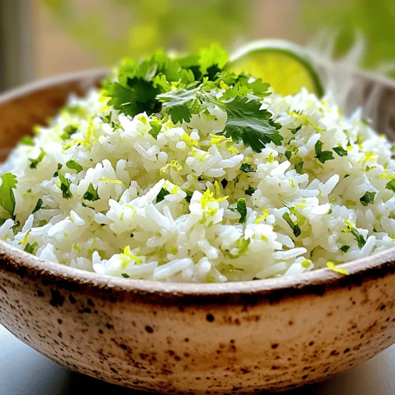 To make zesty cilantro lime rice, gather these simple items: - 1 cup basmati rice - 2 cups vegetable broth - 1 tablespoon olive oil - 1 teaspoon garlic powder - Juice of 1 lime - Zest of 1 lime - 1/2 cup fresh cilantro, chopped - Salt to taste - Freshly ground black pepper to taste These ingredients create a fresh, bright flavor that pairs well with many dishes. You can add extra ingredients for more flavor. Here are some tasty options: - 1/4 cup diced red onion for a sweet crunch - 1/4 cup corn for a touch of sweetness - 1/2 teaspoon cumin for a warm spice - 1 jalapeño, diced for some heat Feel free to mix in what you love! Sometimes, you may not have an ingredient. Here are some swaps: - Use chicken broth instead of vegetable broth for a richer taste. - Swap lime for lemon juice if you want a different citrus kick. - Try quinoa instead of rice for a gluten-free option. These changes keep your dish fun and exciting while still tasting great! For the full recipe, check the link above. To start, rinse the basmati rice. Place it in a fine mesh strainer. Run cold water over it until the water runs clear. This step removes excess starch. It helps the rice stay fluffy and light. Rinsing is key for perfect rice. After rinsing, let the rice drain for a few minutes. This helps it dry out before cooking. Next, heat olive oil in a medium saucepan over medium heat. Once the oil is hot, add the rinsed rice. Sauté the rice for 2-3 minutes. Stir it often to keep it from burning. You want the rice to toast lightly. This gives it a nice flavor. After toasting, add vegetable broth and garlic powder. Add a pinch of salt too. Bring the mixture to a boil. Once boiling, reduce the heat to low and cover the pot. Let it simmer for 15 minutes. The rice will absorb all the liquid and become tender. When the rice is cooked, take the pot off the heat. Let it sit covered for 5 minutes. This resting time allows the flavors to blend. After 5 minutes, fluff the rice with a fork. Add lime juice, lime zest, and chopped cilantro. Mix well to combine. Season with salt and black pepper to taste. This Zesty Cilantro Lime Rice is now ready to serve as a side dish. Enjoy it warm with your favorite meals or in a grain bowl. For the full recipe, refer to the earlier section. To get fluffy rice, rinse the basmati rice well. Rinsing removes excess starch. This step helps the rice separate nicely. After cooking, let the rice sit covered for five minutes. This gives it time to steam and absorb flavors. Fluff the rice gently with a fork before serving. Use a medium saucepan with a lid. A sturdy pot distributes heat evenly. A fork is great for fluffing the rice. A measuring cup ensures you use the right amount of rice and broth. You can add more flavor with lime zest and juice. Fresh cilantro adds brightness and color. For a kick, include jalapeños. You might also try adding diced tomatoes or black beans. These additions make your dish more colorful and tasty. For the full recipe, check the section above. {{image_2}} You can boost the nutrition of your zesty cilantro lime rice by adding vegetables. Try mixing in diced bell peppers or sweet corn. These veggies add color and crunch. You can also use peas or carrots for a pop of sweetness. Just sauté them with the rice for a few minutes. This step makes sure they cook well and blend nicely with the flavors. If you like heat, consider adding jalapeños. Chop one or two jalapeños and mix them in while cooking the rice. You can adjust the amount to match your taste. This spicy twist brings a kick and makes the dish even more exciting. The heat from the jalapeños pairs well with the zesty lime. While cilantro shines in this recipe, you can switch it up. Parsley or mint works great for a fresh touch. Parsley gives a mild flavor, while mint adds a sweet and cooling effect. You can use either herb in place of cilantro. Just chop finely and mix in after cooking. This change keeps the dish interesting and personal. For the full recipe, check out the Zesty Cilantro Lime Rice section. To keep your Zesty Cilantro Lime Rice fresh, store it in an airtight container. Make sure to let the rice cool before sealing it. This helps prevent moisture buildup, which can lead to spoilage. You can store it in the fridge for up to four days. Label the container with the date, so you know when to use it. When you're ready to enjoy the rice again, reheating it properly is key. Place the rice in a pot with a splash of water. Cover it and heat over low to medium heat. Stir occasionally to ensure even warming. You can also use a microwave. Just add a few drops of water, cover it, and heat in short bursts. This helps keep the rice moist and tasty. If you want to freeze the rice, first let it cool completely. Divide it into portions for easy use later. Store it in freezer-safe bags or containers. When thawing, move it to the fridge overnight. You can reheat it straight from the freezer, but it may take longer. Enjoy your Zesty Cilantro Lime Rice even after a few weeks by following these steps! For the full recipe, check out the detailed instructions. Yes, you can use brown rice. Brown rice has a nuttier flavor and more fiber. However, it cooks longer than basmati rice. Use 2.5 cups of vegetable broth for 1 cup of brown rice. Cook for about 40-45 minutes instead of 15 minutes. Check the rice often to avoid burning. To make more servings, simply double or triple the ingredients. For each additional cup of rice, add 2 cups of broth. Adjust lime juice and cilantro to your taste. This method keeps the flavor strong and tasty. You can easily prepare this dish for gatherings or large family dinners. Zesty Cilantro Lime Rice goes great with many dishes. It shines next to grilled chicken or fish. You can serve it with tacos or burritos too. It also works well in grain bowls with veggies and protein. Try it with black beans for a hearty meal. This blog post covered key steps for making Zesty Cilantro Lime Rice. I shared how to choose ingredients and prepare basmati rice perfectly. You learned about storage tips and various tasty variations for extra flavor. In closing, adventure awaits in your kitchen! Try out different herbs or spices to make the dish your own. Enjoy your rice as a side or a base for your favorite meal. The possibilities are endless!