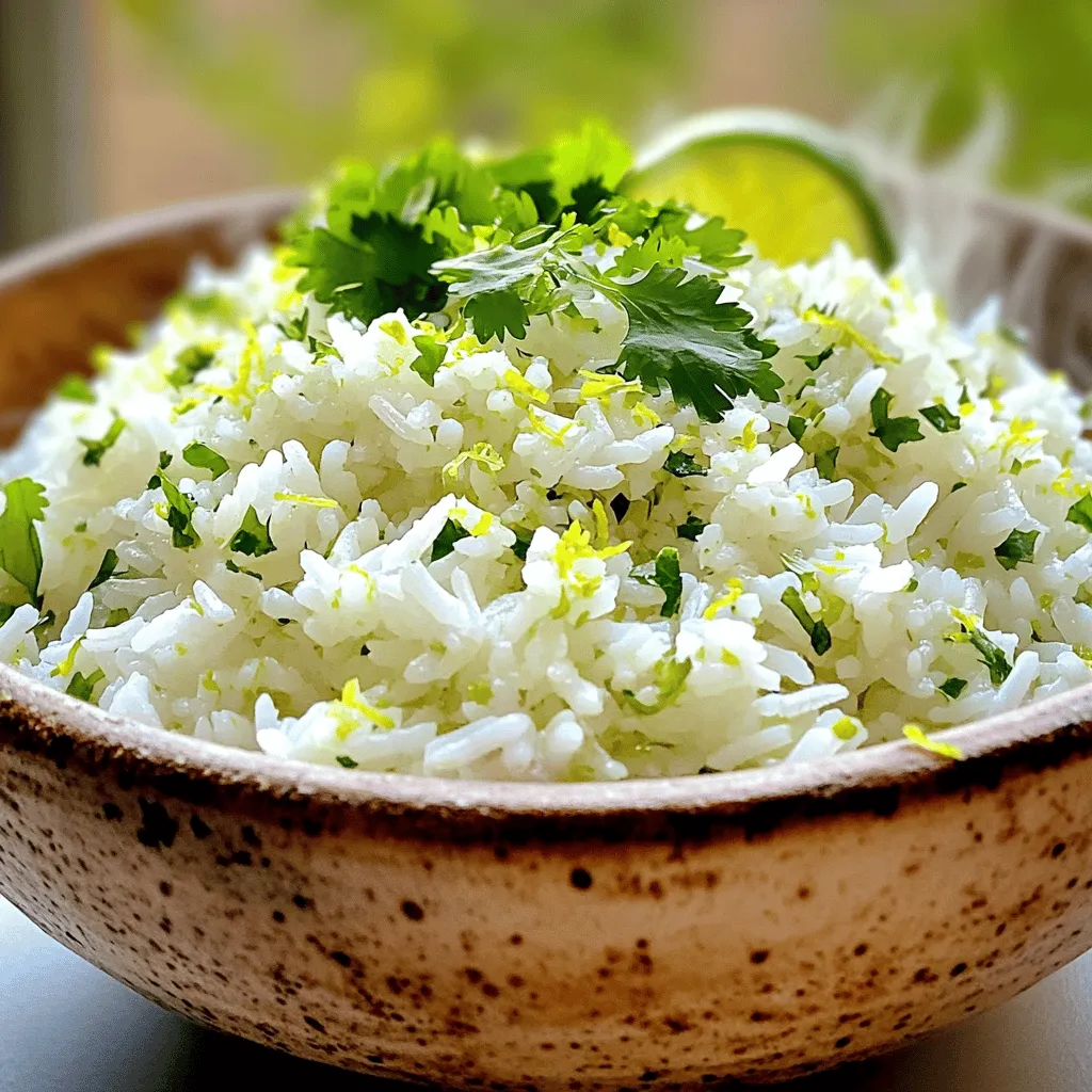 To make zesty cilantro lime rice, gather these simple items: - 1 cup basmati rice - 2 cups vegetable broth - 1 tablespoon olive oil - 1 teaspoon garlic powder - Juice of 1 lime - Zest of 1 lime - 1/2 cup fresh cilantro, chopped - Salt to taste - Freshly ground black pepper to taste These ingredients create a fresh, bright flavor that pairs well with many dishes. You can add extra ingredients for more flavor. Here are some tasty options: - 1/4 cup diced red onion for a sweet crunch - 1/4 cup corn for a touch of sweetness - 1/2 teaspoon cumin for a warm spice - 1 jalapeño, diced for some heat Feel free to mix in what you love! Sometimes, you may not have an ingredient. Here are some swaps: - Use chicken broth instead of vegetable broth for a richer taste. - Swap lime for lemon juice if you want a different citrus kick. - Try quinoa instead of rice for a gluten-free option. These changes keep your dish fun and exciting while still tasting great! For the full recipe, check the link above. To start, rinse the basmati rice. Place it in a fine mesh strainer. Run cold water over it until the water runs clear. This step removes excess starch. It helps the rice stay fluffy and light. Rinsing is key for perfect rice. After rinsing, let the rice drain for a few minutes. This helps it dry out before cooking. Next, heat olive oil in a medium saucepan over medium heat. Once the oil is hot, add the rinsed rice. Sauté the rice for 2-3 minutes. Stir it often to keep it from burning. You want the rice to toast lightly. This gives it a nice flavor. After toasting, add vegetable broth and garlic powder. Add a pinch of salt too. Bring the mixture to a boil. Once boiling, reduce the heat to low and cover the pot. Let it simmer for 15 minutes. The rice will absorb all the liquid and become tender. When the rice is cooked, take the pot off the heat. Let it sit covered for 5 minutes. This resting time allows the flavors to blend. After 5 minutes, fluff the rice with a fork. Add lime juice, lime zest, and chopped cilantro. Mix well to combine. Season with salt and black pepper to taste. This Zesty Cilantro Lime Rice is now ready to serve as a side dish. Enjoy it warm with your favorite meals or in a grain bowl. For the full recipe, refer to the earlier section. To get fluffy rice, rinse the basmati rice well. Rinsing removes excess starch. This step helps the rice separate nicely. After cooking, let the rice sit covered for five minutes. This gives it time to steam and absorb flavors. Fluff the rice gently with a fork before serving. Use a medium saucepan with a lid. A sturdy pot distributes heat evenly. A fork is great for fluffing the rice. A measuring cup ensures you use the right amount of rice and broth. You can add more flavor with lime zest and juice. Fresh cilantro adds brightness and color. For a kick, include jalapeños. You might also try adding diced tomatoes or black beans. These additions make your dish more colorful and tasty. For the full recipe, check the section above. {{image_2}} You can boost the nutrition of your zesty cilantro lime rice by adding vegetables. Try mixing in diced bell peppers or sweet corn. These veggies add color and crunch. You can also use peas or carrots for a pop of sweetness. Just sauté them with the rice for a few minutes. This step makes sure they cook well and blend nicely with the flavors. If you like heat, consider adding jalapeños. Chop one or two jalapeños and mix them in while cooking the rice. You can adjust the amount to match your taste. This spicy twist brings a kick and makes the dish even more exciting. The heat from the jalapeños pairs well with the zesty lime. While cilantro shines in this recipe, you can switch it up. Parsley or mint works great for a fresh touch. Parsley gives a mild flavor, while mint adds a sweet and cooling effect. You can use either herb in place of cilantro. Just chop finely and mix in after cooking. This change keeps the dish interesting and personal. For the full recipe, check out the Zesty Cilantro Lime Rice section. To keep your Zesty Cilantro Lime Rice fresh, store it in an airtight container. Make sure to let the rice cool before sealing it. This helps prevent moisture buildup, which can lead to spoilage. You can store it in the fridge for up to four days. Label the container with the date, so you know when to use it. When you're ready to enjoy the rice again, reheating it properly is key. Place the rice in a pot with a splash of water. Cover it and heat over low to medium heat. Stir occasionally to ensure even warming. You can also use a microwave. Just add a few drops of water, cover it, and heat in short bursts. This helps keep the rice moist and tasty. If you want to freeze the rice, first let it cool completely. Divide it into portions for easy use later. Store it in freezer-safe bags or containers. When thawing, move it to the fridge overnight. You can reheat it straight from the freezer, but it may take longer. Enjoy your Zesty Cilantro Lime Rice even after a few weeks by following these steps! For the full recipe, check out the detailed instructions. Yes, you can use brown rice. Brown rice has a nuttier flavor and more fiber. However, it cooks longer than basmati rice. Use 2.5 cups of vegetable broth for 1 cup of brown rice. Cook for about 40-45 minutes instead of 15 minutes. Check the rice often to avoid burning. To make more servings, simply double or triple the ingredients. For each additional cup of rice, add 2 cups of broth. Adjust lime juice and cilantro to your taste. This method keeps the flavor strong and tasty. You can easily prepare this dish for gatherings or large family dinners. Zesty Cilantro Lime Rice goes great with many dishes. It shines next to grilled chicken or fish. You can serve it with tacos or burritos too. It also works well in grain bowls with veggies and protein. Try it with black beans for a hearty meal. This blog post covered key steps for making Zesty Cilantro Lime Rice. I shared how to choose ingredients and prepare basmati rice perfectly. You learned about storage tips and various tasty variations for extra flavor. In closing, adventure awaits in your kitchen! Try out different herbs or spices to make the dish your own. Enjoy your rice as a side or a base for your favorite meal. The possibilities are endless!