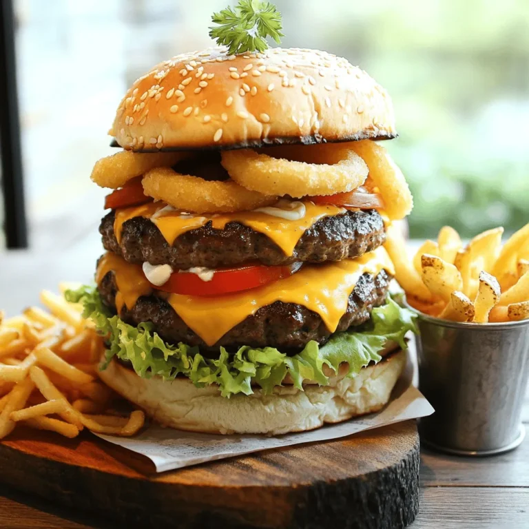 To make tasty classic beef burgers, you need: - 1 lb ground beef (80/20 blend for juiciness) - 1 teaspoon salt - 1/2 teaspoon black pepper - 1 teaspoon garlic powder - 1 tablespoon Worcestershire sauce - 4 burger buns (your choice: sesame, brioche, etc.) - 1 cup lettuce leaves - 1 large tomato, sliced - 1/2 onion, thinly sliced - 1 cup cheddar cheese, sliced (optional) For a creamy garlic aioli, grab these items: - 1/2 cup mayonnaise - 2 cloves garlic, minced - 1 tablespoon lemon juice - Salt and pepper to taste You can make your burgers even better with these extras: - Sliced pickles - Avocado slices - Crispy bacon - Sautéed mushrooms - Different cheeses like Swiss or blue cheese These ingredients help you create a classic beef burger that shines. You can find the full recipe to guide you through the cooking process. Enjoy making these delicious burgers! To start, grab a small bowl. In this bowl, mix together 1/2 cup mayonnaise, 2 cloves minced garlic, and 1 tablespoon lemon juice. Add a pinch of salt and pepper to taste. Stir well until the mixture is smooth. Let it sit for a few minutes. This helps all the flavors blend together nicely. Next, take a large bowl. In it, combine 1 lb of ground beef, 1 teaspoon salt, 1/2 teaspoon black pepper, 1 teaspoon garlic powder, and 1 tablespoon Worcestershire sauce. Gently mix everything together. Be careful not to overwork the meat, as this can make the burgers tough. Once mixed, divide the beef into four equal parts. Shape each part into a patty, making a small dent in the center. This dent helps the patties cook evenly. Now it’s time to cook. Preheat your grill or skillet to medium-high heat. Place the patties on the grill and cook for 4-5 minutes on one side. Flip them over and cook for another 4 minutes. If you want cheese, add a slice on each patty in the last minute. While the patties cook, toast your burger buns on the grill or in a pan until they turn golden brown. Ready to assemble? Start by spreading a good amount of garlic aioli on the bottom half of each toasted bun. Layer on some lettuce, then the cooked beef patty. Top with sliced tomato and onion. Finally, place the top half of the bun on your creation. Your classic beef burger is now ready to enjoy! For the full recipe, refer to the main recipe section. To make juicy burgers, choose ground beef that has a good fat content. I suggest using an 80/20 blend. This means it has 80% meat and 20% fat. The fat adds flavor and keeps the burgers moist. Also, mix the beef gently with spices. Overworking it can make the patties tough. Both grilling and using a skillet can yield great burgers. Grilling adds a smoky taste. It’s also fun to cook outdoors. If you choose a skillet, use a cast iron one. It holds heat well and gives a nice sear. Cook the patties on medium-high heat for the best results. How you present your burgers can make them even more appealing. Serve them on a wooden board for a rustic look. Add a side of crispy fries in a small metal bucket. This creates a nice visual. You can also garnish with a sprig of parsley for a pop of color. For the full recipe, check out the details above. Enjoy your cooking! {{image_2}} You can make your burger unique with cheese and toppings. Cheese adds creaminess and flavor. Cheddar is a classic choice, but you can try Swiss, blue cheese, or even pepper jack. Each cheese brings its own taste. Toppings can change the game. Lettuce, tomato, and onion are staples. You can add pickles for crunch or bacon for richness. Avocado brings creaminess, while jalapeños add a kick. Let your taste guide you. Mix and match to find your favorite combo. Garlic aioli is delicious, but don’t stop there! You can make many aioli flavors. Try adding herbs like basil or cilantro for freshness. A touch of sriracha gives a nice heat. For a twist, mix in sun-dried tomatoes or roasted red peppers. You can also swap the mayonnaise. Plain Greek yogurt offers a tangy flavor and creaminess. This change makes the aioli lighter. Experimenting with flavors keeps your burgers exciting and fresh. If you want a healthier burger, choose leaner meat. Ground turkey or chicken work well. These options are lower in fat but still tasty. If you prefer beef, go for a leaner cut like sirloin. Whole-grain buns add fiber and nutrients. They also offer a nutty taste that pairs well with beef. Lettuce wraps serve as a great low-carb option. They keep your burger fresh and light. These variations let you craft a burger that suits your taste and health goals. Don’t forget to check out the Full Recipe for the classic version! Store leftover burgers in an airtight container. They stay fresh for up to three days in the fridge. If you want to keep them longer, freeze them. Wrap each burger tightly in plastic wrap, then place them in a freezer bag. This helps to prevent freezer burn. To reheat burgers, use the oven for best results. Preheat the oven to 350°F (175°C). Place the burgers on a baking sheet and cover them with foil. Heat for about 10-15 minutes until warm. You can also use the microwave, but this may make the buns soggy. Heat on medium for about 30 seconds. Check and repeat if needed. You can freeze uncooked patties for easy meals later. Shape the patties and place them on a baking sheet. Freeze them for about 30 minutes until firm. After that, transfer them to a freezer bag. For the garlic aioli, store it in a sealed container in the fridge. It can last up to a week. If you want to freeze it, use an ice cube tray to freeze portions, then transfer to a bag. This way, you can use just what you need. The best beef for burgers is an 80/20 blend. This means 80% lean meat and 20% fat. The fat adds flavor and keeps the burger juicy. You can also use ground chuck for great taste. Avoid very lean beef, as it can dry out. Yes, you can make garlic aioli in advance! It can sit in your fridge for up to three days. Just mix the mayo, garlic, lemon juice, salt, and pepper. Store it in an airtight container. The flavors will blend well, making it even tastier. To cook burgers for medium-rare, grill or pan-fry them for about 4-5 minutes on each side. The center should reach 130-135°F. Use a meat thermometer for accuracy. This gives you a juicy burger with a warm red center. Great sides for burgers include crispy fries, onion rings, or a fresh salad. You can also serve coleslaw or grilled vegetables. For a fun twist, try sweet potato fries or a loaded potato salad. These sides complement the flavors and add variety. You’ve learned how to make classic beef burgers from start to finish. We covered ingredients like beef, garlic aioli, and tasty toppings. You now know how to cook perfect patties and assemble your burger. Don’t forget the tips for juicy burgers and great presentation. Mix things up with variations and healthier options to suit your taste. Store leftovers properly and enjoy them later. Now, get cooking and impress your family and friends with your homemade burgers!