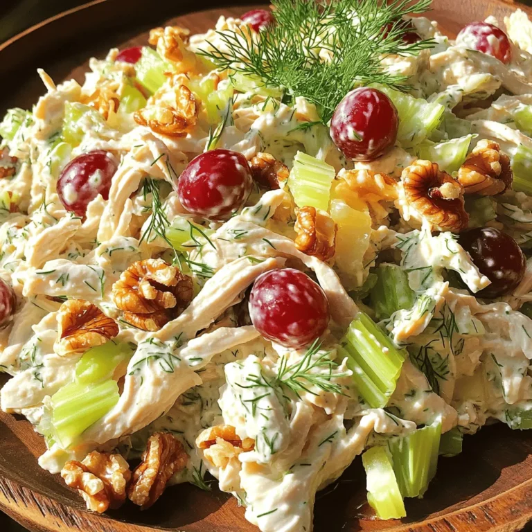 To make Simple Greek Yogurt Chicken Salad, you need these key ingredients: - 2 cups cooked chicken, shredded or diced - 1 cup plain Greek yogurt - 1/4 cup celery, finely chopped - 1/4 cup red grapes, halved - 1/4 cup walnuts, chopped - 1 tablespoon Dijon mustard - 1 tablespoon honey - 1 tablespoon fresh dill, chopped - Salt and pepper to taste - 1 tablespoon lemon juice These ingredients create a fresh, creamy salad that bursts with flavor. You can add these for extra flavor or texture: - Sliced almonds for crunch - Diced apples for sweetness - Chopped green onions for a bite - A sprinkle of paprika for color These options let you customize the salad to your taste. Each serving of this salad has about: - Calories: 300 - Protein: 30g - Fat: 15g - Carbohydrates: 20g Using Greek yogurt adds health benefits as it is high in protein and low in fat. It also contains probiotics, which help with gut health. This makes the salad a nutritious choice for lunch or dinner. You can find the Full Recipe at the top. To start, gather all your ingredients. You need 2 cups of cooked chicken. You can use leftover chicken or cook it fresh. If you use fresh chicken, boil or grill it first. Once the chicken is ready, shred or dice it into small pieces. Shredding works best for a soft texture. Use two forks to pull the chicken apart. For dicing, simply cut it into small cubes. Next, chop the celery finely. You want small bits for a nice crunch. Halve the red grapes and chop the walnuts too. This adds sweetness and crunch to your salad. Now, take a large mixing bowl. Add the shredded chicken and Greek yogurt. Stir well until the chicken is coated. Then, add the chopped celery, grapes, and walnuts. Mix them in gently. In a small bowl, whisk together the Dijon mustard, honey, fresh dill, lemon juice, salt, and pepper. This dressing brings all the flavors together. Pour it over the chicken mixture. Stir until everything is well combined. Taste your salad. If it needs more flavor, add a touch of salt and pepper. Cover the bowl and put it in the fridge for at least 30 minutes. This helps the flavors blend. Serve the salad chilled. You can enjoy it on its own, in a sandwich, or atop a bed of greens. The creamy texture and fresh taste make it a perfect dish for any meal. For the complete recipe, check out the Full Recipe. When making Greek yogurt chicken salad, avoid a few common mistakes. First, don't skip the cooling step. Let the salad chill for at least 30 minutes. This helps the flavors blend well. Second, be careful not to overmix. You want to keep some texture in the chicken. To enhance flavor, try adding fresh herbs. Chopped parsley or cilantro brightens the dish. You can also squeeze in extra lemon juice for a zesty kick. For texture, consider adding diced apples or chopped bell peppers. They add crunch and sweetness. Using pre-cooked or store-bought chicken can save you time. Look for rotisserie chicken at the store. It’s tasty and cuts down on prep time. You can also buy pre-chopped veggies. This makes your task even easier. For meal prep, consider making a big batch. Store it in airtight containers. This way, you have a quick lunch ready to go. You can also portion the salad into jars. This makes it easy to grab on busy days. Enjoy your Simple Greek Yogurt Chicken Salad anytime with these tips! {{image_2}} You can add fun flavors to your chicken salad. Try mixing in fruits or nuts. For a sweet twist, add diced apples or berries. They bring a nice crunch and sweetness. Chopped pistachios or almonds can also add texture. Herbs and spices make a big difference too. Fresh basil or parsley can brighten the dish. If you like heat, add a pinch of cayenne pepper or some chili flakes. You can even try a dash of curry powder for a unique flavor. Want a gluten-free option? Simply use gluten-free chicken or check your nut ingredients. For a vegan take, swap the chicken for chickpeas or tofu. Use plant-based yogurt instead of Greek yogurt. If you are keeping it low-carb, skip the grapes and nuts. You can add more veggies. Try bell peppers or cucumbers for crunch. You’ll still enjoy a tasty and filling meal without the carbs. For the full recipe, check the earlier section and enjoy your cooking! To keep your Simple Greek Yogurt Chicken Salad fresh, store it in an airtight container. This helps prevent it from drying out or absorbing other fridge smells. If you can, use glass containers. They are great for keeping food fresh and can help with reheating. Your chicken salad will stay good in the fridge for about 3 to 4 days. You can enjoy your chicken salad cold straight from the fridge. If you prefer it warm, heat it gently in a microwave. Use a low power setting and stir often to heat it evenly. Always check the temperature to ensure it is safe to eat. Be careful not to overheat, as it can change the texture of the yogurt. Remember, leftovers should be eaten within the recommended 3 to 4 days for safety. How to make the chicken salad creamy without mayonnaise? You can use Greek yogurt for creaminess. It gives a rich texture and flavor. Greek yogurt has a thick consistency, perfect for chicken salad. Mix it well with your chicken and other ingredients. The yogurt adds a tangy taste. It’s a healthier choice than mayonnaise. Can I freeze Greek yogurt chicken salad? Freezing Greek yogurt chicken salad is not recommended. The yogurt changes texture when thawed. It can become watery and grainy. It’s best to enjoy this dish fresh. If you have leftovers, store them in the fridge. How long can you keep Greek yogurt chicken salad in the fridge? You can keep Greek yogurt chicken salad in the fridge for about three days. Make sure to store it in an airtight container. This keeps it fresh and safe to eat. After three days, the flavors may fade. What to serve with chicken salad? You can serve Greek yogurt chicken salad in many ways. It’s great on a bed of greens. You can also use it as a filling for sandwiches or wraps. Pair it with fresh veggies or whole-grain crackers for a nice crunch. For a light meal, serve it with fruit. Try the Full Recipe for a delicious experience! In this blog post, we covered the simple steps for making Greek Yogurt Chicken Salad. We discussed key ingredients, from required to optional, and shared nutritional benefits. I detailed preparation instructions and mixing tips for the best texture. You learned common mistakes to avoid and time-saving ideas. Variations showed how to customize the salad to fit different diets. Lastly, I shared storage and reheating tips to keep your salad fresh. Overall, this chicken salad is healthy, easy, and versatile. Enjoy making your own delicious version!