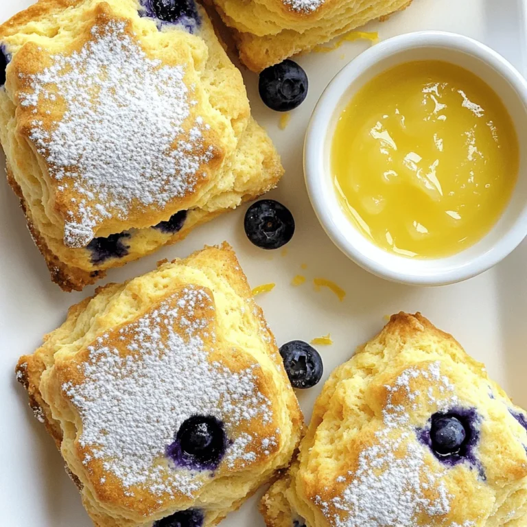 - 2 cups all-purpose flour - 1/3 cup granulated sugar - 1 tablespoon baking powder - 1/2 teaspoon salt - 1/2 cup unsalted butter, cold and cubed - Zest of 1 lemon - 1 cup fresh blueberries (or frozen) - 1/2 cup heavy cream - 1 large egg - 1 teaspoon vanilla extract - 1 tablespoon lemon juice - Powdered sugar for dusting - Lemon curd or clotted cream for serving When making lemon blueberry scones, the right ingredients are key. You need fresh blueberries for the best flavor, but frozen ones work too. The zest of one lemon adds bright flavor. Using cold butter gives the scones a flaky texture. This helps them rise and become light. You will mix dry and wet ingredients separately. This keeps the scones fluffy. The heavy cream makes the scones rich and tender. For added sweetness, you can dust them with powdered sugar after baking. For a fun twist, serve the scones with lemon curd or clotted cream. This extra step makes them feel special. This recipe is easy to follow, and you can find the full recipe on my site. Enjoy the process, and let the delicious aroma fill your kitchen! - Preheat the oven to 400°F (200°C). - Line a baking sheet with parchment paper. To start, you want your oven hot and ready. Preheating ensures the scones rise well. The parchment paper helps the scones bake evenly and not stick. - Whisk flour, sugar, baking powder, and salt together. In a large bowl, mix the flour, sugar, baking powder, and salt. This step blends the ingredients and adds air, which makes the scones light. - Mix in cold butter until coarse crumbs form. - Gently fold in lemon zest and blueberries. Add the cold butter to the dry mix. Use your fingers or a pastry cutter to combine until it looks like coarse crumbs. Next, fold in the lemon zest and blueberries carefully. This keeps the berries intact and gives great flavor. - Whisk together heavy cream, egg, vanilla, and lemon juice. In another bowl, whisk the heavy cream, egg, vanilla, and lemon juice. This mixture adds moisture to your dough, making it soft and tasty. - Gradually combine wet and dry ingredients without overmixing. - Shape dough on a floured surface and cut. Slowly add the wet mix to the dry mix. Stir gently until combined. Don't overmix; this keeps your scones tender. Then, turn the dough onto a floured surface. Shape it into a circle about 1 inch thick. Cut it into 8 wedges or use a round cutter. - Place scones on the baking sheet and bake 15-18 minutes. Arrange the scones on your prepared baking sheet, leaving space between them. Bake for 15-18 minutes. Look for a light golden color on top. The smell will fill your kitchen, making it hard to wait! For the full recipe, check the complete instructions above and enjoy your baking journey! Cold butter is key for great scones. It helps create a flaky texture. When you mix the butter into the flour, it should stay in small pieces. This forms air pockets while baking. Those pockets make your scones light and airy. Avoid overmixing the dough. When adding the wet ingredients, mix just until combined. Overmixing can make the scones tough. You want a tender bite that melts in your mouth. You can change the zest for more flavor. Try orange or lime zest instead of lemon. This gives a fresh twist to your scones. Adding herbs can also enhance the taste. A pinch of lavender or rosemary can offer a nice surprise. These flavors pair well with the sweetness of blueberries. Serve your scones warm. Dust them with powdered sugar for a pretty touch. A small bowl of lemon curd or clotted cream makes a great dip. For a fun look, arrange the scones in a circle on a plate. Add fresh blueberries around for color. This makes for a stunning presentation. Try these tips to make your lemon blueberry scones shine! You can find the full recipe above to get started. {{image_2}} You can switch up the fruit in this recipe. Instead of blueberries, try raspberries, cranberries, or cherries. Each fruit brings its own flavor and sweetness. Raspberries add tartness, while cranberries give a slight zing. Cherries offer a rich, sweet taste. Feel free to mix and match fruits for fun combinations. Just remember to keep the same amount of fruit for the best results. If you need a gluten-free option, you can use gluten-free flour. Look for a blend that works well for baking. This will help you achieve a light and fluffy scone. Just substitute the all-purpose flour with the same amount of gluten-free flour. Your scones will still be delicious and fluffy. Want to change the flavor? Adding extracts can make a big difference. Try almond extract for a nutty twist. You can also add more lemon extract for extra zing. A few drops of vanilla or even orange zest can create a unique flavor profile. Feel free to experiment with what you have on hand. Each choice can lead to a delightful new scone experience. For the full recipe, you can refer to the details above. To store your lemon blueberry scones, let them cool first. Place them in an airtight container. This keeps them fresh and soft. You can store them at room temperature for up to two days. If you want to keep them longer, the fridge is a good option. Just remember, they might lose some of their fresh taste in the fridge. You can freeze both unbaked and baked scones. To freeze unbaked scones, shape them and place them on a tray. Freeze them for about 30 minutes, then transfer them to a freezer bag. For baked scones, cool them completely before freezing. Wrap them tightly in plastic wrap and then place them in a freezer bag. To thaw, just take them out of the freezer. If they are unbaked, bake from frozen for 20-25 minutes. If they are baked, let them sit at room temperature for a few hours. You can reheat them in the oven at 350°F (175°C) for about 10 minutes. This makes them warm and cozy again. Enjoy your scones fresh, even after freezing! Yes, just ensure they are thawed and drained. This helps keep the scones from getting too wet. Frozen blueberries work well and can add a nice burst of flavor. Look for a light golden color on top. The edges should be firm but not hard. A toothpick inserted into the center should come out clean. You can try spreading lemon curd or clotted cream on top. A drizzle of honey also pairs well. For drinks, consider a cup of tea or coffee for a perfect match. To make smaller batches, cut the ingredient amounts in half. For larger batches, simply double the ingredients. Keep an eye on baking time as it may change slightly. Yes, you can use honey, maple syrup, or coconut sugar. Just adjust the liquid in the recipe if needed. Each sweetener will add its own unique flavor. Best practices include placing them in an airtight container. Keep them at room temperature for up to two days. For longer storage, freeze them in a bag. These lemon blueberry scones offer a delightful blend of flavors and textures. With simple ingredients and easy steps, you can enjoy this tasty treat anytime. Remember to use cold butter for the best results and don’t overmix the dough. You can try various fruits or flavors to suit your taste. Whether you share them or stash them for later, these scones will impress. Enjoy your baking journey!