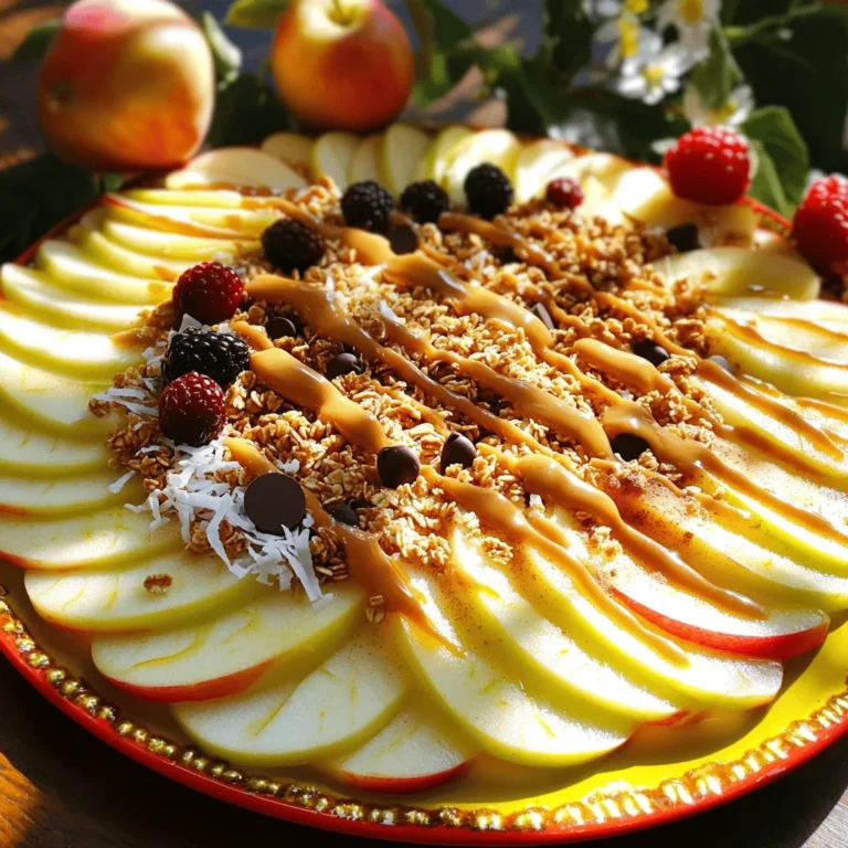 - Apples - Nut Butter Options - Sweetener Choices - Toppings and Garnishes To make Healthy Apple Nachos, you need a few simple ingredients. First, choose your apples. I love using crisp varieties like Granny Smith or Honeycrisp. They add a nice crunch and flavor. Next, pick your nut butter. Almond butter works great, but peanut butter is tasty too. Both add protein and creaminess. For sweeteners, you can use honey or maple syrup. They give a touch of sweetness without being too much. Finally, let’s talk toppings. Granola adds crunch, while mini chocolate chips bring a sweet twist. Unsweetened shredded coconut gives a tropical flair. A pinch of cinnamon adds warmth. You can also add fresh berries for color and extra flavor. You can find the full recipe below for more details. Start by washing your apples under cool water. This removes any dirt or wax. Next, dry them with a clean towel. Slice the apples into thin rounds. Aim for about 1/4 inch thick. You can remove the core, but leaving it adds a nice crunch. Once sliced, arrange the apple pieces on a plate. You can place them in a circle or a fun pattern. Make it colorful and inviting for everyone! Grab a small bowl for the drizzle. Add 1/4 cup of almond butter to the bowl. Then, mix in 2 tablespoons of honey or maple syrup. Stir well until it’s smooth. This sweet and creamy mix will be the star of your nachos. You want it to be easy to drizzle over the apples. Now it’s time to layer your toppings! Drizzle the almond butter mix evenly over the apple slices. Each piece needs a little touch of sweetness. Next, sprinkle 1/4 cup of granola on top for that perfect crunch. Then, add 2 tablespoons of mini chocolate chips and 1/4 cup of shredded coconut. For a warm touch, finish with a pinch of cinnamon sprinkled over everything. If you want, add fresh berries on top for color and taste. For the full recipe, check out the details above. Enjoy the fun and tasty experience of healthy apple nachos! To make your apple nachos even better, try adding spices. A dash of nutmeg or ginger can bring warmth. You can also sprinkle chili powder for a fun kick. Mixing toppings can change the taste. Try using dried fruits like raisins or cranberries. You can also switch the chocolate chips for crushed nuts or seeds. This way, you can create your own unique flavor combo. Presentation matters! Arrange your apple slices in a fun pattern. Use a bright plate to make the colors pop. You can serve the apple nachos with a small bowl of almond butter for dipping. Fresh mint leaves on top add color and a nice aroma. For drinks, pair with a light herbal tea or sparkling water. These drinks will balance the sweetness of the nachos. {{image_2}} You can swap apples for other fruits. Pears, bananas, or peaches work great too. Each fruit adds a unique taste. For a seasonal twist, try using berries in summer or citrus fruits in winter. These fruits are sweet and juicy, making them perfect for nachos. I understand some people have dietary needs. For nut-free options, use sunbutter or soy nut butter. Those on a vegan diet can replace honey with maple syrup. If you are gluten-free, choose gluten-free granola. If you want to make it healthier, use ripe bananas or dates instead of sweeteners. These fruits add natural sweetness and flavor. You can still enjoy a tasty treat while sticking to your diet! For the full recipe, check out the Healthy Apple Nachos section above. To store leftover apple nachos, first separate the toppings from the apple slices. This keeps the apples from getting soggy. Place apple slices in an airtight container. Cover the container tightly to keep air out. For toppings, use small bags or containers. Store them in the fridge. To keep the ingredients fresh, try to use them within a day. Apples can brown quickly, so it’s best to eat them soon. You can also add a little lemon juice to the apple slices. This helps them stay bright and fresh for a bit longer. You can keep apple nachos for about one day in the fridge. After this time, the apples may lose texture and taste. Signs of freshness include crispness and bright color. If the apples feel mushy or look brown, it’s time to toss them. For best results, enjoy your apple nachos right after making them. You will get the best flavor and crunch that way. If you want to prepare ahead, keep the toppings separate. This keeps everything fresh and ready for a tasty treat. For more details, check out the Full Recipe for Healthy Apple Nachos. Yes, you can try other nut butters. Peanut butter works well with apples. Cashew butter or sunflower seed butter also makes a great choice. Each nut butter adds its own flavor and texture. If you want a different taste, go for it! To make this recipe vegan, swap honey for maple syrup. Use a plant-based nut butter like almond or peanut. Check that your granola is vegan-friendly too. These small changes keep the dish tasty and vegan. Apple nachos pair well with yogurt or cottage cheese. You can also serve them with a fresh fruit salad. Nuts or seeds on the side add healthy crunch. These options balance the sweetness of the nachos. For a fun twist, try serving with a smoothie! Apple nachos are a fun and tasty snack. You learned about ingredients like apples and nut butter. The steps showed how to prepare and assemble this dish. We shared tips on flavors and serving ideas, plus variations for different tastes and diets. You can store these nachos for later, keeping them fresh and delicious. Try new fruits or nut butters to mix it up. Enjoy making this tasty treat that fits your style and needs!