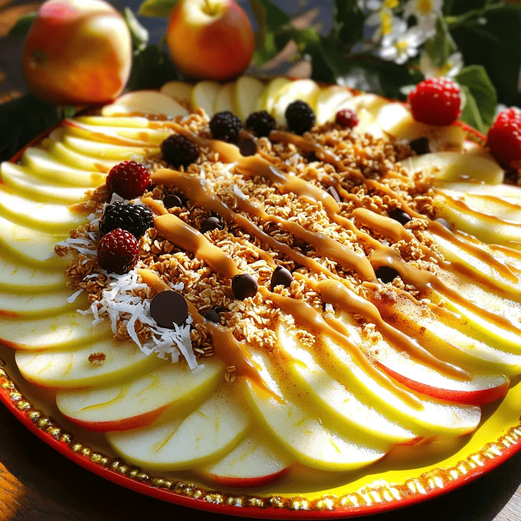 - Apples - Nut Butter Options - Sweetener Choices - Toppings and Garnishes To make Healthy Apple Nachos, you need a few simple ingredients. First, choose your apples. I love using crisp varieties like Granny Smith or Honeycrisp. They add a nice crunch and flavor. Next, pick your nut butter. Almond butter works great, but peanut butter is tasty too. Both add protein and creaminess. For sweeteners, you can use honey or maple syrup. They give a touch of sweetness without being too much. Finally, let’s talk toppings. Granola adds crunch, while mini chocolate chips bring a sweet twist. Unsweetened shredded coconut gives a tropical flair. A pinch of cinnamon adds warmth. You can also add fresh berries for color and extra flavor. You can find the full recipe below for more details. Start by washing your apples under cool water. This removes any dirt or wax. Next, dry them with a clean towel. Slice the apples into thin rounds. Aim for about 1/4 inch thick. You can remove the core, but leaving it adds a nice crunch. Once sliced, arrange the apple pieces on a plate. You can place them in a circle or a fun pattern. Make it colorful and inviting for everyone! Grab a small bowl for the drizzle. Add 1/4 cup of almond butter to the bowl. Then, mix in 2 tablespoons of honey or maple syrup. Stir well until it’s smooth. This sweet and creamy mix will be the star of your nachos. You want it to be easy to drizzle over the apples. Now it’s time to layer your toppings! Drizzle the almond butter mix evenly over the apple slices. Each piece needs a little touch of sweetness. Next, sprinkle 1/4 cup of granola on top for that perfect crunch. Then, add 2 tablespoons of mini chocolate chips and 1/4 cup of shredded coconut. For a warm touch, finish with a pinch of cinnamon sprinkled over everything. If you want, add fresh berries on top for color and taste. For the full recipe, check out the details above. Enjoy the fun and tasty experience of healthy apple nachos! To make your apple nachos even better, try adding spices. A dash of nutmeg or ginger can bring warmth. You can also sprinkle chili powder for a fun kick. Mixing toppings can change the taste. Try using dried fruits like raisins or cranberries. You can also switch the chocolate chips for crushed nuts or seeds. This way, you can create your own unique flavor combo. Presentation matters! Arrange your apple slices in a fun pattern. Use a bright plate to make the colors pop. You can serve the apple nachos with a small bowl of almond butter for dipping. Fresh mint leaves on top add color and a nice aroma. For drinks, pair with a light herbal tea or sparkling water. These drinks will balance the sweetness of the nachos. {{image_2}} You can swap apples for other fruits. Pears, bananas, or peaches work great too. Each fruit adds a unique taste. For a seasonal twist, try using berries in summer or citrus fruits in winter. These fruits are sweet and juicy, making them perfect for nachos. I understand some people have dietary needs. For nut-free options, use sunbutter or soy nut butter. Those on a vegan diet can replace honey with maple syrup. If you are gluten-free, choose gluten-free granola. If you want to make it healthier, use ripe bananas or dates instead of sweeteners. These fruits add natural sweetness and flavor. You can still enjoy a tasty treat while sticking to your diet! For the full recipe, check out the Healthy Apple Nachos section above. To store leftover apple nachos, first separate the toppings from the apple slices. This keeps the apples from getting soggy. Place apple slices in an airtight container. Cover the container tightly to keep air out. For toppings, use small bags or containers. Store them in the fridge. To keep the ingredients fresh, try to use them within a day. Apples can brown quickly, so it’s best to eat them soon. You can also add a little lemon juice to the apple slices. This helps them stay bright and fresh for a bit longer. You can keep apple nachos for about one day in the fridge. After this time, the apples may lose texture and taste. Signs of freshness include crispness and bright color. If the apples feel mushy or look brown, it’s time to toss them. For best results, enjoy your apple nachos right after making them. You will get the best flavor and crunch that way. If you want to prepare ahead, keep the toppings separate. This keeps everything fresh and ready for a tasty treat. For more details, check out the Full Recipe for Healthy Apple Nachos. Yes, you can try other nut butters. Peanut butter works well with apples. Cashew butter or sunflower seed butter also makes a great choice. Each nut butter adds its own flavor and texture. If you want a different taste, go for it! To make this recipe vegan, swap honey for maple syrup. Use a plant-based nut butter like almond or peanut. Check that your granola is vegan-friendly too. These small changes keep the dish tasty and vegan. Apple nachos pair well with yogurt or cottage cheese. You can also serve them with a fresh fruit salad. Nuts or seeds on the side add healthy crunch. These options balance the sweetness of the nachos. For a fun twist, try serving with a smoothie! Apple nachos are a fun and tasty snack. You learned about ingredients like apples and nut butter. The steps showed how to prepare and assemble this dish. We shared tips on flavors and serving ideas, plus variations for different tastes and diets. You can store these nachos for later, keeping them fresh and delicious. Try new fruits or nut butters to mix it up. Enjoy making this tasty treat that fits your style and needs!