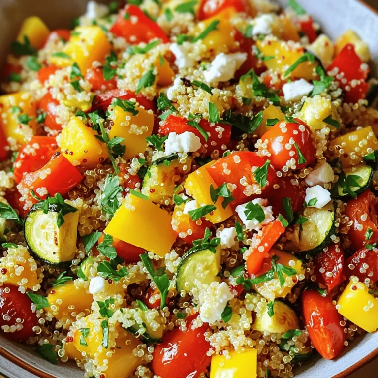 - 1 cup quinoa, rinsed - 2 cups vegetable broth - 1 red bell pepper, diced - 1 yellow bell pepper, diced - 1 zucchini, diced - 1 red onion, chopped - 1 cup cherry tomatoes, halved - 2 tablespoons olive oil - 1 teaspoon garlic powder - 1 teaspoon paprika - Salt and pepper to taste - 1/4 cup fresh parsley, chopped - Juice of 1 lemon - 1/4 cup feta cheese (optional) The heart of this salad is quinoa. It's a superfood packed with protein. Quinoa is gluten-free and easy to digest. Next, we have fresh vegetables. I love using bell peppers, zucchini, and cherry tomatoes. They add color and a sweet taste. The red onion gives a nice crunch and flavor. We coat our veggies in olive oil and seasonings. Olive oil adds richness. Garlic powder and paprika kick up the taste. You can adjust the salt and pepper to your liking. For a fresh touch, we add parsley and lemon juice. The parsley brightens the dish. Feta cheese is optional but adds a creamy texture. You can find the full recipe above to guide you through this tasty creation. - Calories per serving: About 250 calories - Key nutrients: High in protein, fiber, vitamins, and minerals This salad is not just tasty; it’s also healthy. Each serving gives you good protein and fiber. You will feel full and satisfied. The vitamins from the vegetables help keep you healthy. This dish is a great choice for lunch or dinner. Preheating the oven Start by preheating your oven to 400°F (200°C). This heat helps to roast the veggies perfectly. Chopping and seasoning the vegetables Next, chop your vegetables. Dice the bell peppers, zucchini, and red onion. Halve the cherry tomatoes. In a big bowl, toss these chopped veggies with two tablespoons of olive oil. Add one teaspoon of garlic powder, one teaspoon of paprika, and a pinch of salt and pepper. Make sure everything is well mixed to coat the vegetables evenly. Boiling vegetable broth In a medium pot, bring two cups of vegetable broth to a boil. This broth adds great flavor to the quinoa. Simmering instructions Once the broth is boiling, add one cup of rinsed quinoa. Lower the heat to a simmer and cover the pot. Let it cook for about 15 minutes. The quinoa will absorb all the broth and become fluffy. After cooking, remove it from heat and let it cool for a bit. Mixing roasted vegetables with quinoa After the vegetables are roasted and the quinoa is cooked, it’s time to mix them. In a large bowl, combine the roasted veggies with the fluffy quinoa. Adding finishing touches Squeeze the juice of one lemon over the mixture for a fresh taste. Toss everything together gently. Fold in a quarter cup of chopped parsley. If you like cheese, sprinkle some feta on top. Adjust the seasonings with more salt and pepper if needed. This dish is colorful and full of flavor. For the full recipe, check above! To make your roasted vegetable quinoa salad shine, focus on spices and herbs. I recommend using: - 1 teaspoon garlic powder - 1 teaspoon paprika - Salt and pepper to taste These add depth and warmth. You can also try fresh herbs like parsley or basil for a burst of flavor. Marinating your veggies can also enhance taste. Toss the chopped vegetables in olive oil, garlic, and spices. Let them sit for at least 30 minutes. This helps them soak up all those delicious flavors before roasting. Roasting vegetables right is key for a great salad. Start by cutting them into uniform pieces. This ensures they cook evenly. Spread them on a baking sheet in a single layer. If they are crowded, they will steam instead of roast. For quinoa, rinse it under cold water first. This removes bitterness and gives it a clean taste. Then, cook it in vegetable broth, not water. This adds extra flavor. Bring the broth to a boil, then lower the heat. Cover and let it simmer for about 15 minutes. Fluff it with a fork once done. By following these tips, you will create a salad that is not only healthy but also full of flavor and texture. For the full recipe, check out the section above. {{image_2}} You can change the vegetables based on the season. In spring, use asparagus and peas. For summer, try eggplant and corn. Autumn works well with squash and carrots. In winter, consider root vegetables like sweet potatoes and beets. Each season brings new flavors. Roasting is key to bringing out the taste. You can grill veggies instead. This method adds a smoky flavor. You can also steam them for a softer texture. Experiment with different methods to find what you love. Adding protein makes your salad even better. You can toss in black beans or chickpeas. These options boost fiber and keep you full. If you like meat, consider grilled chicken or shrimp. For a vegan option, use tofu or tempeh. These add protein and soak up flavors well. You can marinate them before cooking for even more taste. Enjoy the Full Recipe to discover all the ways you can mix it up! To store leftover salad, place it in an airtight container. This keeps it fresh for up to four days. You can also layer a paper towel in the container to absorb excess moisture. This helps prevent sogginess. For longer freshness, use glass containers. They seal tightly and do not retain odors. If your salad has feta, store it separately to keep flavors bright. The best way to reheat quinoa salad is to warm it gently in a skillet. Use low heat to prevent burning. Stir often to heat evenly. You can also enjoy this salad cold. Cold salads are crisp and refreshing. They are perfect for hot days or as a quick meal. I often serve it both ways for variety. For the Full Recipe, check back at the beginning of the article! Roasted Vegetable Quinoa Salad lasts about 4 to 5 days in the fridge. Store it in an airtight container. This keeps it fresh and safe to eat. If you notice any odd smells or changes in texture, it’s best to toss it. Always check before eating leftovers. Yes, you can make this salad ahead of time. I recommend prepping it a day in advance. Just roast the veggies and cook the quinoa. Then, mix them together right before serving. This keeps the flavors fresh and bright. You can also store the dressing separately to avoid sogginess. If you need a substitute for quinoa, try rice or couscous. Both options work well. For a gluten-free choice, use cauliflower rice or millet. These alternatives still provide a nice base and texture. You can add your favorite grains to suit your taste. Yes, this salad is gluten-free! Quinoa is naturally gluten-free, making it a great choice. If you use gluten-free broth and check other ingredients, you can enjoy it worry-free. This makes the salad perfect for those with gluten sensitivities. Roasted Vegetable Quinoa Salad is easy to make and packed with nutrients. We covered vital ingredients, cooking steps, and flavorful tips. You learned about storage and variations to keep the dish fresh and tasty. In summary, this salad is versatile and nutritious. It fits many diets and tastes. Try different veggies or proteins to make it your own. Enjoy the simple joy this dish brings to your table.