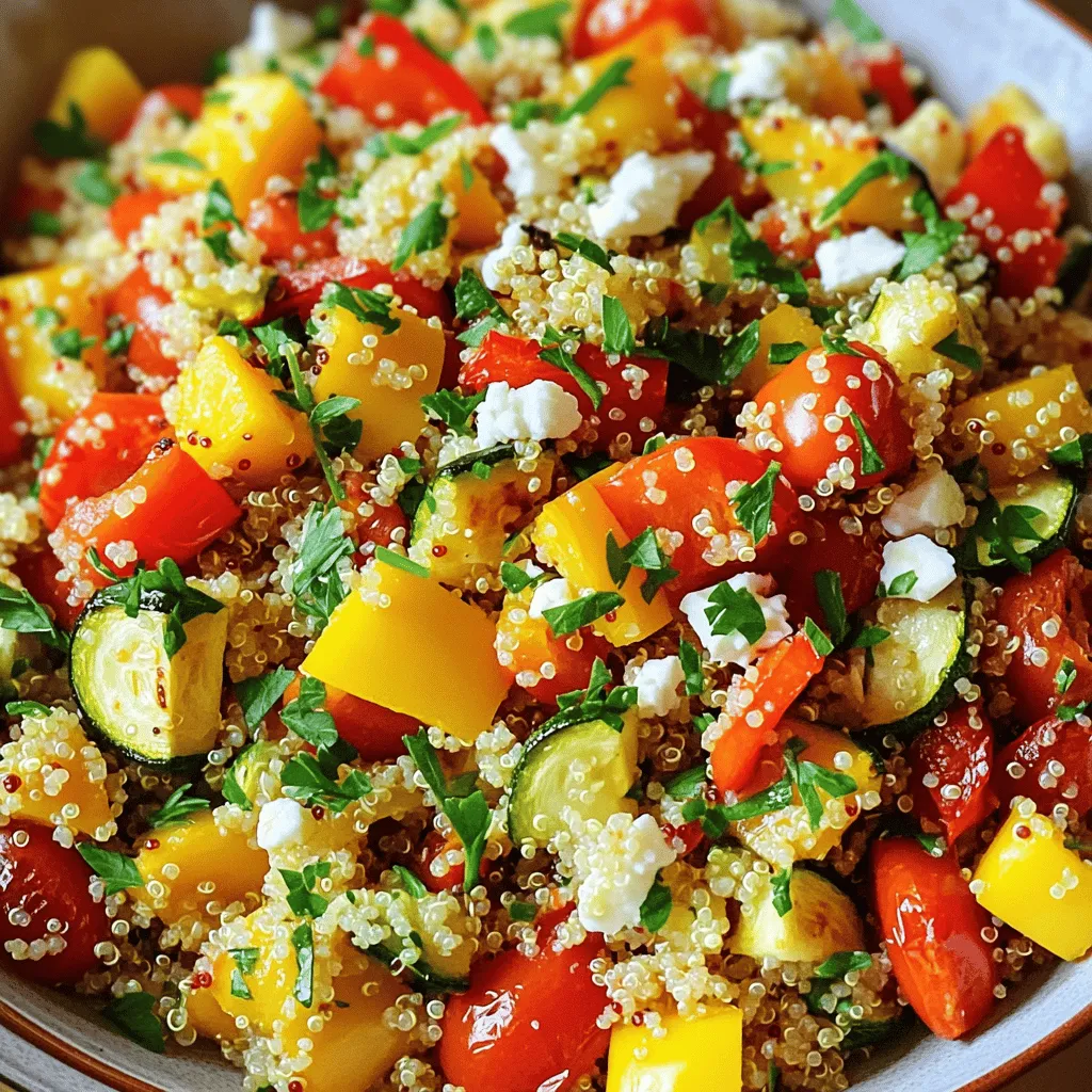 - 1 cup quinoa, rinsed - 2 cups vegetable broth - 1 red bell pepper, diced - 1 yellow bell pepper, diced - 1 zucchini, diced - 1 red onion, chopped - 1 cup cherry tomatoes, halved - 2 tablespoons olive oil - 1 teaspoon garlic powder - 1 teaspoon paprika - Salt and pepper to taste - 1/4 cup fresh parsley, chopped - Juice of 1 lemon - 1/4 cup feta cheese (optional) The heart of this salad is quinoa. It's a superfood packed with protein. Quinoa is gluten-free and easy to digest. Next, we have fresh vegetables. I love using bell peppers, zucchini, and cherry tomatoes. They add color and a sweet taste. The red onion gives a nice crunch and flavor. We coat our veggies in olive oil and seasonings. Olive oil adds richness. Garlic powder and paprika kick up the taste. You can adjust the salt and pepper to your liking. For a fresh touch, we add parsley and lemon juice. The parsley brightens the dish. Feta cheese is optional but adds a creamy texture. You can find the full recipe above to guide you through this tasty creation. - Calories per serving: About 250 calories - Key nutrients: High in protein, fiber, vitamins, and minerals This salad is not just tasty; it’s also healthy. Each serving gives you good protein and fiber. You will feel full and satisfied. The vitamins from the vegetables help keep you healthy. This dish is a great choice for lunch or dinner. Preheating the oven Start by preheating your oven to 400°F (200°C). This heat helps to roast the veggies perfectly. Chopping and seasoning the vegetables Next, chop your vegetables. Dice the bell peppers, zucchini, and red onion. Halve the cherry tomatoes. In a big bowl, toss these chopped veggies with two tablespoons of olive oil. Add one teaspoon of garlic powder, one teaspoon of paprika, and a pinch of salt and pepper. Make sure everything is well mixed to coat the vegetables evenly. Boiling vegetable broth In a medium pot, bring two cups of vegetable broth to a boil. This broth adds great flavor to the quinoa. Simmering instructions Once the broth is boiling, add one cup of rinsed quinoa. Lower the heat to a simmer and cover the pot. Let it cook for about 15 minutes. The quinoa will absorb all the broth and become fluffy. After cooking, remove it from heat and let it cool for a bit. Mixing roasted vegetables with quinoa After the vegetables are roasted and the quinoa is cooked, it’s time to mix them. In a large bowl, combine the roasted veggies with the fluffy quinoa. Adding finishing touches Squeeze the juice of one lemon over the mixture for a fresh taste. Toss everything together gently. Fold in a quarter cup of chopped parsley. If you like cheese, sprinkle some feta on top. Adjust the seasonings with more salt and pepper if needed. This dish is colorful and full of flavor. For the full recipe, check above! To make your roasted vegetable quinoa salad shine, focus on spices and herbs. I recommend using: - 1 teaspoon garlic powder - 1 teaspoon paprika - Salt and pepper to taste These add depth and warmth. You can also try fresh herbs like parsley or basil for a burst of flavor. Marinating your veggies can also enhance taste. Toss the chopped vegetables in olive oil, garlic, and spices. Let them sit for at least 30 minutes. This helps them soak up all those delicious flavors before roasting. Roasting vegetables right is key for a great salad. Start by cutting them into uniform pieces. This ensures they cook evenly. Spread them on a baking sheet in a single layer. If they are crowded, they will steam instead of roast. For quinoa, rinse it under cold water first. This removes bitterness and gives it a clean taste. Then, cook it in vegetable broth, not water. This adds extra flavor. Bring the broth to a boil, then lower the heat. Cover and let it simmer for about 15 minutes. Fluff it with a fork once done. By following these tips, you will create a salad that is not only healthy but also full of flavor and texture. For the full recipe, check out the section above. {{image_2}} You can change the vegetables based on the season. In spring, use asparagus and peas. For summer, try eggplant and corn. Autumn works well with squash and carrots. In winter, consider root vegetables like sweet potatoes and beets. Each season brings new flavors. Roasting is key to bringing out the taste. You can grill veggies instead. This method adds a smoky flavor. You can also steam them for a softer texture. Experiment with different methods to find what you love. Adding protein makes your salad even better. You can toss in black beans or chickpeas. These options boost fiber and keep you full. If you like meat, consider grilled chicken or shrimp. For a vegan option, use tofu or tempeh. These add protein and soak up flavors well. You can marinate them before cooking for even more taste. Enjoy the Full Recipe to discover all the ways you can mix it up! To store leftover salad, place it in an airtight container. This keeps it fresh for up to four days. You can also layer a paper towel in the container to absorb excess moisture. This helps prevent sogginess. For longer freshness, use glass containers. They seal tightly and do not retain odors. If your salad has feta, store it separately to keep flavors bright. The best way to reheat quinoa salad is to warm it gently in a skillet. Use low heat to prevent burning. Stir often to heat evenly. You can also enjoy this salad cold. Cold salads are crisp and refreshing. They are perfect for hot days or as a quick meal. I often serve it both ways for variety. For the Full Recipe, check back at the beginning of the article! Roasted Vegetable Quinoa Salad lasts about 4 to 5 days in the fridge. Store it in an airtight container. This keeps it fresh and safe to eat. If you notice any odd smells or changes in texture, it’s best to toss it. Always check before eating leftovers. Yes, you can make this salad ahead of time. I recommend prepping it a day in advance. Just roast the veggies and cook the quinoa. Then, mix them together right before serving. This keeps the flavors fresh and bright. You can also store the dressing separately to avoid sogginess. If you need a substitute for quinoa, try rice or couscous. Both options work well. For a gluten-free choice, use cauliflower rice or millet. These alternatives still provide a nice base and texture. You can add your favorite grains to suit your taste. Yes, this salad is gluten-free! Quinoa is naturally gluten-free, making it a great choice. If you use gluten-free broth and check other ingredients, you can enjoy it worry-free. This makes the salad perfect for those with gluten sensitivities. Roasted Vegetable Quinoa Salad is easy to make and packed with nutrients. We covered vital ingredients, cooking steps, and flavorful tips. You learned about storage and variations to keep the dish fresh and tasty. In summary, this salad is versatile and nutritious. It fits many diets and tastes. Try different veggies or proteins to make it your own. Enjoy the simple joy this dish brings to your table.