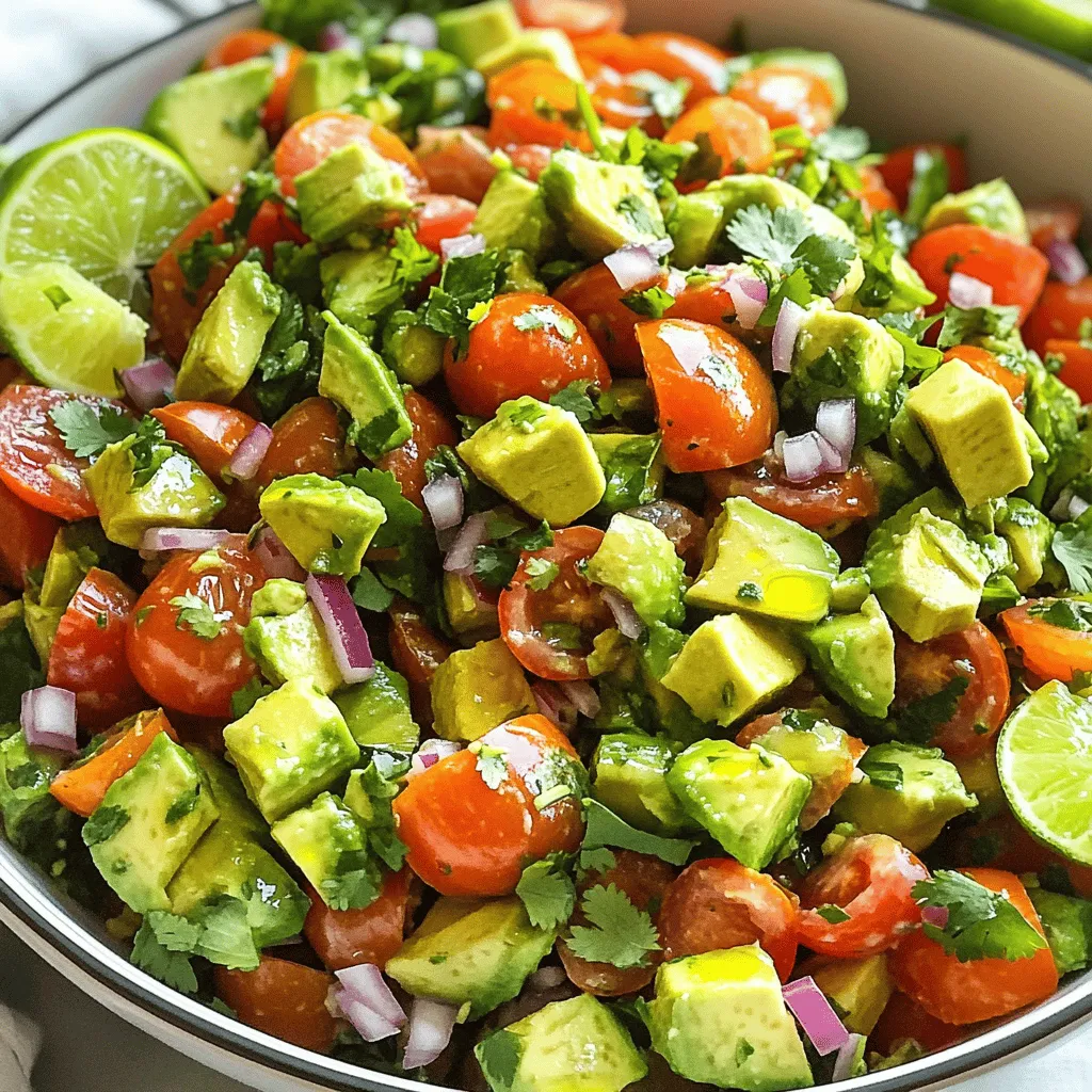 - 3 ripe tomatoes, diced - 2 ripe avocados, diced - 1 small red onion, finely chopped - 1/4 cup fresh cilantro, chopped Fresh produce makes this salad shine. Choose ripe tomatoes for sweetness and color. Ripe avocados add creaminess and healthy fats. A small red onion gives a nice crunch and sharpness. Fresh cilantro brings a bright flavor that ties everything together. - 2 tablespoons lime juice - 1 tablespoon extra virgin olive oil - Salt and pepper to taste - Optional: 1 jalapeño, finely chopped (for heat) Lime juice adds a zesty kick. Extra virgin olive oil provides richness and depth. Salt and pepper enhance the flavors. If you like heat, add a jalapeño for a spicy twist. These additional ingredients make the salad vibrant and tasty. For the full recipe, check out [Full Recipe]. 1. Start by combining the diced tomatoes and avocados in a large bowl. 2. Next, add the finely chopped red onion and fresh cilantro. 3. If you like some heat, include the optional jalapeño, finely chopped. 1. Drizzle the lime juice and olive oil over your mixture. 2. Gently toss all the ingredients with a large spoon. Be careful not to mash the avocado. 3. Adjust the seasoning with salt and pepper to suit your taste. 1. Allow the salad to rest for about five minutes. This helps the flavors meld together. 2. For presentation, serve the salad in a large bowl or on individual plates. Garnish with extra cilantro and lime wedges for a pop of color. You can drizzle a bit more olive oil on top for a glossy finish. This simple tomato avocado salad is fresh and healthy. Enjoy the vibrant colors and flavors! For more details, check the Full Recipe. To make the best tomato avocado salad, choose your ripe avocados and tomatoes wisely. Look for avocados that yield slightly when you press them. For tomatoes, pick ones that smell sweet and feel firm but not hard. This ensures your salad tastes fresh and vibrant. When you toss the ingredients, do it gently. You want to mix them well but avoid mashing the avocados. This keeps the chunks intact and makes your salad look appealing. Use a large spoon and a soft touch for the best results. Storage is key for keeping your salad fresh. If you have leftovers, put them in an airtight container. Store in the fridge and eat within one day. This way, you can enjoy the salad's bright flavors again. To add extra zest to your salad, think about additional ingredients. Chopped jalapeños can bring heat, while feta cheese adds creaminess. You might also try diced bell peppers for crunch and color. For your oil or acid, use different options like avocado oil or red wine vinegar. Each choice adds a unique flavor twist. Experiment until you find your favorite combination. Balancing spices is essential for your personal taste. Start with salt and pepper, but feel free to add garlic powder or cumin for depth. Taste as you go to find the perfect mix for you. {{image_2}} You can switch up herbs or greens in this salad. If you prefer basil, use it instead of cilantro. Spinach or arugula also adds a nice touch. You might want to try other fruits or veggies too. For example, diced mango or cucumber can add sweetness or crunch. If you want a heartier meal, add protein. Grilled chicken, shrimp, or chickpeas work well. These swaps keep the dish fresh and exciting. Adjust your ingredients based on what is in season. In summer, use fresh, juicy tomatoes. In winter, try roasted peppers or sun-dried tomatoes for warmth. You can create a winter version with different flavors. Think about adding roasted squash or beets. These add color and taste. Experiment with dressings as well. A tangy balsamic vinaigrette suits fall, while a light lemon dressing fits summer. Each season brings new tastes to explore. For the full recipe of this refreshing salad, check out the Fresh Tomato Avocado Bliss Salad. To keep your tomato avocado salad fresh, store it in the fridge. Use an airtight container to seal in moisture and flavor. The salad tastes best within one day. After that, the avocado may brown, and the tomatoes can lose their crispness. If you have leftovers, try to eat them within two days for the best taste. Can you freeze this salad? It’s not the best option. Freezing can change the texture of the tomatoes and avocados. However, if you want to prep in advance, keep the ingredients separate. You can chop the tomatoes and avocados but store them in separate containers. This way, you can mix them fresh when you are ready to eat. It ensures you enjoy vibrant flavors and textures. Can I make this salad a day in advance? You can make this salad a day ahead. However, I suggest adding the avocado just before serving. This keeps it fresh and green. What can I serve with a tomato avocado salad? This salad pairs well with grilled chicken or fish. You can also serve it with crusty bread or as a side to tacos. How do I prevent avocados from browning? To stop avocados from browning, use lime juice. The acid in lime slows oxidation. Cover leftovers tightly to keep them fresh. Is a tomato avocado salad healthy? Yes, this salad is very healthy. It is low in calories and high in nutrients. The ingredients provide vitamins, minerals, and healthy fats. What are the nutritional benefits of the ingredients? Tomatoes are full of vitamins A and C. They help your skin and eyes. Avocados provide healthy fats that are good for your heart. Onions add antioxidants, while cilantro offers detox benefits. How does this salad fit into a balanced diet? This salad fits well into a balanced diet. It includes healthy fats, fresh produce, and flavor. Pair it with proteins for a complete meal. You can enjoy it as a light lunch or side dish. Be sure to check the Full Recipe for more tips! This blog post covered how to make a fresh and tasty tomato avocado salad. We discussed choosing ripe produce and what to mix for the best flavor. I shared tips for storage and ways to add your own twist with ingredients. Remember, using fresh ingredients makes all the difference. This salad is simple yet packed with nutrition. Enjoy trying new variations, and let your creativity shine. A delicious salad awaits you, so gather your ingredients and get started!