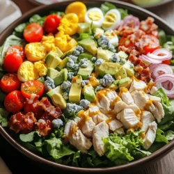 To make a Classic Cobb Salad, you need fresh and tasty ingredients. Here’s what you’ll need: - 2 cups mixed greens (like romaine or spinach) - 1 cup cooked chicken breast, diced - 2 hard-boiled eggs, chopped - 1 ripe avocado, diced - 1 cup cherry tomatoes, halved - 1/2 cup crumbled blue cheese - 1/4 cup cooked bacon bits (optional) - 1/4 cup red onion, thinly sliced These ingredients give the salad its classic taste and texture. For those who want to customize, consider adding: - Grilled shrimp or steak for extra protein - Quinoa for added texture and nutrition - Sliced bell peppers for crunch The dressing can make or break your salad. Here’s a simple yet delicious option: - 3 tablespoons olive oil - 2 tablespoons red wine vinegar (apple cider vinegar works too) - 1 teaspoon Dijon mustard - Salt and black pepper to taste Just whisk these ingredients together. You can drizzle it over the salad or serve it on the side. This allows everyone to choose their amount. For a zesty twist, try adding a squeeze of lemon juice or a dash of hot sauce to the dressing. With these ingredients and tips, you can create a Classic Cobb Salad that is both tasty and full of vibrant flavors. For the full recipe, check out the detailed instructions. To start, you need to cook the hard-boiled eggs. Place them in a pot and cover with water. Bring the water to a boil. Once boiling, turn off the heat. Cover the pot and let the eggs sit for 12 to 15 minutes. This makes them easy to peel later. After that, put the eggs in an ice bath to cool. When they are cool, peel and chop them. Next, prepare the chicken. If you have cooked chicken breast, dice it into small pieces. If not, you can bake or grill a chicken breast until it’s fully cooked. Let it cool before dicing. Now, grab a large bowl and toss the mixed greens. Use romaine and spinach for the best flavor and texture. When assembling, layer your ingredients for a nice look. Start with the mixed greens at the bottom. Then, place the diced chicken on top. Next, arrange the chopped eggs in sections over the greens. This creates a beautiful display. Add the diced avocado and halved cherry tomatoes in separate sections. Sprinkle the crumbled blue cheese evenly over the salad. If you like bacon, scatter the bits on top. Finally, add the thinly sliced red onion. This gives a nice crunch and flavor. To make the dressing, whisk together the olive oil, red wine vinegar, and Dijon mustard in a small bowl. Add salt and pepper to taste. Mix well until it’s smooth. You can drizzle the dressing over the salad right before serving. Or, serve it on the side. This lets each person use their desired amount. Toss the salad gently if you want to mix it. Or, leave it layered for a pretty presentation. For the complete recipe, check the Full Recipe section. To make a great Cobb salad, you need balanced flavors. Each ingredient should shine on its own but also work together. Start with fresh greens like romaine and spinach. They add crunch and nutrition. For protein, use juicy chicken breast. It has a mild taste that pairs well with other flavors. When it comes to vegetables, pick ripe avocados and sweet cherry tomatoes. These add creaminess and freshness. Crumbled blue cheese gives the salad a bold kick. If you like, add cooked bacon bits for a savory touch or skip them for a lighter meal. Lastly, don’t forget the thinly sliced red onion. It adds a nice bite and color. You can make parts of the Cobb salad ahead of time. Cook the chicken and hard-boil the eggs in advance. This makes assembly quick and easy. Store the greens and toppings separately. This keeps them fresh and crisp. For storage, use airtight containers. Keep the dressing in a separate jar. This way, your salad stays fresh longer. When you’re ready to eat, just toss everything together. If you prefer, serve the dressing on the side. It allows everyone to dress their salad to taste. {{image_2}} You can easily change ingredients in your Classic Cobb Salad to fit your needs. If you are avoiding meat, try using chickpeas or tofu instead of chicken. For cheese, you can swap blue cheese with feta or goat cheese for a new flavor. If you cannot eat eggs, skip them or use silken tofu as a creamy substitute. To make the dressing more exciting, try adding minced garlic or a squeeze of lemon juice. If you like heat, mix in some red pepper flakes or hot sauce. You can also play with toppings. Try adding roasted corn, diced bell peppers, or even fruits like apples or pears. These extras will give your salad a delicious twist. For the full recipe, check the Classic Cobb Salad section. To keep your salad fresh, place it in an airtight container. Make sure to store the dressing separately. This will help prevent sogginess. When ready to eat, drizzle the dressing over the salad just before serving. If you have leftover salad, try to eat it within two days for the best taste. Can you freeze Classic Cobb Salad ingredients? I do not recommend freezing the entire salad. Freezing can change the texture of many ingredients. However, you can freeze some components. For instance, you can freeze cooked chicken. Make sure it is well-sealed in a freezer bag. You can also freeze cooked bacon bits if you want. Just remember to thaw these ingredients in the fridge before using them. For the best flavor, keep the salad fresh and avoid freezing. If you want to prepare ahead, store ingredients separately. This way, you can mix them when you are ready to enjoy your salad. What is the origin of Cobb Salad? Cobb Salad comes from a restaurant in Hollywood. It started in the 1930s. The chef, Bob Cobb, made it late one night. The dish has chicken, eggs, and many fresh veggies. It became popular quickly and is a classic now. Can I make it vegetarian? Yes, you can make a vegetarian Cobb Salad. Just leave out the chicken and bacon. You can add more beans or nuts for protein. Tofu or tempeh work well too. What sides pair well with this salad? Cobb Salad pairs well with light sides. You can serve it with crusty bread or a simple fruit salad. A light soup can also be a great match. Are there healthier alternatives to dressing? Yes, there are many options. You can use plain yogurt mixed with herbs. A light vinaigrette with less oil is also a good choice. Just be sure it has good flavor without too many calories. How do I select ripe avocados? Look for avocados that feel slightly soft. Gently press on the skin. If it yields to your touch, it's ripe. A dark green skin often means it’s ready to eat. Avoid any with large dark spots or cracks. Can I serve it in a different style? Absolutely! You can serve it as a wrap or in a bowl. You can also layer it in a jar for a fun meal on the go. Just keep the dressing separate until you are ready to eat. What times of the year is it best enjoyed? Cobb Salad is great year-round. It’s fresh in spring and summer. You can use seasonal veggies for added flavor. In fall and winter, it is still satisfying with hearty toppings like roasted squash. For a complete guide on making this tasty dish, check out the Full Recipe. Classic Cobb Salad is simple yet full of flavor. We explored its key ingredients, from traditional staples to customizable options. Preparation and assembly matter for a great look and taste. Tips for balance and meal prep can enhance your salad game. We also covered variations, storage methods, and answered common questions. Make this salad a go-to for any meal. Enjoy experimenting with flavors and ingredients. You can create a dish that impresses every time you serve it. Now, let’s make your Cobb Salad experience fun and delicious!
