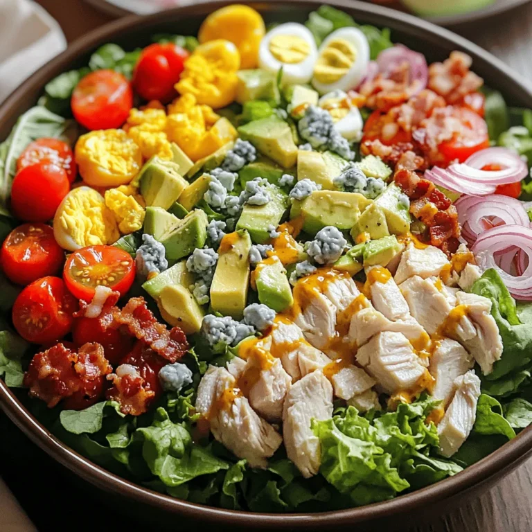 To make a Classic Cobb Salad, you need fresh and tasty ingredients. Here’s what you’ll need: - 2 cups mixed greens (like romaine or spinach) - 1 cup cooked chicken breast, diced - 2 hard-boiled eggs, chopped - 1 ripe avocado, diced - 1 cup cherry tomatoes, halved - 1/2 cup crumbled blue cheese - 1/4 cup cooked bacon bits (optional) - 1/4 cup red onion, thinly sliced These ingredients give the salad its classic taste and texture. For those who want to customize, consider adding: - Grilled shrimp or steak for extra protein - Quinoa for added texture and nutrition - Sliced bell peppers for crunch The dressing can make or break your salad. Here’s a simple yet delicious option: - 3 tablespoons olive oil - 2 tablespoons red wine vinegar (apple cider vinegar works too) - 1 teaspoon Dijon mustard - Salt and black pepper to taste Just whisk these ingredients together. You can drizzle it over the salad or serve it on the side. This allows everyone to choose their amount. For a zesty twist, try adding a squeeze of lemon juice or a dash of hot sauce to the dressing. With these ingredients and tips, you can create a Classic Cobb Salad that is both tasty and full of vibrant flavors. For the full recipe, check out the detailed instructions. To start, you need to cook the hard-boiled eggs. Place them in a pot and cover with water. Bring the water to a boil. Once boiling, turn off the heat. Cover the pot and let the eggs sit for 12 to 15 minutes. This makes them easy to peel later. After that, put the eggs in an ice bath to cool. When they are cool, peel and chop them. Next, prepare the chicken. If you have cooked chicken breast, dice it into small pieces. If not, you can bake or grill a chicken breast until it’s fully cooked. Let it cool before dicing. Now, grab a large bowl and toss the mixed greens. Use romaine and spinach for the best flavor and texture. When assembling, layer your ingredients for a nice look. Start with the mixed greens at the bottom. Then, place the diced chicken on top. Next, arrange the chopped eggs in sections over the greens. This creates a beautiful display. Add the diced avocado and halved cherry tomatoes in separate sections. Sprinkle the crumbled blue cheese evenly over the salad. If you like bacon, scatter the bits on top. Finally, add the thinly sliced red onion. This gives a nice crunch and flavor. To make the dressing, whisk together the olive oil, red wine vinegar, and Dijon mustard in a small bowl. Add salt and pepper to taste. Mix well until it’s smooth. You can drizzle the dressing over the salad right before serving. Or, serve it on the side. This lets each person use their desired amount. Toss the salad gently if you want to mix it. Or, leave it layered for a pretty presentation. For the complete recipe, check the Full Recipe section. To make a great Cobb salad, you need balanced flavors. Each ingredient should shine on its own but also work together. Start with fresh greens like romaine and spinach. They add crunch and nutrition. For protein, use juicy chicken breast. It has a mild taste that pairs well with other flavors. When it comes to vegetables, pick ripe avocados and sweet cherry tomatoes. These add creaminess and freshness. Crumbled blue cheese gives the salad a bold kick. If you like, add cooked bacon bits for a savory touch or skip them for a lighter meal. Lastly, don’t forget the thinly sliced red onion. It adds a nice bite and color. You can make parts of the Cobb salad ahead of time. Cook the chicken and hard-boil the eggs in advance. This makes assembly quick and easy. Store the greens and toppings separately. This keeps them fresh and crisp. For storage, use airtight containers. Keep the dressing in a separate jar. This way, your salad stays fresh longer. When you’re ready to eat, just toss everything together. If you prefer, serve the dressing on the side. It allows everyone to dress their salad to taste. {{image_2}} You can easily change ingredients in your Classic Cobb Salad to fit your needs. If you are avoiding meat, try using chickpeas or tofu instead of chicken. For cheese, you can swap blue cheese with feta or goat cheese for a new flavor. If you cannot eat eggs, skip them or use silken tofu as a creamy substitute. To make the dressing more exciting, try adding minced garlic or a squeeze of lemon juice. If you like heat, mix in some red pepper flakes or hot sauce. You can also play with toppings. Try adding roasted corn, diced bell peppers, or even fruits like apples or pears. These extras will give your salad a delicious twist. For the full recipe, check the Classic Cobb Salad section. To keep your salad fresh, place it in an airtight container. Make sure to store the dressing separately. This will help prevent sogginess. When ready to eat, drizzle the dressing over the salad just before serving. If you have leftover salad, try to eat it within two days for the best taste. Can you freeze Classic Cobb Salad ingredients? I do not recommend freezing the entire salad. Freezing can change the texture of many ingredients. However, you can freeze some components. For instance, you can freeze cooked chicken. Make sure it is well-sealed in a freezer bag. You can also freeze cooked bacon bits if you want. Just remember to thaw these ingredients in the fridge before using them. For the best flavor, keep the salad fresh and avoid freezing. If you want to prepare ahead, store ingredients separately. This way, you can mix them when you are ready to enjoy your salad. What is the origin of Cobb Salad? Cobb Salad comes from a restaurant in Hollywood. It started in the 1930s. The chef, Bob Cobb, made it late one night. The dish has chicken, eggs, and many fresh veggies. It became popular quickly and is a classic now. Can I make it vegetarian? Yes, you can make a vegetarian Cobb Salad. Just leave out the chicken and bacon. You can add more beans or nuts for protein. Tofu or tempeh work well too. What sides pair well with this salad? Cobb Salad pairs well with light sides. You can serve it with crusty bread or a simple fruit salad. A light soup can also be a great match. Are there healthier alternatives to dressing? Yes, there are many options. You can use plain yogurt mixed with herbs. A light vinaigrette with less oil is also a good choice. Just be sure it has good flavor without too many calories. How do I select ripe avocados? Look for avocados that feel slightly soft. Gently press on the skin. If it yields to your touch, it's ripe. A dark green skin often means it’s ready to eat. Avoid any with large dark spots or cracks. Can I serve it in a different style? Absolutely! You can serve it as a wrap or in a bowl. You can also layer it in a jar for a fun meal on the go. Just keep the dressing separate until you are ready to eat. What times of the year is it best enjoyed? Cobb Salad is great year-round. It’s fresh in spring and summer. You can use seasonal veggies for added flavor. In fall and winter, it is still satisfying with hearty toppings like roasted squash. For a complete guide on making this tasty dish, check out the Full Recipe. Classic Cobb Salad is simple yet full of flavor. We explored its key ingredients, from traditional staples to customizable options. Preparation and assembly matter for a great look and taste. Tips for balance and meal prep can enhance your salad game. We also covered variations, storage methods, and answered common questions. Make this salad a go-to for any meal. Enjoy experimenting with flavors and ingredients. You can create a dish that impresses every time you serve it. Now, let’s make your Cobb Salad experience fun and delicious!