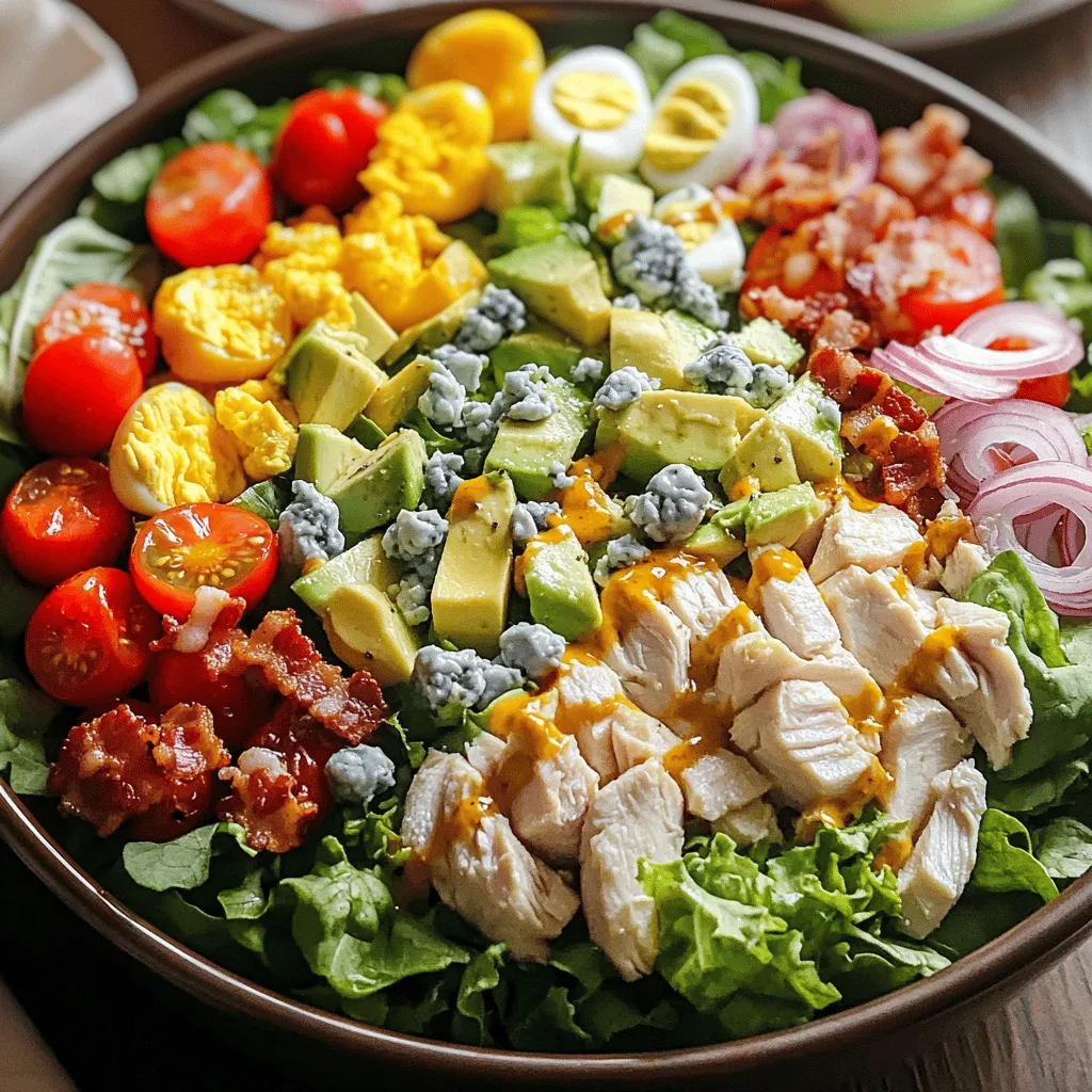 To make a Classic Cobb Salad, you need fresh and tasty ingredients. Here’s what you’ll need: - 2 cups mixed greens (like romaine or spinach) - 1 cup cooked chicken breast, diced - 2 hard-boiled eggs, chopped - 1 ripe avocado, diced - 1 cup cherry tomatoes, halved - 1/2 cup crumbled blue cheese - 1/4 cup cooked bacon bits (optional) - 1/4 cup red onion, thinly sliced These ingredients give the salad its classic taste and texture. For those who want to customize, consider adding: - Grilled shrimp or steak for extra protein - Quinoa for added texture and nutrition - Sliced bell peppers for crunch The dressing can make or break your salad. Here’s a simple yet delicious option: - 3 tablespoons olive oil - 2 tablespoons red wine vinegar (apple cider vinegar works too) - 1 teaspoon Dijon mustard - Salt and black pepper to taste Just whisk these ingredients together. You can drizzle it over the salad or serve it on the side. This allows everyone to choose their amount. For a zesty twist, try adding a squeeze of lemon juice or a dash of hot sauce to the dressing. With these ingredients and tips, you can create a Classic Cobb Salad that is both tasty and full of vibrant flavors. For the full recipe, check out the detailed instructions. To start, you need to cook the hard-boiled eggs. Place them in a pot and cover with water. Bring the water to a boil. Once boiling, turn off the heat. Cover the pot and let the eggs sit for 12 to 15 minutes. This makes them easy to peel later. After that, put the eggs in an ice bath to cool. When they are cool, peel and chop them. Next, prepare the chicken. If you have cooked chicken breast, dice it into small pieces. If not, you can bake or grill a chicken breast until it’s fully cooked. Let it cool before dicing. Now, grab a large bowl and toss the mixed greens. Use romaine and spinach for the best flavor and texture. When assembling, layer your ingredients for a nice look. Start with the mixed greens at the bottom. Then, place the diced chicken on top. Next, arrange the chopped eggs in sections over the greens. This creates a beautiful display. Add the diced avocado and halved cherry tomatoes in separate sections. Sprinkle the crumbled blue cheese evenly over the salad. If you like bacon, scatter the bits on top. Finally, add the thinly sliced red onion. This gives a nice crunch and flavor. To make the dressing, whisk together the olive oil, red wine vinegar, and Dijon mustard in a small bowl. Add salt and pepper to taste. Mix well until it’s smooth. You can drizzle the dressing over the salad right before serving. Or, serve it on the side. This lets each person use their desired amount. Toss the salad gently if you want to mix it. Or, leave it layered for a pretty presentation. For the complete recipe, check the Full Recipe section. To make a great Cobb salad, you need balanced flavors. Each ingredient should shine on its own but also work together. Start with fresh greens like romaine and spinach. They add crunch and nutrition. For protein, use juicy chicken breast. It has a mild taste that pairs well with other flavors. When it comes to vegetables, pick ripe avocados and sweet cherry tomatoes. These add creaminess and freshness. Crumbled blue cheese gives the salad a bold kick. If you like, add cooked bacon bits for a savory touch or skip them for a lighter meal. Lastly, don’t forget the thinly sliced red onion. It adds a nice bite and color. You can make parts of the Cobb salad ahead of time. Cook the chicken and hard-boil the eggs in advance. This makes assembly quick and easy. Store the greens and toppings separately. This keeps them fresh and crisp. For storage, use airtight containers. Keep the dressing in a separate jar. This way, your salad stays fresh longer. When you’re ready to eat, just toss everything together. If you prefer, serve the dressing on the side. It allows everyone to dress their salad to taste. {{image_2}} You can easily change ingredients in your Classic Cobb Salad to fit your needs. If you are avoiding meat, try using chickpeas or tofu instead of chicken. For cheese, you can swap blue cheese with feta or goat cheese for a new flavor. If you cannot eat eggs, skip them or use silken tofu as a creamy substitute. To make the dressing more exciting, try adding minced garlic or a squeeze of lemon juice. If you like heat, mix in some red pepper flakes or hot sauce. You can also play with toppings. Try adding roasted corn, diced bell peppers, or even fruits like apples or pears. These extras will give your salad a delicious twist. For the full recipe, check the Classic Cobb Salad section. To keep your salad fresh, place it in an airtight container. Make sure to store the dressing separately. This will help prevent sogginess. When ready to eat, drizzle the dressing over the salad just before serving. If you have leftover salad, try to eat it within two days for the best taste. Can you freeze Classic Cobb Salad ingredients? I do not recommend freezing the entire salad. Freezing can change the texture of many ingredients. However, you can freeze some components. For instance, you can freeze cooked chicken. Make sure it is well-sealed in a freezer bag. You can also freeze cooked bacon bits if you want. Just remember to thaw these ingredients in the fridge before using them. For the best flavor, keep the salad fresh and avoid freezing. If you want to prepare ahead, store ingredients separately. This way, you can mix them when you are ready to enjoy your salad. What is the origin of Cobb Salad? Cobb Salad comes from a restaurant in Hollywood. It started in the 1930s. The chef, Bob Cobb, made it late one night. The dish has chicken, eggs, and many fresh veggies. It became popular quickly and is a classic now. Can I make it vegetarian? Yes, you can make a vegetarian Cobb Salad. Just leave out the chicken and bacon. You can add more beans or nuts for protein. Tofu or tempeh work well too. What sides pair well with this salad? Cobb Salad pairs well with light sides. You can serve it with crusty bread or a simple fruit salad. A light soup can also be a great match. Are there healthier alternatives to dressing? Yes, there are many options. You can use plain yogurt mixed with herbs. A light vinaigrette with less oil is also a good choice. Just be sure it has good flavor without too many calories. How do I select ripe avocados? Look for avocados that feel slightly soft. Gently press on the skin. If it yields to your touch, it's ripe. A dark green skin often means it’s ready to eat. Avoid any with large dark spots or cracks. Can I serve it in a different style? Absolutely! You can serve it as a wrap or in a bowl. You can also layer it in a jar for a fun meal on the go. Just keep the dressing separate until you are ready to eat. What times of the year is it best enjoyed? Cobb Salad is great year-round. It’s fresh in spring and summer. You can use seasonal veggies for added flavor. In fall and winter, it is still satisfying with hearty toppings like roasted squash. For a complete guide on making this tasty dish, check out the Full Recipe. Classic Cobb Salad is simple yet full of flavor. We explored its key ingredients, from traditional staples to customizable options. Preparation and assembly matter for a great look and taste. Tips for balance and meal prep can enhance your salad game. We also covered variations, storage methods, and answered common questions. Make this salad a go-to for any meal. Enjoy experimenting with flavors and ingredients. You can create a dish that impresses every time you serve it. Now, let’s make your Cobb Salad experience fun and delicious!