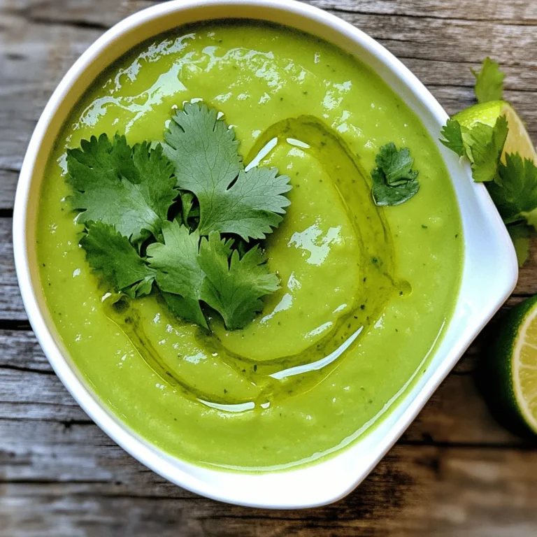 To make a refreshing chilled avocado soup, you'll need these simple ingredients: - 3 ripe avocados, peeled and pitted - 2 cups vegetable broth (preferably low-sodium) - 1 cup plain Greek yogurt - 1 clove garlic, minced - 1 tablespoon lime juice - 1 jalapeño, seeded and finely chopped - 1 teaspoon ground cumin - Salt and pepper to taste - Fresh cilantro leaves for garnish - Lime wedges for serving These ingredients blend perfectly to create a creamy and smooth texture. The avocados provide a rich flavor, while the Greek yogurt adds creaminess. The lime juice gives it a bright zing, and the jalapeño adds a hint of spice. When choosing avocados, look for ones that yield slightly when you press them. This means they are ripe and ready for your soup. The vegetable broth keeps the dish light and flavorful. Using low-sodium broth allows you to control the saltiness. You can also play with the ingredients. If you want a thicker soup, use less broth. For more spice, add more jalapeño or try a different pepper. Each ingredient adds something special, making this soup a delight. - Step 1: Blend the ingredients Start by adding the avocados, vegetable broth, Greek yogurt, minced garlic, lime juice, jalapeño, and ground cumin to a blender. Blend on high speed until smooth and creamy. This process takes just a few minutes. - Step 2: Adjust consistency and seasoning Check the soup’s thickness. If it feels too thick, add a bit more vegetable broth. After that, taste the soup. Add salt and pepper to enhance the flavor to your liking. - Step 3: Chill the soup Pour the blended soup into a bowl or container. Cover it well and place it in the fridge. Let it chill for at least 1 hour. This time allows the flavors to blend nicely. - Step 4: Serve and garnish When ready to serve, stir the soup well. Pour it into chilled bowls. Garnish with fresh cilantro leaves and add a lime wedge on the side. This step adds a nice touch and a burst of flavor. You can find the complete method in the Full Recipe. Enjoy this refreshing dish! - Pair this soup with tortilla chips for crunch. - Add shrimp or crab for a protein boost. - Serve in chilled bowls to keep it cold. - Garnish each bowl with cilantro and lime wedges. - To ensure a smooth texture, blend the soup well. - If the soup is too thick, add more broth slowly. - Use fresh lime juice for a brighter taste. - Try roasting the garlic for a sweeter flavor. - If you can’t find avocados, use ripe bananas for a creamy base. - For a dairy-free option, swap Greek yogurt with coconut cream. - You can also use nut milk instead of yogurt for creaminess. - Explore using silken tofu for a protein-packed alternative. For the full recipe, check out Chilled Avocado Delight. {{image_2}} To make a spicy avocado soup, you can add different peppers. Use jalapeños, serranos, or even habaneros for heat. Start with a small amount, then taste. You can adjust the spice level to fit your taste. If you want less heat, remove the seeds and membranes. This will help tone down the spice and keep the soup flavorful. For a refreshing twist, try adding cucumbers. They add crunch and a cool taste. Peel and chop one medium cucumber. Blend it with the other ingredients in the Full Recipe. The cucumber balances the creaminess of the avocado. You may want to add a bit more lime juice for brightness. Using fresh herbs can elevate your chilled avocado soup. Cilantro is a classic choice, but try basil or mint for a different flavor. Make sure to chop the herbs finely before blending. Pairing herbs with avocado creates a fresh and vibrant taste. Experiment to find your favorite herb combination! For storing chilled avocado soup, choose glass or BPA-free plastic containers. These materials help keep the soup fresh. Make sure the container has a tight lid. This prevents air from spoiling the soup. You want to seal it well to keep flavors strong. You can store this soup in the fridge for up to three days. Just make sure to keep it sealed. If you want to freeze it, pour the soup into ice cube trays or freezer-safe bags. This way, you can take out only what you need. When ready to eat, thaw it in the fridge overnight. Avoid refreezing once it has been thawed. To thicken chilled avocado soup, consider using these options: - Add more Greek yogurt for creaminess. - Blend in a small potato for extra body. - Include a bit of avocado oil for richness. - Use less vegetable broth to keep it dense. Each of these options enhances the texture while keeping the flavor intact. Just remember to blend well after adding any thickening agents. Yes, you can make this soup ahead of time. Here are some best practices: - Prepare the soup up to a day in advance. - Store it in an airtight container to keep it fresh. - Chill it in the refrigerator for at least one hour before serving. - Give it a stir before serving to mix the flavors. Making it in advance allows the flavors to meld beautifully. Chilled avocado soup is very healthy. Here are some nutritional benefits: - Avocados are rich in healthy fats. - Greek yogurt adds protein and probiotics. - Vegetables provide vitamins and fiber. - Lime juice offers vitamin C and boosts flavor. This soup not only tastes great but also supports a balanced diet. Yes, you can serve this soup warm. To enjoy it hot: - Heat the soup gently on the stove. - Avoid boiling to keep the creamy texture. - Taste and adjust seasoning before serving. Serving it warm gives a new twist to this delightful dish. Chilled avocado soup is easy to make with just a few simple steps. First, blend your fresh ingredients, then chill and serve with garnishes. This soup is not only delicious but also healthy and versatile. You can change flavors or use different herbs based on your taste. Remember to store leftovers properly to enjoy later. Experimenting with new ingredients can make each bowl unique. Enjoy your cooking, and feel proud of the vibrant soup you create!