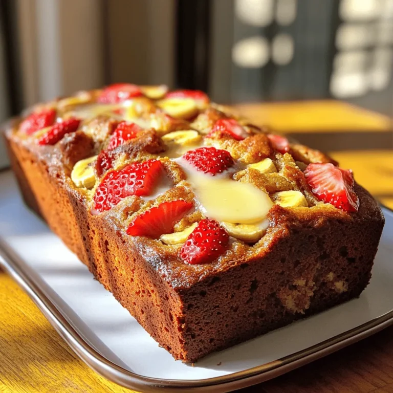 - 2 ripe bananas, mashed - 1 cup fresh strawberries, hulled and chopped - 1/2 cup granulated sugar - 1/4 cup brown sugar, packed - 1/3 cup melted coconut oil - 2 large eggs, beaten - 1 teaspoon vanilla extract - 1 teaspoon baking soda - 1/2 teaspoon salt - 1 1/2 cups all-purpose flour - 1/2 teaspoon ground cinnamon (optional) - 1/4 cup chopped walnuts or pecans (optional) When making strawberry banana bread, the ingredients are key. The bananas need to be ripe. This means they should have brown spots. Ripe bananas add sweetness and moisture. Fresh strawberries give a burst of flavor. You can use frozen strawberries, but fresh is best. I love using coconut oil in this recipe. It adds a subtle taste and keeps the bread moist. The sugars create a nice balance of sweetness. Brown sugar adds a hint of caramel flavor. Eggs bind the ingredients together. They help the bread rise and stay fluffy. Vanilla extract enhances the overall taste. It brings out the fruit flavors. Baking soda is essential for leavening. It makes the bread rise as it bakes. Salt enhances the flavors and balances the sweetness. Flour forms the base of the bread. All-purpose flour works well, but you can substitute it for gluten-free flour. If you like, add cinnamon for warmth. Nuts add crunch and flavor, but they are optional. Each ingredient plays a role in this delightful recipe. For the full recipe, check the details above. 1. Preheat oven and prepare the loaf pan First, preheat your oven to 350°F (175°C). While it heats, grease a 9x5-inch loaf pan. You can also line it with parchment paper for easy removal. 2. Combine ingredients in the mixing bowl In a large mixing bowl, mash 2 ripe bananas. Add 1/2 cup granulated sugar, 1/4 cup brown sugar, and 1/3 cup melted coconut oil. Mix until smooth and creamy. 3. Add dry ingredients and mix In a separate bowl, whisk together 1 teaspoon baking soda, 1/2 teaspoon salt, and 1 1/2 cups all-purpose flour. If you like, add 1/2 teaspoon ground cinnamon for extra flavor. Gradually mix the dry ingredients into the banana mixture. Stir until just combined. Be careful not to overmix. 4. Fold in strawberries and nuts Gently fold in 1 cup of chopped strawberries and, if you want, 1/4 cup of chopped walnuts or pecans. This adds a nice crunch and extra flavor to your bread. - Bake time and testing for doneness Pour the batter into your prepared loaf pan. Bake in the oven for 55-60 minutes. Check for doneness by inserting a toothpick into the center. If it comes out clean, your bread is ready! Once baked, remove the bread from the oven. Let it cool in the pan for about 10 minutes. Then, transfer it to a wire rack to cool completely. Serve slices warm with a pat of butter or a dollop of whipped cream. You can also sprinkle fresh strawberries on top for a lovely touch. Enjoy this Strawberry Banana Bliss Bread with family and friends! For the full recipe, check out the earlier section. - Avoiding overmixing: Mix the batter just until you see no dry flour. Overmixing makes the bread tough. It’s okay if the batter is a bit lumpy. This keeps your bread soft and light. - Ensuring optimal ripeness of bananas: Use ripe bananas for the best flavor. Look for bananas with brown spots. These bananas are sweeter and will add moisture to your bread. - Using spices like nutmeg or allspice: A pinch of nutmeg or allspice can add warmth and depth to your bread. Just a little goes a long way. These spices complement the sweetness of the strawberries and bananas nicely. You may also try adding ground cinnamon for an extra kick. For the full recipe, follow the steps closely to ensure a delicious outcome. {{image_2}} You can change fruits in this recipe. Try using blueberries or raspberries instead of strawberries. Each fruit will give a unique taste and color. You can also mix fruits. For example, add half strawberries and half blueberries for a fun twist. Sweeteners are another easy swap. Instead of granulated sugar, try honey or maple syrup. Both give a nice flavor and can make your bread moister. Just use a little less if you choose these options, as they are sweeter than regular sugar. To make this recipe vegan, you can replace eggs with flaxseed meal. Mix one tablespoon of flaxseed meal with three tablespoons of water. Let it sit for a few minutes until it thickens. This mix works well in baking and keeps your bread fluffy. For a gluten-free version, simply use gluten-free flour. Many brands offer a one-to-one substitute. Just be sure to check the label. You can also add a bit of xanthan gum if your flour does not already include it. This helps bind the ingredients together. With these easy changes, you can enjoy delicious strawberry banana bread that fits your needs! For the full recipe, check the details above. Store your strawberry banana bread in an airtight container. Keeping it at room temperature is best for short-term storage. It stays fresh for about 3 to 4 days this way. If you live in a humid area, the fridge is a safe option. The cold can help prevent mold, but it may make the bread a bit dry. To keep it moist, wrap it tightly with plastic wrap before placing it in the fridge. Freezing is a great way to save your strawberry banana bread for later. First, ensure the bread is completely cool. Then, slice it into pieces for easy thawing. Wrap each slice in plastic wrap. After that, place the wrapped slices in a freezer bag. This way, you can grab just what you need. When you're ready to enjoy it, take out a slice and let it thaw at room temperature. You can also warm it in the microwave for a few seconds. Enjoy your treat anytime! You can tell when your bread is done by using a toothpick. Insert it into the center of the loaf. If it comes out clean, the bread is ready. If it has wet batter on it, bake for a few more minutes. Keep an eye on it to avoid overbaking. Yes, you can use frozen strawberries! Just thaw them and drain excess liquid. This helps keep your batter from becoming too wet. Frozen strawberries may change the texture slightly but will still taste great in your bread. If your bread is too dense, it might be due to overmixing. Try mixing the batter gently next time. You can also ensure your bananas are ripe enough. Ripe bananas add moisture and sweetness, which help make the bread lighter. Absolutely! You can double the recipe to make more bread. Just make sure to use a larger mixing bowl. You may need to bake it longer if you use a bigger pan. Check for doneness with a toothpick as usual. Strawberry banana bread lasts about three to four days at room temperature. Store it in an airtight container to keep it fresh. If you want it to last longer, consider freezing some slices. They freeze well and taste good later. This blog post covered the key ingredients and steps for making delicious strawberry banana bread. You learned how to combine ripe bananas and strawberries for a delightful treat. I shared essential tips for the best results and ways to customize the recipe to suit your taste. In the end, baking this bread is simple and fun. Enjoy experimenting with flavors and variations. Your homemade strawberry banana bread will impress your friends and family!