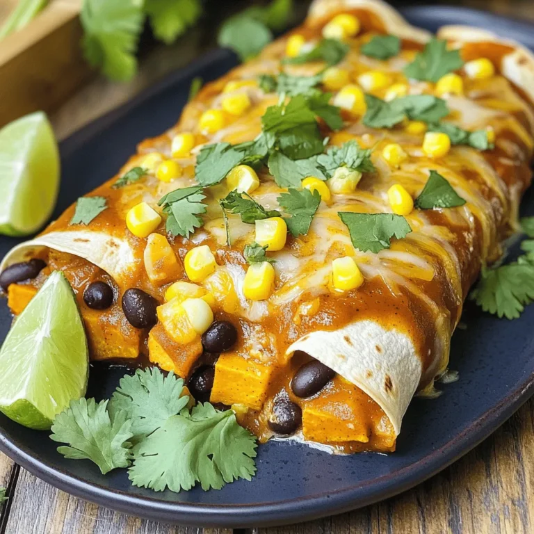 To make satisfying Sweet Potato and Black Bean Enchiladas, gather these ingredients. Each one adds to the flavor and texture of the dish. - 2 medium sweet potatoes, peeled and diced - 1 can (15 oz) black beans, drained and rinsed - 1 cup corn kernels (fresh or frozen) - 1 teaspoon cumin - 1 teaspoon chili powder - 1/2 teaspoon smoked paprika - 1/2 teaspoon garlic powder - Salt and pepper to taste - 8 corn tortillas - 2 cups enchilada sauce (red or green) - 1 cup shredded cheese (cheddar or Monterey Jack) - Fresh cilantro, for garnish - Lime wedges, for serving These ingredients create a hearty meal. Sweet potatoes offer natural sweetness. Black beans add protein and fiber. Corn brings a nice crunch. The spices, like cumin and chili powder, give it warmth and depth. When preparing, make sure to use ripe sweet potatoes. They should feel firm. Look for black beans that are cooked through. Drain and rinse them well. This helps remove excess sodium. Using corn tortillas is key. They are soft and roll easily. If you prefer, you can choose gluten-free tortillas. You can find the Full Recipe for more detailed instructions. Each step builds flavor, making your enchiladas truly special. Enjoy the fresh cilantro and lime, as they brighten up the dish! - Preheat the Oven to 375°F (190°C): Start by setting your oven to 375°F. This gives it time to heat up while you prepare the rest. - Cook the Sweet Potatoes (10-12 minutes): In a pot of boiling water, add the diced sweet potatoes. Cook them for about 10-12 minutes until they are soft. Drain them and let them cool for a moment. - Combine Ingredients in a Large Bowl: In a big bowl, mix the cooked sweet potatoes with black beans, corn, cumin, chili powder, smoked paprika, garlic powder, salt, and pepper. Stir everything until it’s well blended. - Spread Enchilada Sauce in Baking Dish: Take a 9x13 inch baking dish and pour about 1/2 cup of enchilada sauce on the bottom. This keeps the tortillas moist. - Roll and Arrange Tortillas: Grab a corn tortilla, scoop about 1/4 cup of the filling into it, and roll it tightly. Place the rolled tortilla seam-side down in the baking dish. Repeat this process until all tortillas are filled. - Cover and Bake for 20 minutes: Cover the dish with aluminum foil. Bake it in the preheated oven for 20 minutes to let the flavors blend. - Remove Foil and Bake for an Additional 10-15 minutes: After 20 minutes, take off the foil. Bake for another 10-15 minutes until the cheese on top is bubbly and golden. This step-by-step guide helps you create delicious Sweet Potato and Black Bean Enchiladas. Check out the Full Recipe for more details! - Ensuring the Sweet Potatoes are Tender Start by boiling the sweet potatoes. Cut them into small pieces. Cook them for 10 to 12 minutes. Check if they are soft by poking them with a fork. Tender sweet potatoes will mix well with black beans. - How to Roll Tortillas Without Breaking Heat the corn tortillas in a pan for a few seconds. This makes them warm and soft. As you roll, keep the filling toward one end. Tuck in the edges and roll tightly. A little practice makes it perfect! - Adding Fresh Herbs and Spices Fresh cilantro adds a nice touch. Chopped green onions can also boost flavor. You might add a pinch of cayenne for spice. Experiment with flavors to find what you love. - Suggested Cheese Alternatives Cheddar is a classic choice, but you can try others. Monterey Jack melts nicely. For a healthier option, use a vegan cheese. Choose what fits your taste best. - Pairing with Sides like Salad or Guacamole A fresh salad adds crunch and color. Guacamole complements the enchiladas well. Serve these sides to add balance to your meal. - Presentation Tips for Serving Lay the enchiladas on a nice plate. Drizzle extra sauce over them for a pop of color. Add a sprinkle of cilantro and lime wedges for a fresh look. These small details make your meal shine. For the full recipe, check out the Sweet Potato & Black Bean Enchiladas section. Enjoy creating a delicious dish! {{image_2}} You can change beans or veggies for a twist. Try pinto beans or kidney beans instead of black beans. Zucchini or bell peppers can also add color and taste. If you need gluten-free options, use corn tortillas made without wheat. They work well and hold the filling nicely. Do you like spice? Choose a spicy enchilada sauce for heat. If you prefer mild, go for a green sauce or a less spicy red sauce. You can also add toppings like creamy avocado or tangy sour cream. They enhance the flavor and add a rich texture. Want to save time? Use an Instant Pot or slow cooker. They allow for easy cooking and deeper flavors. If you're grilling, wrap the enchiladas in foil and place them on the grill. Baking works best but grilling adds a smoky taste. Experiment with both for fun! Check out the Full Recipe for more ideas and tips on making these tasty enchiladas! To store leftovers, let the enchiladas cool down first. Place them in an airtight container. They will stay fresh in the fridge for about three to five days. I recommend letting them cool for about 20 to 30 minutes before storing. This helps avoid condensation and keeps them from getting soggy. If you want to freeze enchiladas, wrap them tightly in plastic wrap. Place them in a freezer-safe bag or container. This keeps them fresh for up to three months. Be sure to label the bags with the date you freeze them. For best results, freeze them before baking. This way, you can bake them straight from the freezer. To reheat, preheat your oven to 375°F (190°C). Bake the frozen enchiladas covered for about 30-35 minutes. Remove the cover and bake for an additional 10-15 minutes. Stored enchiladas last in the fridge for about five days. In the freezer, they can last for three months. Be aware that the flavor may lessen over time. For the best taste, eat them within this time frame. If you notice a sour smell or mold, it’s best to toss them out. Always check for any changes in color or texture before eating. For the complete recipe, check out the Full Recipe. Can I make sweet potato and black bean enchiladas ahead of time? Yes, you can make these enchiladas ahead. Prepare them a day before. Keep them covered in the fridge. Bake them when you are ready to serve. They taste great even after a night in the fridge. What can I use instead of enchilada sauce? If you lack enchilada sauce, use salsa or tomato sauce. You can also blend diced tomatoes with spices. Both options provide similar flavors. Are these enchiladas vegan? Yes, these enchiladas are vegan. They contain no meat or dairy. Use a vegan cheese for a perfect touch. Can I substitute different tortillas for corn? Yes, you can use flour tortillas if you prefer. They work well in this recipe. Just make sure they are large enough to hold the filling. How can I make this recipe spicier? To spice things up, add more chili powder. You can also include jalapeños or hot sauce to the filling. Adjust according to your taste. How many servings does this recipe make? This recipe makes four servings. Each serving includes two enchiladas. You can easily double the recipe for more guests. What are good side dishes to serve with enchiladas? Pair your enchiladas with a simple salad or guacamole. Rice or beans also make great sides. These add freshness and flavor to your meal. For the full recipe, check the previous section. In this blog post, we covered how to make sweet potato and black bean enchiladas. You learned about the ingredients needed, step-by-step instructions, and tips for perfecting your dish. We explored variations and how to store leftovers. The key to great enchiladas is using fresh ingredients and following each step carefully. Enjoy experimenting with flavors and serving ideas to make this dish your own. Happy cooking!
