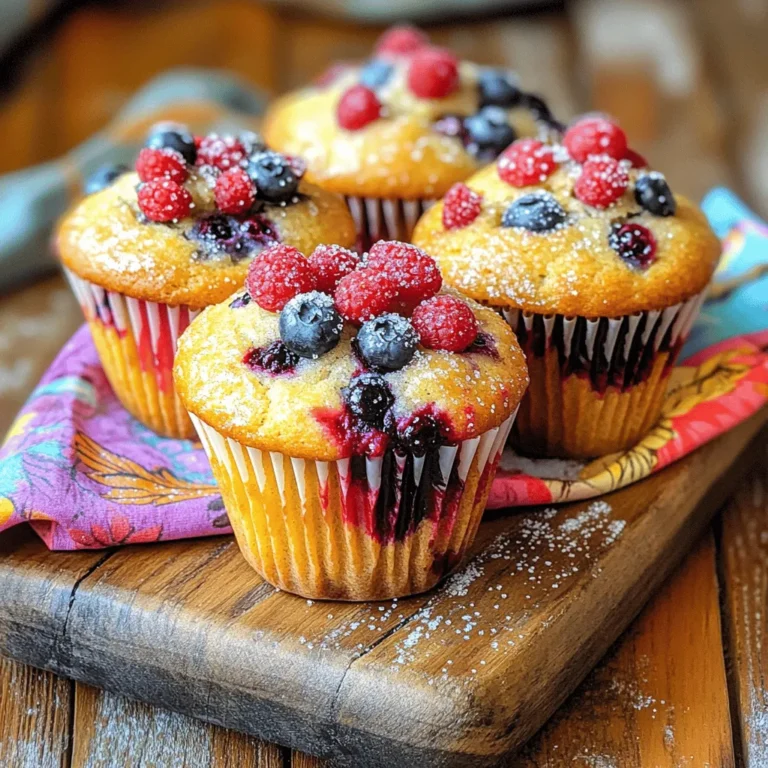 To make these triple berry muffins, you will need the following ingredients: - 1 cup all-purpose flour - 1/2 cup rolled oats - 1/2 cup granulated sugar - 1 tablespoon baking powder - 1/2 teaspoon salt - 1/2 teaspoon cinnamon - 1/2 cup milk (or almond milk) - 1/4 cup vegetable oil - 1 large egg - 1 teaspoon vanilla extract - 1/2 cup fresh blueberries - 1/2 cup fresh raspberries - 1/2 cup chopped strawberries - Optional: Turbinado sugar for topping I love using fresh berries for the best flavor. Choose ripe blueberries, raspberries, and strawberries. You can mix and match, but this trio works wonders together. If fresh berries are hard to find, frozen berries can work too. Just make sure to thaw them and drain any excess liquid before adding them to your batter. To add a little extra crunch and sweetness, consider using turbinado sugar on top. It creates a nice, crispy layer that contrasts beautifully with the soft muffin. You could also sprinkle some cinnamon or top with a dollop of whipped cream for fun. This will definitely make your muffins stand out! For the full recipe, check out the details above. 1. Preheating the Oven and Preparing the Muffin Tin Preheat your oven to 375°F (190°C). This step is key for even baking. Line a muffin tin with paper liners or grease it well with oil. This will help your muffins come out easily. 2. Mixing Dry Ingredients In a large bowl, add the following dry ingredients: - 1 cup all-purpose flour - 1/2 cup rolled oats - 1/2 cup granulated sugar - 1 tablespoon baking powder - 1/2 teaspoon salt - 1/2 teaspoon cinnamon Whisk them together until they are evenly mixed. This mix gives flavor and texture. 3. Combining Wet Ingredients In a separate bowl, whisk together: - 1/2 cup milk (or almond milk) - 1/4 cup vegetable oil - 1 large egg - 1 teaspoon vanilla extract Mix these well until they are blended. This mixture adds moisture to the muffins. 4. Folding in the Berries Pour the wet mixture into the dry ingredients. Stir gently until just combined. Be careful not to overmix. Then, fold in the berries: - 1/2 cup fresh blueberries - 1/2 cup fresh raspberries - 1/2 cup chopped strawberries This step adds bursts of flavor and color to the muffins. 5. Filling Muffin Cups Spoon the batter into the prepared muffin tin. Fill each cup about two-thirds full. If you want, sprinkle a little turbinado sugar on top for extra crunch. This topping gives a nice texture. - Recommended Baking Temperature Bake the muffins at 375°F (190°C). This temperature helps them rise perfectly. - Baking Time Guide Bake for 18-22 minutes. The muffins should be golden brown when done. - Checking for Doneness To check, insert a toothpick into the center of a muffin. If it comes out clean, your muffins are ready! This is a great way to ensure they are baked through. Follow these steps for a delightful treat. For the complete recipe, check out the Full Recipe section. Enjoy your baking! - How to Prevent Overmixing Overmixing can make muffins tough. Mix your wet and dry ingredients until they just combine. A few lumps are okay! This keeps your muffins light and fluffy. - Tips for Fluffier Muffins To make your muffins fluffier, use room temperature ingredients. Cold eggs or milk can slow down the rise. Also, don’t skip the baking powder. It helps your muffins rise nicely. - Using Frozen Berries Frozen berries work well too! Just make sure not to thaw them first. You want to add them straight to the batter. This prevents the color from bleeding into the mix. - Ideas for Serving Serve your muffins warm on a rustic wooden board. You can also place them in a basket lined with a colorful napkin. This makes them look inviting and fun! - How to Garnish for Aesthetic Appeal Add a few fresh berries on the side for a pop of color. You can sprinkle some powdered sugar on top, too. This little touch makes your muffins look like a treat from a bakery! {{image_2}} You can use different berries to change the flavor of your muffins. Each berry brings its own taste. For example, blackberries add a tangy twist, while strawberries give a sweet touch. You can mix any berries you like. The key is to keep the total amount the same: 1.5 cups of berries. Using seasonal berries is a fun idea. In summer, choose fresh blueberries, raspberries, or strawberries. Fall brings cranberries, which can add a tart flavor. Winter offers frozen berries, which work great, too! Just remember to thaw them first and drain any extra liquid. If you need to make gluten-free muffins, swap the all-purpose flour for a gluten-free blend. Many blends work well in muffins. Just ensure it has a good amount of starch for fluffiness. For vegan muffins, replace the egg with a flax egg. To make a flax egg, mix one tablespoon of ground flaxseed with three tablespoons of water. Let it sit for five minutes until it thickens. You can also use almond milk instead of regular milk, keeping the recipe dairy-free. These adjustments help everyone enjoy this tasty treat! For the full recipe, check out the full recipe section. To keep your muffins fresh, store them in an airtight container. This will help keep moisture in and prevent them from drying out. If you do not have an airtight container, you can use plastic wrap. Just make sure to cover them well. Place the muffins at room temperature away from direct sunlight. They will taste best this way. Recommended Storage Duration You can store your muffins at room temperature for up to three days. If you want to keep them longer, consider freezing them. This will help maintain their taste and texture for a few months. To freeze muffins, let them cool completely first. Wrap each muffin in plastic wrap, then place them in a freezer bag. This extra layer protects them from freezer burn. Make sure to squeeze out any air before sealing the bag. Thawing Instructions When you are ready to enjoy your muffins, take one out of the freezer. Remove the plastic wrap and place it on a plate. You can thaw it at room temperature for about an hour. If you want it warm, pop it in the microwave for about 10-15 seconds. Enjoy them fresh, just like when you baked them! For the full recipe, check out the earlier sections. Can I use frozen berries in my muffins? Yes, you can use frozen berries. They add great flavor and work well. Just remember to toss them in a bit of flour. This helps to prevent them from sinking in the batter. How do I know when my muffins are done baking? To check if your muffins are ready, insert a toothpick into the center. If it comes out clean, they are done. The tops should be golden brown and spring back when lightly pressed. Can I make the batter ahead of time? You can make the batter ahead of time. Just cover it and chill in the fridge for up to 2 hours. When you're ready, just fill the muffin cups and bake as usual. What can I serve with triple berry muffins? These muffins pair well with many treats. Try serving them with butter, cream cheese, or even a dollop of yogurt. Fresh fruit or a drizzle of honey can also add a nice touch. How do I adjust the recipe for a different serving size? Adjusting the recipe is simple. Just multiply each ingredient by the number of servings you want. For example, if you want 24 muffins, double each ingredient. Keep an eye on baking time, as larger batches may need a few extra minutes. For the full recipe, check out the earlier section. You learned how to make delicious triple berry muffins. We covered the key ingredients, like fresh berries and optional toppings. The step-by-step instructions help you prepare and bake these treats easily. I shared tips to avoid overmixing and ideas for serving. These muffins can be fun to customize with different berries or dietary needs. Proper storage keeps them fresh longer, and freezing offers more options. Enjoy your baking, and feel free to experiment with flavors and variations!