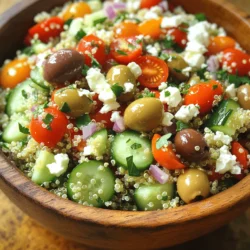 To make this tasty Mediterranean quinoa salad, gather these ingredients: - 1 cup quinoa, rinsed - 2 cups water or vegetable broth - 1 cucumber, diced - 1 cup cherry tomatoes, halved - 1 red bell pepper, diced - 1/2 red onion, finely chopped - 1 cup Kalamata olives, pitted and halved - 1/2 cup feta cheese, crumbled - 1/4 cup fresh parsley, chopped - 1/4 cup olive oil - 2 tablespoons lemon juice - 1 teaspoon dried oregano - Salt and pepper to taste When selecting your ingredients, freshness matters. Here are my top tips: - Quinoa: Choose organic quinoa if possible. Check for any small stones or debris. - Vegetables: Look for firm and vibrant cucumbers and bell peppers. For tomatoes, pick ones that are ripe and fragrant. - Olives: Opt for Kalamata olives in brine. They should be dark and glossy. - Feta Cheese: Use high-quality feta for the best flavor. Crumbled or block form is fine, but make sure it smells fresh. - Herbs: Fresh parsley should feel crisp and green. Avoid any that look wilted or brown. This salad is not just tasty but also healthy. Here’s what each key ingredient offers: - Quinoa: A great source of protein and fiber. It’s also gluten-free. - Cucumber: Hydrating and low in calories, cucumbers add crunch and vitamins. - Tomatoes: Packed with vitamins C and K, they support heart health. - Bell Pepper: High in vitamin A and antioxidants, these peppers help your immune system. - Olives: Rich in healthy fats, they promote heart health and add a savory flavor. - Feta Cheese: Provides calcium and protein, making the salad filling. This Mediterranean quinoa salad is a healthy delight that combines fresh flavors with nutrition. For the full recipe, check the section above! 1. Start with one cup of quinoa. Rinse it well under cold water. 2. In a medium saucepan, combine the rinsed quinoa with two cups of water or vegetable broth. 3. Bring this mixture to a boil. Then, lower the heat. Cover the saucepan and let it simmer. 4. Cook for about 15 minutes. The quinoa will become fluffy and absorb the liquid. 5. Once done, remove it from heat and let it cool. 6. While the quinoa cools, prepare your veggies. Dice the cucumber and bell pepper. 7. Chop the red onion finely and slice the cherry tomatoes in half. 8. Halve the Kalamata olives as well. 9. Grab a large mixing bowl. Add the cooled quinoa and all the chopped vegetables. 10. Crumble half a cup of feta cheese into the bowl. 11. In a small bowl, whisk together the olive oil, lemon juice, oregano, salt, and pepper. 12. Pour the dressing over the salad. Toss gently to coat everything evenly. 13. Lastly, fold in a quarter cup of fresh parsley. Adjust seasoning if needed. 14. Chill the salad for at least 30 minutes. This lets the flavors blend well. - When rinsing quinoa, use a fine mesh strainer to keep it all in. - The cooked quinoa should look fluffy and separate when done. - Make sure your veggies are chopped into bite-sized pieces for easy eating. - When mixing, a gentle toss helps keep the feta intact. - Use vegetable broth instead of water for a deeper flavor. - Always rinse quinoa to remove its natural coating, called saponin, which can taste bitter. - After cooking, let quinoa sit covered for 5 minutes before fluffing it with a fork. - For extra nutrition, consider adding spinach or herbs. They will boost the flavor and health benefits. For the full recipe, check the Mediterranean Quinoa Salad with Feta. Enjoy making this healthy delight! To elevate your Mediterranean quinoa salad, consider making a homemade dressing. Store-bought dressings often contain added sugars and preservatives. A simple mix of olive oil, lemon juice, and oregano brings out fresh flavors. Use about 1/4 cup of olive oil and 2 tablespoons of lemon juice for the perfect balance. Whisk them together and pour over your salad for a zesty kick. This dressing not only adds flavor but also helps coat the quinoa and veggies evenly. This salad shines on its own but pairs well with grilled chicken or fish. The lightness of the salad complements rich proteins. Serve it as a main dish for lunch or as a side for dinner. You can also add pita bread or hummus for a full Mediterranean feast. For a fun twist, try it in lettuce wraps for a crunchy bite. One common mistake is overcooking the quinoa. Follow the cooking time closely; it should be fluffy and not mushy. Another mistake is not letting the salad chill. Chilling helps the flavors meld together, making each bite more delicious. Lastly, don’t skip the seasoning. A pinch of salt and pepper can enhance all the other flavors and make your salad pop. For more guidance, check out the Full Recipe for Mediterranean Quinoa Salad with Feta. {{image_2}} You can make this salad even better by adding some tasty mix-ins. Here are my favorites: - Chickpeas: They add protein and creaminess. Just toss in one cup. - Avocado: Slice or dice one ripe avocado for smoothness. - Roasted Red Peppers: Use one cup for a sweet twist. - Artichoke Hearts: Add one can, drained and chopped, for a tangy bite. These add-ins boost flavor and nutrition, making your salad even more delightful. This salad is already gluten-free since quinoa is a gluten-free grain. To make it vegan, simply skip the feta cheese or use a plant-based cheese. Here are a few more ideas: - Vegan Option: Replace feta with tahini or avocado for creaminess. - Nut-Free: No nuts are in the recipe, so it's safe for nut allergies. - Low-Carb: Swap quinoa with riced cauliflower for fewer carbs. These tweaks help everyone enjoy this delicious dish. Adding spices and herbs can take your salad to new heights. Here are some great options: - Cumin: Add one teaspoon for a warm, earthy flavor. - Fresh Basil: Chop a handful for a fragrant twist. - Mint: A tablespoon of fresh mint brightens the dish. - Chili Flakes: For some heat, sprinkle in a pinch. Try these variations to make your Mediterranean quinoa salad unique. For the full recipe, click here. To keep your Mediterranean quinoa salad fresh, store it in an airtight container. Place it in the fridge. It will stay good for about three to four days. Make sure to cover it well. This helps keep it from drying out. You can freeze the salad for longer storage. Use a freezer-safe container. Keep it sealed tightly to avoid freezer burn. It can last up to three months in the freezer. When you’re ready to eat it, thaw it overnight in the fridge. If you want to warm it, use the microwave. Heat it for 30 seconds at a time. Stir in between to ensure even heat. You can also serve it cold. It tastes great straight from the fridge. For a fresh touch, add a drizzle of olive oil or a squeeze of lemon before serving. For the full recipe, check the earlier section! You can store Mediterranean Quinoa Salad in the fridge for up to five days. Make sure to keep it in a sealed container. The flavors will blend over time, which makes it even tastier. Just remember to check for any signs of spoilage before eating. Yes, you can make this salad ahead of time. In fact, it tastes better after chilling for a while. Prepare it a day before your event, and let it sit in the fridge. This will allow all the ingredients to soak up the dressing and flavors. If you need a substitute for feta cheese, try goat cheese or ricotta. Both add a creamy texture and great flavor. For a dairy-free option, use crumbled tofu mixed with a bit of lemon juice. This keeps the salad fresh and flavorful without the cheese. For the full recipe, check out the details provided above. Enjoy your cooking! In this blog post, we covered how to make a tasty Mediterranean Quinoa Salad. You learned about each ingredient, tips for choosing and using them, and the health benefits they provide. I shared step-by-step cooking instructions and common mistakes to avoid. We also discussed fun variations and the best ways to store and reheat your salad. Enjoy this dish for its flavors and health perks. Try different add-ins to keep it fresh and exciting. Your kitchen can become a place of flavor and health.