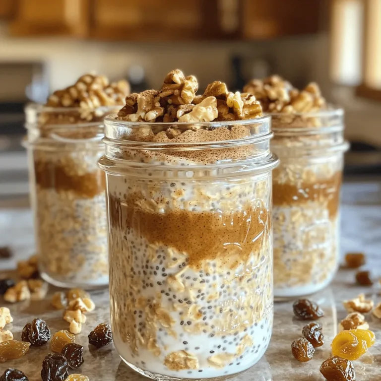 To make these delicious cinnamon roll overnight oats, you need: - 1 cup rolled oats - 1 cup almond milk (or any milk of choice) - 1 tablespoon chia seeds - 1 teaspoon vanilla extract - 1 teaspoon ground cinnamon - 1 tablespoon maple syrup (or honey) - 1/2 cup Greek yogurt (or plant-based yogurt) - 1/4 cup walnuts, chopped - 1/4 cup raisins or dried cranberries (optional) - A pinch of salt Each ingredient plays a role. The oats form the base, while the milk adds creaminess. Chia seeds help thicken the mix, and vanilla brings sweetness. Ground cinnamon gives the oats that warm, cozy flavor. Maple syrup or honey adds extra sweetness. Greek yogurt boosts protein, while walnuts and raisins provide texture and taste. You can customize your oats with fun add-ins and toppings, such as: - Fresh fruit (like bananas or apples) - Nut butter (like almond or peanut butter) - Coconut flakes - Dark chocolate chips - Extra cinnamon or nutmeg These options add variety and can keep breakfast exciting. You can adjust your toppings based on your mood or what you have on hand. If you don’t have some ingredients, here are easy swaps: - Use any milk, like cow's milk or oat milk, instead of almond milk. - Swap Greek yogurt for regular yogurt or a dairy-free option. - For sweetness, use agave syrup or brown sugar instead of maple syrup. - If you can’t find chia seeds, use flax seeds for a similar effect. These substitutions make the recipe flexible, so you can still enjoy it without running to the store. You can find the full recipe in the earlier section to help you get started. To start, gather your ingredients for the cinnamon roll overnight oats. You will need rolled oats, almond milk, chia seeds, and more. Once you have everything, follow these steps: 1. In a large bowl, mix the rolled oats, almond milk, chia seeds, vanilla extract, ground cinnamon, maple syrup, and a pinch of salt. Stir it all together until it blends well. 2. Next, fold in the Greek yogurt. This makes the oats creamier and adds protein. Mix until everything is evenly combined. 3. Now, add in the chopped walnuts and raisins if you choose to use them. These add great texture and flavor. Mix gently to keep the pieces whole. 4. Transfer the mixture into mason jars or airtight containers. You can split this into 2 to 4 servings, depending on how hungry you are. 5. Seal the jars and place them in the fridge overnight. If you’re short on time, let them sit for at least 4 hours. This helps the oats absorb the liquid. 6. In the morning, stir the oats well. If you want a thinner texture, splash in a bit more milk. 7. Finally, top your oats with more walnuts, a drizzle of maple syrup, and a sprinkle of cinnamon for that extra touch. Mixing is key to a good outcome. Here are some tips: - Use a large bowl to make stirring easier. - Make sure to stir well after adding each ingredient. This helps all flavors blend nicely. - When adding yogurt, fold it in gently. This keeps it fluffy and light. - If you want a sweeter taste, add a bit more maple syrup or honey. Storing your oats properly ensures they taste great. Here’s how to do it: - Use small jars or containers. This makes serving easier and keeps them fresh. - Layer ingredients if you like. Try oats first, then yogurt, then nuts. This looks nice! - Seal your jars tightly before putting them in the fridge. This helps keep them fresh. - If you have leftovers, stir well before eating. You might want to add more milk for a creamier texture. Following these steps will help you create tasty cinnamon roll overnight oats every time. For the full recipe, check out the section above. Enjoy your delicious breakfast! To get the best creamy texture in your cinnamon roll overnight oats, use rolled oats. They soak up the liquid well. Mix in Greek yogurt to add extra creaminess. The chia seeds also help create a thick texture. Make sure to stir the mixture well so all ingredients blend nicely. Letting the oats sit overnight is key. This allows them to absorb the milk and yogurt fully. One common mistake is not using enough liquid. The oats need enough almond milk to soften. Another mistake is skipping the chia seeds. They give thickness and help the oats stick together. Also, don’t forget to mix well. If you leave clumps, the texture will not be pleasant. Lastly, avoid adding toppings too early. They can become soggy if mixed in before serving. To boost flavor, use fresh spices. Ground cinnamon is essential, but try adding nutmeg or cardamom for a twist. You can also increase sweetness by adding more maple syrup. If you like it sweeter, a touch of brown sugar works well too. For added flavor, try mixing in vanilla extract. It complements the cinnamon nicely. Consider topping with banana slices or a sprinkle of nuts for extra taste. {{image_2}} You can change the flavor of your cinnamon roll overnight oats. Try adding cocoa powder for a chocolate twist. Instead of cinnamon, use pumpkin spice for a fall vibe. For a fruity option, mix in mashed bananas or fresh berries. You can even add nutmeg for a warm and cozy flavor. Each change will make your oats new and exciting! These oats can fit many diets. For a vegan version, swap Greek yogurt for plant-based yogurt. Use maple syrup instead of honey to keep it vegan. If you need gluten-free oats, make sure to choose gluten-free rolled oats. This way, everyone can enjoy them! Using seasonal ingredients can make your oats tastier. In the summer, add fresh strawberries or peaches. During fall, try diced apples or pumpkin puree. In winter, you can mix in cranberries or pecans. Each season brings new flavors to your breakfast! Check out the Full Recipe for all the ingredients and steps to make these oats. To keep your cinnamon roll overnight oats fresh, store them in airtight containers. Glass jars work great. Make sure each jar has a tight seal. This helps keep the oats from drying out. Always place the jars in the fridge. This keeps them cool and safe to eat. When stored properly, your overnight oats can last up to five days in the fridge. If you notice any odd smells or changes in texture, it’s best to throw them away. Always check for signs of spoilage before eating. If you plan to eat them later in the week, make them in smaller batches. You can enjoy your cinnamon roll overnight oats cold or warm. If you prefer them warm, just heat them in the microwave. Use a microwave-safe bowl and heat for about 30 seconds. Stir and check the temperature. If it needs more heat, add 10-second intervals until it’s warm. You can also add a splash of almond milk to make it creamier. Cinnamon roll overnight oats can last up to five days in the fridge. Make sure to store them in airtight containers. This way, they stay fresh and tasty. You can enjoy them as a quick breakfast all week! Yes, you can use quick oats. They will soak up the liquid faster, making your oats creamier. Just remember that they might be softer in texture compared to rolled oats. Chia seeds are tiny powerhouses! They add fiber, protein, and healthy fats. This helps keep you full longer. Plus, they absorb liquid, making your oats thicker and creamier. To make your oats sweeter, add more maple syrup or honey. You can also add fruits like bananas or berries. A pinch of brown sugar can work too, giving that extra sweet flavor. Absolutely! You can prepare these oats up to five days in advance. Just follow the Full Recipe and store them in individual jars. It makes breakfast easy and ready to go! Yes, you can easily make them dairy-free. Simply use almond milk or any non-dairy milk of your choice. You can also swap Greek yogurt for a plant-based yogurt. Enjoy your tasty oats without dairy! Cinnamon roll overnight oats are fun and tasty. We covered key ingredients, ways to customize, and how to store them. You learned step-by-step prep and tips for perfect texture. There are many variations to try, whether you want vegan or seasonal options. Now you can enjoy a sweet, simple meal that fits your needs. Mix, match, and experiment with flavors to find your favorite. Overnight oats can be your new go-to breakfast.