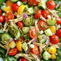To make a tasty Pesto Chicken Salad, you need fresh and simple ingredients. Here’s what you’ll need: - 2 cups cooked chicken breast, shredded - 1 cup cherry tomatoes, halved - 1 cup cucumber, diced - ½ cup red bell pepper, diced - ¼ cup red onion, finely chopped - ½ cup basil pesto (store-bought or homemade) - 2 tablespoons olive oil - Juice of 1 lemon - Salt and pepper to taste - 4 cups mixed greens (arugula, spinach, or your choice) - Optional: ¼ cup feta cheese, crumbled Each ingredient adds flavor and texture. The cooked chicken gives protein, while the veggies add crunch. The pesto brings a nice herby taste that ties it all together. You can make your salad unique with some add-ins. Here are a few ideas: - Swap chicken for grilled shrimp or tofu for a different protein. - Add avocado for creaminess and healthy fats. - Toss in nuts or seeds for extra crunch. - Use another type of cheese like goat cheese instead of feta. Feel free to mix and match based on what you like! This salad is not only delicious but also nutritious. Here’s a quick breakdown: - Calories: About 350 per serving - Protein: Approximately 30g - Fat: Around 20g - Carbohydrates: About 15g These values can change based on your choices. If you add more veggies or use less cheese, it can be lighter. This salad gives you a balanced meal with protein, fats, and carbs. For the full recipe, check out the details above. To start, gather all your ingredients. You need cooked chicken, cherry tomatoes, cucumber, red bell pepper, red onion, basil pesto, olive oil, lemon juice, salt, and pepper. You can also add mixed greens and feta cheese if you like. First, shred the cooked chicken into small pieces. Then, halve the cherry tomatoes and dice the cucumber and red bell pepper. Finally, finely chop the red onion. In a large mixing bowl, combine the shredded chicken, cherry tomatoes, cucumber, red bell pepper, and red onion. This mixture is colorful and full of flavor. Next, take a small bowl and whisk together the basil pesto, olive oil, lemon juice, salt, and pepper. Keep whisking until everything is smooth and mixed well. Now, pour the pesto dressing over the chicken and veggie mix. Toss gently to coat all the ingredients. The pesto brings everything together and adds a fresh taste. For a nice presentation, arrange mixed greens on a large serving platter. This makes the salad look vibrant and inviting. Spoon the pesto chicken mixture on top of the greens. If you want to add more flavor, sprinkle crumbled feta cheese over the salad. You can serve the salad right away, or chill it in the fridge for 30 minutes. Chilling helps the flavors blend together. For the full recipe, check out the details above. To make a tasty pesto chicken salad, start with fresh ingredients. Use cooked chicken that you love. Shredded rotisserie chicken works well. Next, chop your veggies into bite-sized pieces. This helps with even flavor in every bite. A good ratio of pesto to chicken is key. Aim for about half a cup of pesto for two cups of chicken. This gives a balanced taste. I love adding a squeeze of lemon juice for brightness. It enhances the flavors and keeps the salad fresh. For an extra kick, mix in some crumbled feta. It adds a creamy texture and salty flavor. One mistake is using old or wilted vegetables. Always check your produce before you start. Another common issue is not seasoning enough. A pinch of salt and pepper makes a big difference. If your salad tastes flat, it may need more seasoning. Don't skip chilling the salad before serving. It allows the flavors to meld. Finally, avoid overmixing your salad. You want to keep the veggies crisp and colorful. Store your pesto chicken salad in an airtight container. It lasts well in the fridge for about three days. Keep the salad separate from the greens until serving. This keeps the greens fresh and crunchy. If you plan to meal prep, divide the salad into portioned containers. This makes lunch easy and quick. You can also freeze the chicken mixture if you want to save it longer. Just remember to thaw it in the fridge before serving. For more details on the recipe, check out the Full Recipe. {{image_2}} You can switch up the chicken in your salad. Try using turkey for a leaner option. Shrimp also makes a great choice if you prefer seafood. For a vegetarian twist, use chickpeas or tofu. These options keep your salad fresh and fun. Feel free to get creative! Add fruits like apples or grapes for sweetness. Nuts like walnuts or almonds give a nice crunch. You can also experiment with different cheeses, such as goat cheese or mozzarella. These additions make each bite exciting and flavorful. Seasonal ingredients can brighten your salad. In spring, add peas or asparagus for a fresh taste. Summer is perfect for ripe peaches or zucchini. In fall, consider pumpkin or roasted sweet potatoes. Winter calls for hearty veggies like kale or brussels sprouts. Using seasonal items keeps your pesto chicken salad vibrant and delicious. Check out the Full Recipe for more ideas! To keep your pesto chicken salad fresh, store it in an airtight container. Make sure to seal it well. Place it in the fridge right after serving. It stays good for about 3 days. If you want, you can keep the dressing separate for better taste. This way, the greens won't get soggy. Freezing pesto chicken salad is not the best idea. The texture of the salad changes when frozen. The veggies may become mushy when thawed. If you want to freeze it, consider freezing the chicken and pesto separately. You can mix them with fresh veggies later for a better result. If you have leftover salad, serve it cold for the best taste. You can add a splash of lemon juice to freshen it up. If you prefer it warm, gently heat the chicken in a pan. Avoid heating the greens, as they wilt quickly. Toss everything together right before serving. For the full recipe, check out the details above. To make homemade pesto, blend fresh basil, garlic, nuts, and olive oil. Use these steps: - Ingredients: 2 cups fresh basil, 2 cloves garlic, ¼ cup pine nuts (or walnuts), ½ cup olive oil, ½ cup Parmesan cheese, salt to taste. - Steps: 1. Place basil, garlic, and nuts in a food processor. 2. Pulse until finely chopped. 3. Slowly add olive oil while blending. 4. Mix in Parmesan cheese and salt. - Adjust the flavor if needed. This homemade pesto gives your salad a fresh taste. Yes, you can prepare the salad ahead of time. Follow these tips: - Mix the chicken and veggies in a bowl. - Store the pesto dressing in a separate container. - Keep the greens fresh in a bag. - Combine everything before serving. This way, the greens stay crisp. Pesto Chicken Salad is a healthy choice. Here’s why: - It has lean protein from chicken, which helps build muscles. - The veggies add fiber, vitamins, and minerals. - Pesto contains healthy fats from nuts and olive oil. - You can control the salt and oil to keep it light. - Feel free to adjust ingredients for your health goals. Pesto chicken salad is easy to make and tasty. We covered key ingredients and fun add-ins. You learned how to prepare, mix, and serve it. I shared tips to avoid common mistakes and best storage practices. Plus, there are many ways to vary the salad to suit your taste. In short, this dish is great for meals or snacks. Enjoy making your own version!