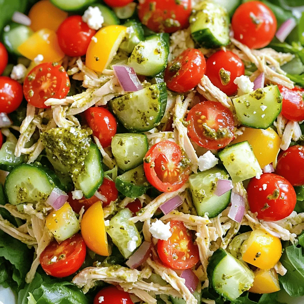 To make a tasty Pesto Chicken Salad, you need fresh and simple ingredients. Here’s what you’ll need: - 2 cups cooked chicken breast, shredded - 1 cup cherry tomatoes, halved - 1 cup cucumber, diced - ½ cup red bell pepper, diced - ¼ cup red onion, finely chopped - ½ cup basil pesto (store-bought or homemade) - 2 tablespoons olive oil - Juice of 1 lemon - Salt and pepper to taste - 4 cups mixed greens (arugula, spinach, or your choice) - Optional: ¼ cup feta cheese, crumbled Each ingredient adds flavor and texture. The cooked chicken gives protein, while the veggies add crunch. The pesto brings a nice herby taste that ties it all together. You can make your salad unique with some add-ins. Here are a few ideas: - Swap chicken for grilled shrimp or tofu for a different protein. - Add avocado for creaminess and healthy fats. - Toss in nuts or seeds for extra crunch. - Use another type of cheese like goat cheese instead of feta. Feel free to mix and match based on what you like! This salad is not only delicious but also nutritious. Here’s a quick breakdown: - Calories: About 350 per serving - Protein: Approximately 30g - Fat: Around 20g - Carbohydrates: About 15g These values can change based on your choices. If you add more veggies or use less cheese, it can be lighter. This salad gives you a balanced meal with protein, fats, and carbs. For the full recipe, check out the details above. To start, gather all your ingredients. You need cooked chicken, cherry tomatoes, cucumber, red bell pepper, red onion, basil pesto, olive oil, lemon juice, salt, and pepper. You can also add mixed greens and feta cheese if you like. First, shred the cooked chicken into small pieces. Then, halve the cherry tomatoes and dice the cucumber and red bell pepper. Finally, finely chop the red onion. In a large mixing bowl, combine the shredded chicken, cherry tomatoes, cucumber, red bell pepper, and red onion. This mixture is colorful and full of flavor. Next, take a small bowl and whisk together the basil pesto, olive oil, lemon juice, salt, and pepper. Keep whisking until everything is smooth and mixed well. Now, pour the pesto dressing over the chicken and veggie mix. Toss gently to coat all the ingredients. The pesto brings everything together and adds a fresh taste. For a nice presentation, arrange mixed greens on a large serving platter. This makes the salad look vibrant and inviting. Spoon the pesto chicken mixture on top of the greens. If you want to add more flavor, sprinkle crumbled feta cheese over the salad. You can serve the salad right away, or chill it in the fridge for 30 minutes. Chilling helps the flavors blend together. For the full recipe, check out the details above. To make a tasty pesto chicken salad, start with fresh ingredients. Use cooked chicken that you love. Shredded rotisserie chicken works well. Next, chop your veggies into bite-sized pieces. This helps with even flavor in every bite. A good ratio of pesto to chicken is key. Aim for about half a cup of pesto for two cups of chicken. This gives a balanced taste. I love adding a squeeze of lemon juice for brightness. It enhances the flavors and keeps the salad fresh. For an extra kick, mix in some crumbled feta. It adds a creamy texture and salty flavor. One mistake is using old or wilted vegetables. Always check your produce before you start. Another common issue is not seasoning enough. A pinch of salt and pepper makes a big difference. If your salad tastes flat, it may need more seasoning. Don't skip chilling the salad before serving. It allows the flavors to meld. Finally, avoid overmixing your salad. You want to keep the veggies crisp and colorful. Store your pesto chicken salad in an airtight container. It lasts well in the fridge for about three days. Keep the salad separate from the greens until serving. This keeps the greens fresh and crunchy. If you plan to meal prep, divide the salad into portioned containers. This makes lunch easy and quick. You can also freeze the chicken mixture if you want to save it longer. Just remember to thaw it in the fridge before serving. For more details on the recipe, check out the Full Recipe. {{image_2}} You can switch up the chicken in your salad. Try using turkey for a leaner option. Shrimp also makes a great choice if you prefer seafood. For a vegetarian twist, use chickpeas or tofu. These options keep your salad fresh and fun. Feel free to get creative! Add fruits like apples or grapes for sweetness. Nuts like walnuts or almonds give a nice crunch. You can also experiment with different cheeses, such as goat cheese or mozzarella. These additions make each bite exciting and flavorful. Seasonal ingredients can brighten your salad. In spring, add peas or asparagus for a fresh taste. Summer is perfect for ripe peaches or zucchini. In fall, consider pumpkin or roasted sweet potatoes. Winter calls for hearty veggies like kale or brussels sprouts. Using seasonal items keeps your pesto chicken salad vibrant and delicious. Check out the Full Recipe for more ideas! To keep your pesto chicken salad fresh, store it in an airtight container. Make sure to seal it well. Place it in the fridge right after serving. It stays good for about 3 days. If you want, you can keep the dressing separate for better taste. This way, the greens won't get soggy. Freezing pesto chicken salad is not the best idea. The texture of the salad changes when frozen. The veggies may become mushy when thawed. If you want to freeze it, consider freezing the chicken and pesto separately. You can mix them with fresh veggies later for a better result. If you have leftover salad, serve it cold for the best taste. You can add a splash of lemon juice to freshen it up. If you prefer it warm, gently heat the chicken in a pan. Avoid heating the greens, as they wilt quickly. Toss everything together right before serving. For the full recipe, check out the details above. To make homemade pesto, blend fresh basil, garlic, nuts, and olive oil. Use these steps: - Ingredients: 2 cups fresh basil, 2 cloves garlic, ¼ cup pine nuts (or walnuts), ½ cup olive oil, ½ cup Parmesan cheese, salt to taste. - Steps: 1. Place basil, garlic, and nuts in a food processor. 2. Pulse until finely chopped. 3. Slowly add olive oil while blending. 4. Mix in Parmesan cheese and salt. - Adjust the flavor if needed. This homemade pesto gives your salad a fresh taste. Yes, you can prepare the salad ahead of time. Follow these tips: - Mix the chicken and veggies in a bowl. - Store the pesto dressing in a separate container. - Keep the greens fresh in a bag. - Combine everything before serving. This way, the greens stay crisp. Pesto Chicken Salad is a healthy choice. Here’s why: - It has lean protein from chicken, which helps build muscles. - The veggies add fiber, vitamins, and minerals. - Pesto contains healthy fats from nuts and olive oil. - You can control the salt and oil to keep it light. - Feel free to adjust ingredients for your health goals. Pesto chicken salad is easy to make and tasty. We covered key ingredients and fun add-ins. You learned how to prepare, mix, and serve it. I shared tips to avoid common mistakes and best storage practices. Plus, there are many ways to vary the salad to suit your taste. In short, this dish is great for meals or snacks. Enjoy making your own version!