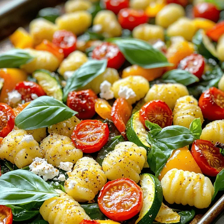 - Gnocchi: You can use store-bought or homemade gnocchi. Store-bought saves time. Homemade has a special touch but takes more work. - Vegetables: I love using fresh cherry tomatoes, bell pepper, zucchini, and spinach. They add color and flavor. Feel free to mix in your favorites. - Seasonings: Olive oil is a must for roasting. Garlic powder and Italian seasoning bring depth. Don’t forget salt and pepper to taste. - Cheese: Crumbled feta cheese is my go-to topping. It adds a salty, creamy bite that makes the dish shine. When you gather these ingredients, you're ready for a tasty and easy meal. Check out the Full Recipe for more details! - Preheat to 400°F (200°C). - Line a large baking sheet with parchment paper. First, you want to get your oven nice and hot. Preheating it to 400°F (200°C) helps the gnocchi cook evenly. While the oven heats up, grab a baking sheet. Lining it with parchment paper makes for easy cleanup. - Combine gnocchi and vegetables in a bowl. - Season and toss. Next, in a big bowl, mix the gnocchi with your veggies. Add halved cherry tomatoes, sliced bell pepper, zucchini, and fresh spinach. Drizzle in three tablespoons of olive oil. Then, sprinkle in garlic powder, Italian seasoning, salt, and pepper. Toss everything together. Make sure each piece gets some flavor. - Spread mixture on baking sheet. - Stir halfway through cooking. Now, spread the gnocchi and veggie mix onto your lined baking sheet. Keep it in a single layer for the best results. Bake it in the oven for 20 minutes. Halfway through, give it a good stir. This helps everything cook evenly. Once the time is up, sprinkle crumbled feta cheese on top. Bake for another five minutes to warm the cheese. This step adds a nice touch to your dish. Enjoy the meal! For full details on the recipe, check the Full Recipe. To avoid mushy gnocchi, cook it just until it floats in boiling water. Then, drain it well. If you roast it too long, it may turn soft. For even roasting, spread the gnocchi and veggies in a single layer on the baking sheet. This allows hot air to reach all parts. Stir halfway through cooking to ensure everything cooks evenly. For great flavors, try adding different seasonings. A pinch of red pepper flakes adds heat. You can also use smoked paprika for a rich taste. If you want to swap the feta cheese, consider goat cheese or mozzarella. Both will melt beautifully and add creaminess. This dish pairs well with a fresh green salad or crusty bread. A light white wine can also enhance the meal. For a beautiful presentation, top with fresh basil leaves. A drizzle of balsamic glaze adds a nice touch and extra flavor. Try these tips to elevate your Easy Sheet Pan Gnocchi and impress your guests! For the complete recipe, check out the Full Recipe. {{image_2}} You can easily swap out the vegetables in this dish. Use what’s in season or what you love. Try asparagus or broccoli for a nice crunch. You can also add proteins like chicken or shrimp for a heartier meal. Just cut them into bite-sized pieces and mix them in with the gnocchi. If you need gluten-free, choose gluten-free gnocchi. Many brands offer this option, and it tastes great. For a vegan version, skip the feta cheese. Instead, use plant-based cheese alternatives that melt well. Nutritional yeast is also a great choice for a cheesy flavor without dairy. To change the flavor, consider Italian-inspired additions. Sun-dried tomatoes add a rich taste. You can also give it a Mediterranean twist with olives and artichokes. These options make the dish exciting and new each time you prepare it. Check out the Full Recipe for more ideas! To keep your Easy Sheet Pan Gnocchi fresh, store leftovers in an airtight container. Place it in the fridge right away. It will stay good for up to three days. When you’re ready to eat, take it out for reheating. For the best flavor, reheat it in the oven at 350°F (175°C). This will help keep the gnocchi from getting too soft. Bake for about 10 to 15 minutes, until warm. You can also use the microwave for quick reheating but expect a softer texture. You can freeze your Easy Sheet Pan Gnocchi before or after cooking. If you freeze it before cooking, spread the uncooked gnocchi and veggies on a baking sheet. Freeze until firm, then transfer to a freezer bag. It can last up to three months in the freezer. If you cooked the dish first, let it cool completely before freezing. This will help keep the texture. Use a freezer-safe container for storage. To thaw, move the container to the fridge for a night. For quick thawing, you can microwave it on low. Remember to check the temperature before serving! The total cooking time for Easy Sheet Pan Gnocchi is about 30 minutes. You spend around 10 minutes prepping the ingredients. The baking time is 20 minutes. Stir the mixture halfway through to ensure even cooking. Yes, you can use store-bought gnocchi. Using ready-made gnocchi saves you time. It also gives you a chance to enjoy the dish quickly without making it from scratch. Homemade gnocchi can taste great, but store-bought is a fantastic option for busy days. You can serve many dishes with Easy Sheet Pan Gnocchi. A fresh salad adds a nice crunch. Garlic bread complements the meal well. You might also enjoy a glass of white wine with it. These pairings enhance the flavors and create a lovely dining experience. You can easily change the flavors in this dish. Try adding different veggies like mushrooms or asparagus. If you want more protein, add cooked chicken or shrimp. You can also swap feta cheese for a dairy-free option. Adjusting the seasonings can make it taste unique to your likes. This blog post covered everything you need for Easy Sheet Pan Gnocchi. We discussed key ingredients, like gnocchi and fresh veggies. You learned step-by-step instructions and discovered helpful tips for great texture and flavor. I also shared variations, storage methods, and answered common questions. Now, you have all the tools to create a delicious meal. Don't hesitate to experiment with flavors and ingredients you love. Enjoy cooking and savoring this dish!
