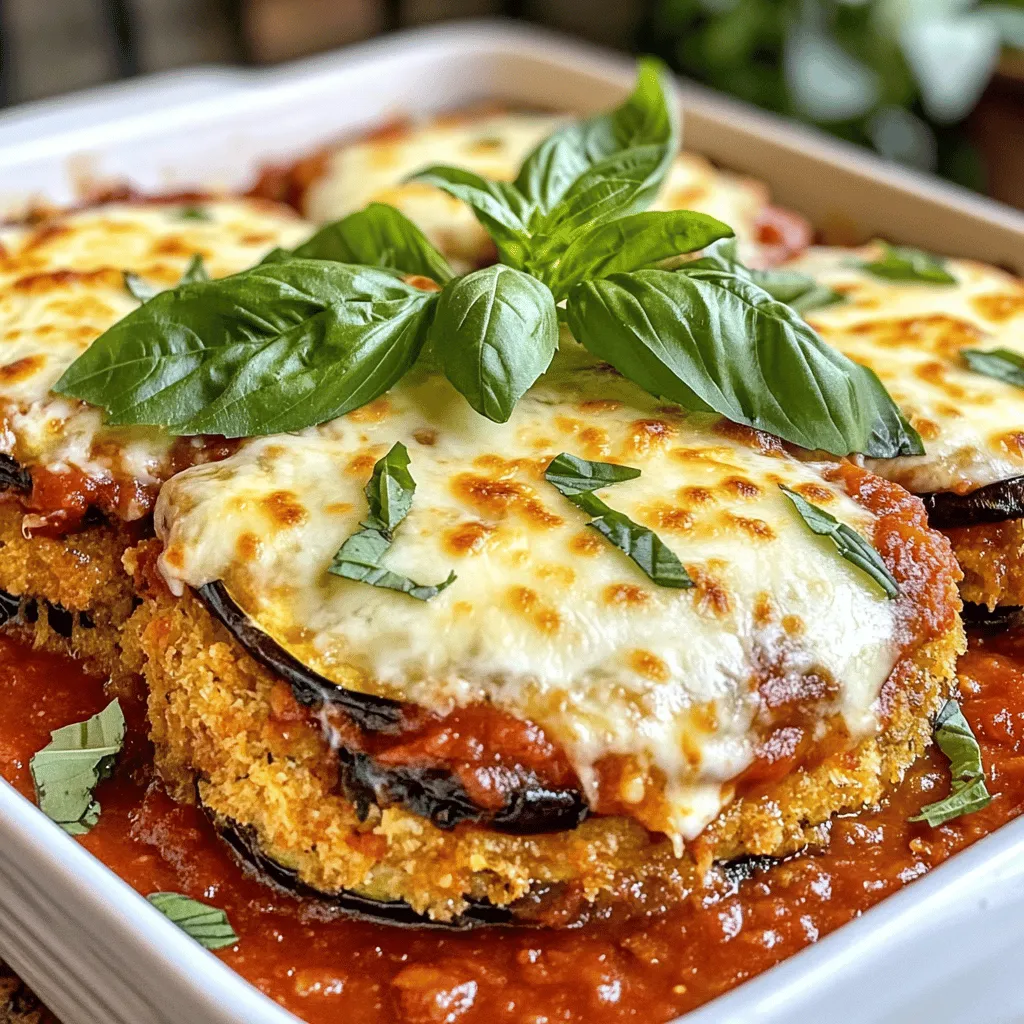 - 2 large eggplants, sliced into 1/4 inch rounds - 2 cups marinara sauce - 2 cups shredded mozzarella cheese - 1/2 cup grated Parmesan cheese - 1 cup all-purpose flour - 3 large eggs, beaten - 2 cups breadcrumbs - Seasonings: garlic powder and onion powder - Olive oil for frying - Fresh basil for garnish - 1 teaspoon salt Eggplant Parmesan is a dish full of flavor. You will need two large eggplants for this recipe. These eggplants will form the base of the dish. They should be sliced into 1/4 inch rounds. Next, you will need marinara sauce. You can use store-bought or homemade. Two cups should be enough to cover the layers. The cheese is what makes this dish special. Use two cups of shredded mozzarella cheese. It melts beautifully and gives a creamy texture. Add half a cup of grated Parmesan cheese for a savory kick. For breading, gather one cup of all-purpose flour, three large eggs, and two cups of breadcrumbs. You can use Italian seasoned breadcrumbs for extra flavor. Don’t forget to add garlic powder and onion powder to the breadcrumbs for an extra punch. You will also need olive oil for frying the eggplant. Fresh basil will make a lovely garnish. Finally, add one teaspoon of salt to draw moisture from the eggplants. This combination of ingredients brings the dish to life. For the complete preparation and cooking instructions, refer to the Full Recipe section. To start, we need to prepare the eggplant. First, slice the eggplants into 1/4 inch rounds. Place these slices in a colander and sprinkle them with salt. This step is key, as salting draws out moisture and bitterness from the eggplant. Let the slices sit for 30 minutes. Afterward, rinse them under cold water to remove excess salt. Pat them dry with paper towels to ensure they are ready for breading. Next, set up your breading station. You will need three shallow dishes. Fill the first with all-purpose flour. The second dish should hold beaten eggs. In the third, mix breadcrumbs with garlic powder and onion powder for added flavor. Now, coat each eggplant slice. First, dredge it in flour, then dip it in the eggs, and finally, coat it with breadcrumbs. Press gently to help the crumbs stick well. Now it’s time to cook the eggplant. Heat olive oil in a large skillet over medium heat. Fry the breaded eggplant slices in batches. Cook for about 3-4 minutes on each side until they turn golden brown and crispy. Once done, drain the fried slices on paper towels to remove excess oil. Preheat your oven to 375°F (190°C). Get a 9x13 inch baking dish ready. Start by spreading a thin layer of marinara sauce on the bottom. Next, layer half of the fried eggplant slices. Then add half of the remaining marinara sauce, followed by half of the mozzarella and Parmesan cheese. Repeat these layers, finishing with the remaining cheese on top. Cover the dish with aluminum foil and bake for 25 minutes. Remove the foil and bake for an additional 15 minutes, until the cheese bubbles and turns golden. Once baked, let the dish cool for a few minutes. Garnish with fresh basil leaves for a nice touch. I love serving it warm with extra marinara sauce on the side. It adds a burst of flavor that complements the dish perfectly. Enjoy your Eggplant Parmesan with family and friends! To get crispy eggplant, start by salting the slices. This helps remove moisture and bitterness. After 30 minutes, rinse the slices and dry them well. This step is key to a crispy texture. Fry in batches to keep the oil hot. If you add too many slices at once, the temperature drops. This can lead to soggy eggplant. Fry about three to four slices at a time. Each slice should have enough room to cook evenly. If you need a substitute for marinara sauce, try tomato sauce or a homemade blend. You can mix canned tomatoes with garlic and herbs for a quick fix. This gives a fresh twist to the dish. For cheese alternatives, use vegan cheese or nutritional yeast. These options can cater to dairy-free diets. They still provide a rich flavor and creamy texture. One common mistake is over-salting the eggplant. Use just enough salt to draw out moisture. Too much salt can make the dish overly salty and unappetizing. Another mistake is skipping the drying step. If the eggplant is wet when you bread it, the coating won’t stick. Always dry the slices well before breading. This ensures a perfect, crispy finish. For the complete preparation and cooking instructions, refer to the Full Recipe section. {{image_2}} You can switch up the cheese in your eggplant parmesan. Using ricotta cheese adds a creamy texture. It blends nicely with marinara sauce and mozzarella. Just mix it with some herbs for extra flavor. Adding goat cheese gives a tangy twist. It melts beautifully and adds depth to the dish. You can layer it with mozzarella for a unique taste. Both choices make the meal richer and more delicious. Think about adding more veggies to your dish. Incorporating spinach or mushrooms makes it heartier. Spinach adds a nice green color and flavor. Mushrooms bring a meaty texture that enhances the meal. You can also use seasonal vegetables. Zucchini or bell peppers work great. They add freshness and different tastes. Feel free to mix and match your favorites to create a colorful dish! If you need gluten-free options, there are easy swaps. Breadcrumb alternatives include crushed gluten-free crackers or cornmeal. They still give a crispy finish without the gluten. For flour substitutes, you can use almond flour or rice flour. These options work well for breading the eggplant. They keep the dish light and tasty while catering to dietary needs. Try these variations to make your eggplant parmesan even more delightful! For the complete preparation and cooking instructions, refer to the Full Recipe section. To keep your eggplant parmesan fresh, store it in the fridge. Use an airtight container. This helps keep flavors intact. You can also cover it tightly with plastic wrap. Just make sure the dish cools down before you store it. For reheating, the oven works best. Preheat it to 350°F (175°C). Place the dish in the oven for about 20 minutes. This keeps the texture nice and crispy. If you use a microwave, heat it in short bursts. Check often to avoid sogginess. You can freeze eggplant parmesan before or after baking. If you freeze it before, wrap it well in foil. This prevents freezer burn. If it’s already baked, let it cool before freezing. Thaw it in the fridge overnight before reheating. This gives the best results. Yes, you can prepare Eggplant Parmesan ahead of time. To do this, follow these steps: - Cook the eggplant and layer it with sauce and cheese. - Cover the dish with plastic wrap or aluminum foil. - Store it in the fridge for up to 24 hours. This makes it easy to just pop it in the oven when you’re ready to eat. You can tell the eggplant is cooked when it is golden brown and tender. Here are some signs to look for: - The eggplant should feel soft when you poke it with a fork. - It should be golden brown on the outside. - If it has a nice crispy crust, that’s a bonus! Yes, you can easily make Eggplant Parmesan vegan! Here are some substitutions: - Use a vegan cheese brand or nutritional yeast for a cheesy flavor. - Replace eggs with a mixture of flaxseed and water. - Opt for a plant-based breadcrumb option. These swaps keep the dish tasty and satisfying without animal products. Eggplant Parmesan pairs well with many side dishes. Here are some ideas: - A fresh green salad with a light vinaigrette. - Garlic bread for a crunchy side. - Steamed vegetables like broccoli or green beans. These sides complement the rich flavors of the Eggplant Parmesan and round out your meal. For the complete preparation and cooking instructions, refer to the Full Recipe section. Eggplant Parmesan is a tasty dish made with layers of eggplant, sauce, and cheese. We explored the key ingredients, like eggplants, marinara sauce, and mozzarella. I shared step-by-step instructions to prepare, cook, and bake the dish. You learned to avoid common mistakes and ways to customize your recipe. Remember, perfecting texture and using the right seasonings can make a big difference. With proper storage tips, you can enjoy leftovers later. Get ready to impress family and friends with your new cooking skills!