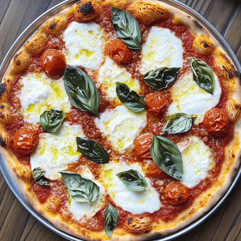 To make a great Margherita pizza, you need a few key items. Here’s what you’ll need: - 2 cups all-purpose flour - 1 teaspoon instant yeast - 3/4 teaspoon salt - 3/4 cup warm water (about 110°F) - 1 tablespoon olive oil - 1/2 cup tomato sauce (preferably San Marzano tomatoes) - 8 oz fresh mozzarella cheese, sliced - Fresh basil leaves - A drizzle of extra virgin olive oil - Salt and pepper to taste These ingredients create a classic taste that everyone loves. If you can’t find some ingredients, don’t worry! Here are some easy swaps: - Flour: You can use bread flour instead of all-purpose flour for more chew. - Instant yeast: Regular yeast works too; just activate it in water first. - Tomato sauce: Use any good quality canned tomatoes if fresh is not available. - Mozzarella: Try burrata cheese for a creamier texture. - Basil: If fresh basil is hard to find, use dried basil for a different flavor. These substitutes keep your pizza tasty and fun. When picking ingredients, always look for quality. Here’s what to consider: - Flour: Choose unbleached flour for better flavor. - Tomatoes: San Marzano tomatoes are sweet and less acidic. - Mozzarella: Buy fresh mozzarella from a local market for the best taste. - Basil: Look for vibrant green basil. It should smell fresh and strong. Good ingredients make a big difference in your pizza’s flavor. For a complete guide, check out the Full Recipe. To start, gather your ingredients. You will need 2 cups of all-purpose flour, 1 teaspoon of instant yeast, 3/4 teaspoon of salt, 3/4 cup of warm water, and 1 tablespoon of olive oil. 1. In a large bowl, mix the flour, yeast, and salt. 2. Add the warm water and olive oil. 3. Stir until a sticky dough forms. Now it’s time to knead. Turn the dough onto a floured surface and knead for about 8-10 minutes. You want it smooth and elastic. Next, let the dough rise. Place it in a greased bowl. Cover it with a damp cloth. Put the bowl in a warm spot for about 1 hour. The dough should double in size. Once the dough has risen, punch it down to release the air. Divide it into two equal pieces. Roll one piece into a 12-inch circle on a floured surface. Next, transfer the dough to parchment paper. Spread 1/4 cup of tomato sauce evenly on top, leaving a small border. Use San Marzano tomatoes for the best flavor. Now, add 8 ounces of sliced fresh mozzarella cheese on top of the sauce. Before baking, preheat your oven to the highest setting, around 475°F. Place a pizza stone or baking sheet inside to heat up. Carefully slide the pizza on the parchment paper onto the preheated stone. Bake for 10-12 minutes. The crust should be golden, and the cheese should bubble. When it’s done, take the pizza out. Scatter fresh basil leaves on top. Drizzle with extra virgin olive oil and season with salt and pepper to taste. Now, allow the pizza to cool for a minute. Slice it and serve hot! Enjoy the delightful flavors of your homemade Margherita pizza. For the complete recipe, refer to the Full Recipe. To get great dough, start with quality flour. Use all-purpose flour for a soft crust. Mix it well with instant yeast and salt. Warm water helps activate the yeast. Knead the dough until it feels smooth and elastic. This step is key to a good texture. Letting the dough rise is also important. It should double in size for the best results. When shaping the pizza, handle the dough gently. Use your hands instead of a rolling pin. This keeps the air in the dough. Aim for a 12-inch circle, about 1/4 inch thick. Use parchment paper for easy transfer to the oven. Make sure your oven is really hot before baking. This helps create a crispy crust. For a true Margherita flavor, use fresh ingredients. San Marzano tomatoes give great taste. Fresh mozzarella adds creaminess. Don't forget the basil! Add it right after baking for a fresh touch. A drizzle of extra virgin olive oil enhances the flavor. This attention to detail makes your pizza shine. For the full recipe, check out the Margherita Pizza Extravaganza . {{image_2}} You can enjoy Margherita pizza without gluten. Use gluten-free flour instead of regular flour. Mix it with instant yeast, salt, warm water, and olive oil. The dough may feel different but still taste great. Make sure to let it rise well. Follow the same steps for shaping, topping, and baking from the Full Recipe. If you want a vegan twist, swap out the cheese. Use a nut-based cheese or a vegan mozzarella. You can also make your own using cashews. Blend soaked cashews with lemon juice, garlic, and nutritional yeast. For toppings, stick with the tomato sauce and fresh basil. The result is a fresh, bright pizza that is both tasty and plant-based. Get creative with your Margherita pizza! Add sliced cherry tomatoes for extra sweetness. You can also sprinkle red pepper flakes for some heat. Try fresh arugula after baking for a peppery kick. For a gourmet touch, drizzle balsamic glaze over the top before serving. Each addition gives your pizza a unique twist while keeping the classic charm. To keep leftover Margherita pizza fresh, let it cool first. Wrap each slice in plastic wrap or foil. Place the wrapped slices in an airtight container. Store them in the fridge. They will stay good for about three days. If you want to eat them later, consider freezing them. To enjoy your pizza again, reheat it properly. The best method is using an oven. Preheat the oven to 375°F. Place the pizza on a baking sheet. Heat for about 10 minutes. This keeps the crust crispy and the cheese melty. You can also use a skillet. Heat the skillet on low, add the pizza, and cover it. This method warms the pizza evenly. If you want to save pizza dough, you can freeze it. After kneading, shape it into a ball. Wrap the dough tightly in plastic wrap. Then place it in a freezer bag. Make sure to remove excess air. The dough can stay frozen for up to three months. When ready to use, thaw it in the fridge overnight. Then let it rise at room temperature before shaping your pizza. For the full recipe, check the related section. Margherita pizza stands out due to its simple and fresh toppings. It uses just a few key ingredients: tomato sauce, fresh mozzarella, and basil. This pizza highlights quality over quantity. Many other pizzas have lots of toppings, but Margherita keeps it light and fresh. The flavor comes from each ingredient, rather than a mix of many. Yes, you can use store-bought dough. It saves time and is very convenient. Look for high-quality dough from your local bakery or supermarket. Just remember to let it rest before shaping. This helps the dough expand and rise right. While homemade dough is great, store-bought can still make a tasty pizza. Making Margherita pizza in a regular oven is simple. First, preheat your oven to the highest heat setting. If you have a pizza stone, place it inside to heat. Once ready, shape your dough and add the toppings. Bake for 10-12 minutes until the crust is golden. This method works well to create a crispy crust. The best Margherita pizza often comes from pizzerias in Italy. Naples is famous for its authentic Margherita. However, many cities worldwide have great spots. Look for places that use fresh ingredients and a wood-fired oven. Reading reviews can help you find the top-rated spots in your area. Margherita pizza has a rich history. It dates back to the late 1800s in Naples. The pizza was named after Queen Margherita of Savoy. A chef created it using the colors of the Italian flag: red, white, and green. This simple yet delicious pizza has become a symbol of Italian cuisine. To make a great Margherita pizza, you need the right ingredients and techniques. We explored key components, like flour, tomatoes, and cheese. I shared tips on selecting the best elements for flavor. The step-by-step guide helped you master the dough and baking. We discussed variations, including gluten-free and vegan options, so everyone can enjoy this dish. Finally, I covered how to store and reheat leftovers, ensuring nothing goes to waste. Now, you can create your own delicious pizza masterpiece!