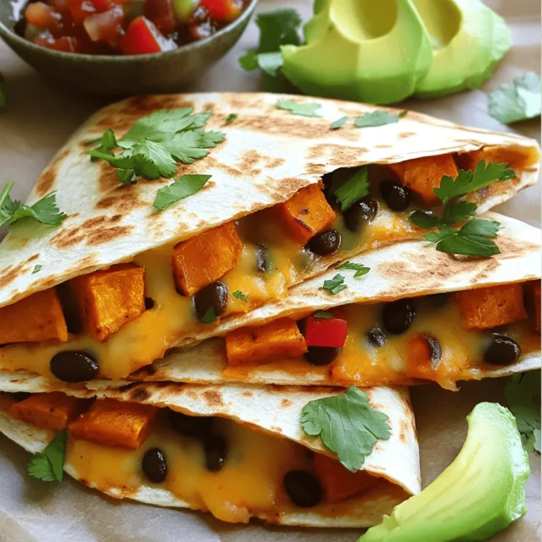 - 2 medium sweet potatoes, peeled and diced - 1 can (15 oz) black beans, rinsed and drained - 1 cup shredded cheese (cheddar or Mexican blend) - 1 red bell pepper, diced - 1 small onion, chopped - 2 cloves garlic, minced - 1 teaspoon cumin - 1 teaspoon paprika - Salt and pepper to taste - 4 large whole wheat tortillas - Olive oil for cooking - Fresh cilantro, chopped (for garnish) - Avocado slices and salsa (for serving) This dish is vibrant and full of flavor. Sweet potatoes bring a nice sweetness, while black beans add protein. The cheese provides a creamy texture that ties it all together. I love using whole wheat tortillas for a health boost. You can switch up the cheese based on your taste. Cheddar is a classic, but a Mexican blend adds more zest. Don't forget to season well with cumin and paprika. These spices give the quesadillas a warm and rich flavor. For a fresh touch, I like to add chopped cilantro as a garnish. It brightens the dish. Serving with avocado slices and salsa adds creaminess and a kick. You can find the full recipe to make these savory quesadillas easily. Enjoy! First, you need to preheat your oven to 400°F (200°C). While it heats, grab a baking sheet and line it with parchment paper. This helps the sweet potatoes cook evenly. Next, take your diced sweet potatoes and spread them on the sheet. Drizzle the sweet potatoes with olive oil. Sprinkle them with salt, pepper, cumin, and paprika. Toss them well to coat all sides. Now, roast these in the oven for about 25 to 30 minutes. Flip them halfway through for even cooking. They should come out tender and slightly caramelized. Let them cool a bit before using. In a skillet over medium heat, drizzle some olive oil. Add the chopped onion and diced red bell pepper. Sauté these for about 5 minutes until they soften. Stir them often so they cook evenly. Next, add the minced garlic. Cook for one more minute until it smells great. This makes your filling flavorful and aromatic. In a large mixing bowl, combine the roasted sweet potatoes, the sautéed onion and bell pepper, and the rinsed black beans. Add half of the shredded cheese to this mix. Gently stir everything together until it’s well mixed. Now, taste your mixture. Adjust the seasoning with salt and pepper if needed. This step is key to making sure your quesadillas are delicious. You can find the full recipe for more details on assembling. To make your quesadillas crispy, use a non-stick skillet. Heat the skillet over medium heat. Add a little olive oil before placing your tortilla in. This helps get that nice golden color. Flip the quesadilla gently. Cook each side for about 3-4 minutes. This way, the cheese melts perfectly and the tortilla stays crunchy. Choose a heavy-bottom skillet for best results. Cast iron works great, but any sturdy non-stick pan will do. This ensures even heat, which helps cook the quesadilla evenly. If you have a griddle, that’s a fantastic option too. Just remember to keep an eye on the heat to avoid burning. To boost the flavor, try adding spices like chili powder or oregano. These herbs can really make your quesadillas pop. You can also mix in some lime juice for a fresh twist. A dash of hot sauce adds a nice kick too, if you like heat. For dipping, serve your quesadillas with salsa or guacamole. These sauces add extra flavor and moisture. You might also enjoy sour cream or yogurt. Experiment with different sauces to find your favorite pairings. {{image_2}} You can easily add meat to your quesadillas. Chicken or beef work well here. Cook the meat first and then mix it with the sweet potatoes and black beans. This adds protein and flavor. If you prefer to keep things vegetarian, try adding mushrooms or extra veggies. They give a nice texture without meat. If you want a dairy-free option, use vegan cheese. It melts well and adds creaminess. You can also mix different cheeses, like pepper jack for spice or mozzarella for stretchiness. Each cheese brings a new flavor to the dish, so feel free to experiment. Tortillas come in many types. If you're gluten-free, look for corn or rice tortillas. They hold up great and taste good! You can also make your own tortillas at home. They can be softer and fresher than store-bought. Just remember that the texture and taste will change depending on your choice. For the full recipe, check the earlier section. To keep your sweet potato black bean quesadillas fresh, store them in an airtight container. Let them cool before packing. This way, they won't steam and get soggy. In the fridge, they stay good for about 3 to 4 days. Always check for any signs of spoilage before eating. If you want to save some quesadillas for later, freezing is a great option. First, let them cool completely. Then, wrap each quesadilla in plastic wrap or foil. Place them in a freezer-safe bag or container. They can stay in the freezer for up to 3 months. When you are ready to eat a frozen quesadilla, remove it from the freezer. Unwrap it and place it in a skillet over medium heat. Cook for about 5 to 7 minutes on each side until heated through. You can also reheat it in the oven at 375°F (190°C) for about 10-15 minutes. This keeps the tortilla crispy and the filling warm. For the full recipe, check out the section above. Sweet Potato Black Bean Quesadillas can last up to 3-4 days in the refrigerator. Store them in an airtight container to keep them fresh. If you want to keep them longer, you can freeze them. They last about 2-3 months in the freezer. Just wrap each quesadilla in plastic wrap and place them in a freezer bag. When you're ready to eat, thaw them in the fridge overnight. Yes, you can make these quesadillas ahead of time. Prepare the filling and store it in the fridge. You can assemble the quesadillas later when you’re ready to cook. This makes meal prep easy and quick. You can also cook them in advance and reheat them. Just make sure to follow the storage tips above for the best results. These quesadillas pair well with many sides. Consider serving them with: - Fresh avocado slices - Salsa or pico de gallo - A side salad with lime dressing - Mexican-style rice or quinoa - Black bean soup for a warm touch You can also enjoy a refreshing drink, like agua fresca or a light beer, alongside your meal. For more ideas, check the Full Recipe for fun suggestions! This blog post shares a simple way to make sweet potato black bean quesadillas. We covered key ingredients like sweet potatoes, spices, and tasty cheese. The step-by-step instructions guide you through roasting the sweet potatoes and preparing the filling. Tips for perfect crispiness and flavor add to your cooking success. Lastly, we explored different variations and storage options to keep your quesadillas fresh. Enjoy experimenting with flavors and making this dish your own. Happy cooking!