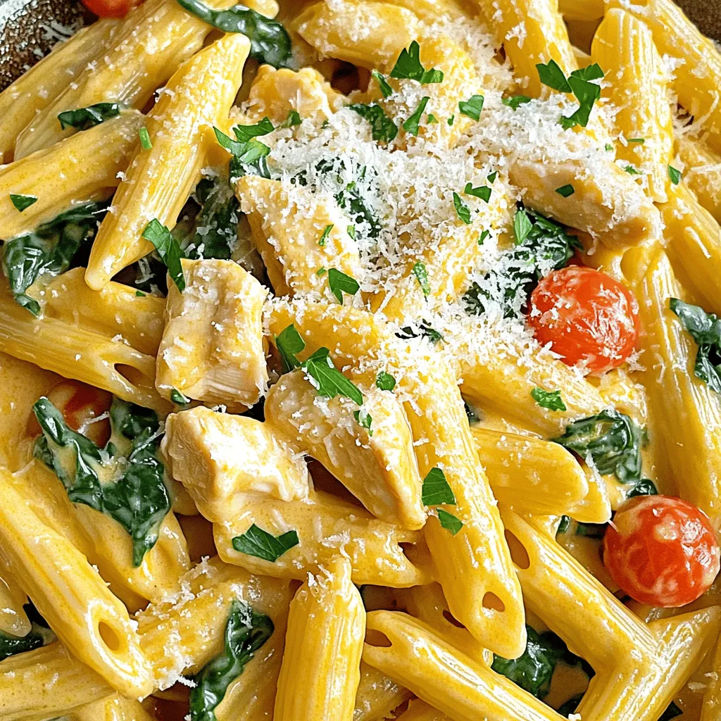 - 12 oz penne pasta - 2 chicken breasts, diced - 1 cup heavy cream - 1 cup ranch dressing - 2 tablespoons olive oil - 1 teaspoon garlic powder - 1 teaspoon onion powder - Salt and pepper to taste - Fresh parsley, chopped (for garnish) - 1 cup grated Parmesan cheese - 1 cup baby spinach - 1/2 cup cherry tomatoes, halved Gathering the right ingredients is key for making creamy ranch chicken pasta. Start with 12 ounces of penne pasta. This pasta shape holds the sauce well. Next, you need two chicken breasts. Dice them into bite-sized pieces for even cooking. The sauce comes from one cup of heavy cream and one cup of ranch dressing. This mix creates a rich and tasty flavor that everyone will love. For the seasoning, use two tablespoons of olive oil. This helps cook the chicken and adds great taste. You will also need one teaspoon of garlic powder and one teaspoon of onion powder. These spices give your dish more depth. Don’t forget salt and pepper to taste. For a fresh touch, add chopped parsley as a garnish. If you want to make the meal even better, consider these optional add-ins. One cup of grated Parmesan cheese adds creaminess. Baby spinach adds color and nutrition, while cherry tomatoes give a burst of sweetness. Now that you have your ingredients ready, you can start making this simple and satisfying meal. For the complete recipe, check out the [Full Recipe]. To cook the penne pasta, fill a large pot with water. Add a pinch of salt. Bring the water to a rolling boil. Add the penne pasta. Stir it well to prevent sticking. Cook the pasta for about 10-12 minutes. You want it to be al dente, meaning it should have a slight bite. Once done, drain the pasta and set it aside. In a large skillet, heat two tablespoons of olive oil over medium heat. Add the diced chicken breasts. Sprinkle in one teaspoon of garlic powder and one teaspoon of onion powder. Season with salt and pepper to taste. Sauté the chicken for about 7-10 minutes. Cook until the chicken is golden brown and fully cooked. This brings out all the flavors. Now for the sauce! Lower the heat and pour in one cup of heavy cream. Stir well to mix it with the chicken. Let it simmer for about two minutes. Then, add one cup of ranch dressing. Mix it in nicely. Next, slowly add one cup of grated Parmesan cheese. Keep stirring until the cheese melts, creating a smooth, creamy sauce. Time to combine everything! Add the cooked penne pasta to the skillet. Toss it gently until the pasta is fully coated in the creamy ranch sauce. Stir in one cup of baby spinach and half a cup of halved cherry tomatoes. Cook for an extra 2-3 minutes. This helps the spinach wilt and the tomatoes soften. Taste your dish and adjust the seasoning if needed. Serve right away with fresh parsley on top. For the full recipe, check the link above! To get the right thickness for your sauce, start with heavy cream. It gives a rich base. After cooking your chicken, lower the heat before adding the cream. This prevents it from boiling too much. Stir the cream in gently and let it warm. When you add ranch dressing, it will blend well. The Parmesan cheese helps thicken it too. If the sauce seems thin, let it simmer a bit longer. Remember, it will thicken as it cools. You can play with flavors to make this dish even better. Try adding some smoked paprika for a hint of smokiness. A pinch of cayenne pepper can kick up the heat. Fresh herbs like basil or thyme add freshness. You can also use a squeeze of lemon juice for a bright twist. Don’t forget to taste as you go. Adjust the salt and pepper to match your preference. This dish is great for meal prep. You can cook it ahead and store it in the fridge. Just let it cool before putting it in a container. It stays good for about three days. When you’re ready to eat, reheat it on the stove. Add a splash of milk or water to keep it creamy. Stir often to avoid sticking. You can also freeze it for up to three months. Just make sure to let it thaw in the fridge overnight before reheating. For the full recipe, check out the detailed steps above. {{image_2}} You can switch up the protein in this dish. Shrimp adds a nice twist. Cook them quickly in the skillet. Turkey is another great choice; it’s lean and flavorful. For plant-based options, try tofu or chickpeas. They soak up the sauce well and keep it creamy. Adding veggies can boost flavor and nutrition. Bell peppers bring crunch and sweetness. Sauté them with chicken for extra taste. Zucchini is another fun choice. Slice it thin and add it in the last few minutes of cooking. You can also use broccoli or peas for color. If you need gluten-free options, use gluten-free pasta. Many brands offer great choices. For dairy-free adaptations, try coconut cream instead of heavy cream. Use dairy-free ranch dressing and nutritional yeast for a cheesy flavor. These swaps keep the dish creamy and tasty. To store your Creamy Ranch Chicken Pasta, let it cool first. Place it in an airtight container. This keeps the flavors fresh and the pasta from drying out. Store it in the fridge for up to three days. When you’re ready to eat, just reheat it gently. If you want to freeze this dish, follow these steps. First, let the pasta cool completely. Then, place it in a freezer-safe container. It can last in the freezer for up to three months. To reheat, thaw it overnight in the fridge. Warm it on the stove over low heat. Add a splash of milk or cream to keep it creamy. Creamy Ranch Chicken Pasta stays fresh for about three days in the fridge. If frozen, it can last up to three months. Always check for any signs of spoilage, like off smells or changes in texture. This ensures you enjoy it at its best. You can add some heat to this dish easily. Consider using red pepper flakes. They add a nice kick without changing the flavor much. You can also add hot sauce. Just a few drops will spice it up. If you like fresh flavors, try diced jalapeños. They add heat and great taste. Mix in any of these options while cooking the chicken. Adjust the amount based on your heat preference. Yes, you can swap out the penne pasta. Some great choices are fusilli or rotini. These shapes hold onto the sauce well. If you prefer a whole grain option, use whole wheat pasta. Cook times vary slightly but usually take around 8-12 minutes. Always check the package instructions for the right cooking time. This dish pairs well with many sides. A simple green salad adds freshness. You can use romaine, spinach, or mixed greens. Garlic bread is also a great choice. It helps soak up the creamy sauce. Roasted vegetables, like broccoli or carrots, work well too. They add color and nutrients to your meal. Absolutely, kids usually love this dish! The creamy ranch flavor is mild and tasty. The pasta is easy to eat, and the chicken adds protein. You can adjust the ingredients to make it even more kid-friendly. For example, leave out any spicy elements. You can also add more veggies to sneak in some nutrition. In this blog post, we explored how to create a delicious Creamy Ranch Chicken Pasta. We covered the main ingredients, from penne pasta to chicken and ranch dressing. I shared steps for cooking the pasta, preparing the chicken, and making the creamy sauce. You learned tips for achieving the right texture and variations to fit your taste. Overall, this dish is easy to make and fun to customize. Enjoy your cooking and savor every bite!